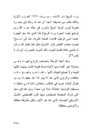 ‫ﻭﺭﺍﺀ ﺍﻟﺭﻴﺢ" ﺩﺍﺭ ﺍﻵﺩﺍﺏ – ﺒﻴـﺭﻭﺕ ١٩٩١ ﺍﻟﺠـﺯﺀ ﺍﻷﻭل(‬
‫ﻭﻟﺫﻟﻙ ﻁﻠﺏ ﻤﻥ ﺼﺩﻴﻘﺘﻪ "ﻤﺠﺩ" ﺃﻥ ﺘﻌﺩ ﻟﻪ ﺭﺤﻠﺔ ﺇﻟﻰ ﺒﺤﻴـﺭﺓ‬
‫ﻁﺒﺭﻴﺔ ﻟﻴﺯﻭﺭ ﻗﺭﻴﺘﻪ "ﺴﻤﺦ" ﻭﻟﻴﺯﻭﺭ ﻗﺒﺭ ﺨﺎﻟﻪ ﻋﺒـﺩ ﺍﻟﻜـﺭﻴﻡ‬
‫)ﺭﺍﺠﻊ ﺃﻴ ‪‬ﺎ "ﺒﺤﻴﺭﺓ ﻭﺭﺍﺀ ﺍﻟﺭﻴﺢ"( ﻫﺫﺍ ﺍﻟﺫﻱ ﻋﺎﺩ ﺒﻌﺩ ﺍﻟﻬﺠﺭﺓ‬
                                             ‫ﻀ‬
‫ﻋﻨﺩﻤﺎ ﺃﺩﻤﻰ ﺍﻟﺭﺤﻴل ﺃﻗﺩﺍﻤﻪ، ﺃﻀﻨﺘﻪ ﺍﻟﻐﺭﺒﺔ، ﻋﺎﺩ ﺇﻟﻰ "ﺴـﻤﺦ"‬
‫ﻟﻴﻤﻭﺕ ﺒﺠﺎﻨﺏ ﺃﻨﻘﺎﺽ )ﺩﺍﺭ ﺍﻷﻤﺎﻥ(، ﻓﻌل ﻜﻤﺎ ﺘﻔﻌل ﺍﻟﻐـﺯﻻﻥ‬
‫ﺇﺫ ﺘﻨﺘﺤﻲ ﻤﻜﺎ ﹰﺎ ﻗﺼ ‪‬ﺎ ﻟﺘﻤﻭﺕ ﺫﻟﻙ ﺍﻟﻤﻭﺕ ﺍﻟﺠﻤﻴـل، ﺍﻟﺭﻭﺍﻴـﺔ‬
                                   ‫ﻴ‬     ‫ﻨ‬
                                              ‫)ﺹ٢٣(.‬
‫ﻭﺘﻌﺩ "ﻤﺠﺩ" ﻟﻠﺭﺤﻠﺔ ﻭﺘﺼﺎﺤﺏ ﺍﻟﺭﺍﻭﻱ ﻓﻴﻬـﺎ، ﻭﻫـﻲ‬
‫ﻤﺤﺎﻭﻟﺔ ﻏﻴﺭ ﺃﻜﻴﺩﺓ ﻤﻨﻬﺎ ﻹﻋﺎﺩﺓ ﺼﻠﺔ ﻗﺩﻴﻤﺔ ﻜﺎﻨﺕ ﺒﻴﻨﻬﻤﺎ، ﻟﻜﻨﻬﺎ‬
‫ﻗﺩﻴﻤﺔ ﻭﻻ ﺘﺼﻠﺢ ﻟﻠﺤﻴﺎﺓ، ﻷﻨﻬﺎ – ﻜﻤـﺎ ﻫـﻭ ﻭﺍﻀـﺢ – ﻗـﺩ‬
‫ﺍﺨﺘﻠﻔﺕ، ﻭﺍﻟﺭﺍﻭﻱ ﺍﻟﺫﻱ ﻋﺎﺩ ﻻ ﻴﺒﺩﻭ ﺃﻨﻪ ﻋﺎﺩ ﺤﻘﻴﻘـﺔ، ﻴﺒـﺩﻭ‬
‫ﻁﻭﺍل ﺍﻟﻭﻗﺕ ﻏﺭﻴ ‪‬ﺎ ﻓﻲ ﺍﻟﻤﻜﺎﻥ، ﻭﺘﻌﺸﺵ ﺩﺍﺌ ‪‬ﺎ ﻓـﻲ ﻤﺨﻴﻠﺘـﻪ‬
             ‫ﻤ‬                       ‫ﺒ‬
‫ﺼﺩﻴﻘﺘﻪ ﺍﻟﺘﻭﻨﺴﻴﺔ "ﻋﺎﺌﺸﺔ"، ﺒﺩﻻ ﻤﻥ "ﻤﺠﺩ"، ﻭﻤﻥ ﻫﻨﺎ ﻓﺈﻥ ﻤﺠﺩ‬
                          ‫ﹰ‬
‫ﺍﻟﺘﻲ ﺘﺩﺭﻙ ﺍﻟﻤﻌﻀﻠﺔ ﺘﺼﻁﺤﺏ ﻤﻌﻬﺎ ﺃﻜﺭﻡ ﺍﻟﻔﻠﺴﻁﻴﻨﻲ ﺍﻷﺼل‬
‫ﺍﻷﻤﺭﻴﻜﻲ ﺍﻟﺠﻨﺴﻴﺔ، ﺍﻟﺫﻱ ﻋﺎﺩ ﻫﻭ ﺍﻵﺨﺭ ﻭﻟﻜﻥ ﺒﻁﺭﻴﻘﺔ ﻤﺨﺘﻠﻔﺔ‬
                                      ‫ﻭﻷﻏﺭﺍﺽ ﻤﺨﺘﻠﻔﻠﺔ.‬




‫٤٥٣‬
 