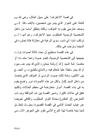 ‫ﻓﻲ ﻗﺼﺔ "ﺍﻻﻋﺘﺭﺍﻑ" ﻋﻠﻰ ﺴﺒﻴل ﺍﻟﻤﺜﺎل، ﻭﻫﻲ ﺘﻘـﻭﻡ‬
‫ﻜﺎﻤﻠﺔ ﻋﻠﻰ ﺍﻟﺤﻭﺍﺭ ﺍﻟﺫﻱ ﻴﺒﺩﻭ ﺒﻴﻥ ﺸﺨﺼﻴﻥ، ﺒﺎﻹﻀـﺎﻓﺔ ﺇﻟـﻰ‬
‫ﻭﺼﻑ ﺨﺎﺭﺠﻲ ﻴﻘﻭﻡ ﺒﻪ ﺍﻟﻤﺅﻟﻑ، ﻭﻟﻜﻨﻪ ﻴﻨﻁﻠﻕ ﺃﺴﺎ ‪‬ﺎ ﻤﻥ ﺩﺍﺨل‬
         ‫ﺴ‬
‫ﺍﻟﺸﺨﺼﻴﺔ ﺍﻟﺭﺌﻴﺴﻴﺔ ﺍﻟﻤﻁﻠﻭﺏ ﻤﻨﻬﺎ ﺍﻻﻋﺘﺭﺍﻑ، ﺭﻏﻡ ﺃﻨﻬـﺎ ﻟـﻡ‬
‫ﺘﺭﺘﻜﺏ ﺫﻨ ‪‬ﺎ، ﺃﻱ ﺫﻨﺏ، ﺴﻭﻯ ﺍﻟﺭﻏﺒﺔ ﻓﻲ ﻤﻐﺎﺯﻟﺔ ﻓﺘﺎﺓ ﺘﺠﺎﻭﺭﻩ ﻓﻲ‬
                                              ‫ﺒ‬
                                  ‫ﺍﻟﺴﻴﻨﻤﺎ ﻭﺘﺭﺤﺏ ﻫﻲ ﺒﺫﻟﻙ.‬
‫ﻓﻲ ﻫﺫﻩ ﺍﻟﻘﺼﺔ ﻨﺴﺘﻁﻴﻊ ﺃﻥ ﻨﺤﺩﺩ ﺜﻼﺜﺔ ﺃﺼﻭﺍﺕ ﺘﺭﺘـﺩ‬
‫ﺠﻤﻴﻌﻬﺎ ﺇﻟﻰ ﺍﻟﺸﺨﺼﻴﺔ ﺍﻟﺭﺌﻴﺴﻴﺔ، ﻓﺘﺒﺩﻭ ﺼﻭ ﹰﺎ ﻭﺍﺤ ‪‬ﺍ ﻤﺘﻌـﺩ ‪‬ﺍ ﺃﻭ‬
    ‫ﺩ‬        ‫ﺩ‬      ‫ﺘ‬
‫ﻤﻨﻘﺴ ‪‬ﺎ. ﺜﻤﺔ ﺍﻟﺴﻴﺩ ) ﻙ ( ﻭﺜﻤﺔ ﻤﺤﺎﻭﺭﻩ ﺍﻟﺫﻱ ﻗﺩ ﻴﺒﺩﻭ ﻀـﻤﻴﺭﻩ‬
                                                  ‫ﻤ‬
‫ﺃﻭ ﻗﺩ ﻴﺒﺩﻭ ﺴﻠﻁﺔ ﻋﻠﻴﺎ ﺘﺘﺤﻜﻡ ﻓﻴﻪ، ﻭﻻﻤﺎﻨﻊ ﺒﺎﻟﻁﺒﻊ ﻤـﻥ ﺍﻟﺠﻤـﻊ‬
‫ﺒﻴﻥ ﺍﻻﺜﻨﻴﻥ، ﻭﺜﻤﺔ ﺜﺎﻟﺙ ﺼﻭﺕ ﺍﻟﺭﺍﻭﻱ ﺃﻭ ﺍﻟﻤﺅﻟﻑ ﺍﻟﺫﻱ ﻴﺘﺤﺩﺙ‬
‫ﻤﻥ ﺩﺍﺨل ﺍﻟﺴﻴﺩ )ﻙ(. ﻭﻟﻜل ﻤﻥ ﻫﺫﻩ ﺍﻷﺼﻭﺍﺕ ﺩﻭﺭ ﻭﺍﻀﺢ ﻴﻘﻭﻡ‬
‫ﺒﻪ ﻓﻲ ﺒﻨﺎﺀ ﺍﻟﻘﺼﺔ. ﺃﺩﻭﺍﺭ ﻤﺘﻌﺎﺭﻀﺔ ﻓﻲ ﻤﻌﻅﻡ ﺍﻟﺤﺎﻻﺕ ﻭﻟﻜﻨﻬﺎ‬
‫ﺘﺘﻔﻕ ﻓﻲ ﺤﺎﻻﺕ ﻜﺜﻴﺭﺓ. ﻭﺘﺴﻴﺭ ﺍﻟﻘﺼﺔ ﺒﻴﻥ ﺸﺩ ﺍﻟﻤﻭﺍﻓﻘﺔ ﻭﺠـﺫﺏ‬
‫ﺍﻟﺘﻌﺎﺭﺽ )ﺃﻭ ﺍﻟﻌﻜﺱ( ﻤﺤﺩﺜﺔ ﺍﻟﺘﻭﺘﺭ ﺍﻟﻤﻁﻠﻭﺏ ﻭﺍﻟﻜﺎﻓﻲ ﺘﻌﻭﻴ ‪‬ﺎ‬
 ‫ﻀ‬
‫ﻋﻥ ﻏﻴﺎﺏ ﺍﻟﺤﺩﺙ ﺍﻟﻨﺎﻤﻲ ﻓﻲ ﺍﻟﻘﺼﺔ ﺍﻟﻘﺼﻴﺭﺓ، ﺒﺤﻴـﺙ ﺘﺘﺨﻠـﻕ‬
‫ﻟﺩﻴﻨﺎ ﺒﻨﻴﺔ ﺨﺎﺼﺔ ﻟﻬﺫﺍ ﺍﻟﻨﻭﻉ ﺍﻷﺩﺒﻲ ﺘﻘﻭﻡ ﻋﻠﻰ ﺍﻟﺠﻭﻫﺭ ﺍﻷﺴـﻤﻰ‬




‫٧٧٣‬
 