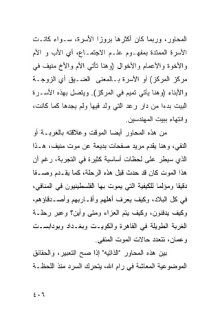 ‫ﺍﻟﻤﺤﺎﻭﺭ، ﻭﺭﺒﻤﺎ ﻜﺎﻥ ﺃﻜﺜﺭﻫﺎ ﺒﺭﻭ ‪‬ﺍ ﺍﻷﺴﺭﺓ، ﺴـﻭﺍﺀ ﻜﺎﻨـﺕ‬
                    ‫ﺯ‬
‫ﺍﻷﺴﺭﺓ ﺍﻟﻤﻤﺘﺩﺓ ﺒﻤﻔﻬـﻭﻡ ﻋﻠـﻡ ﺍﻻﺠﺘﻤـﺎﻉ، ﺃﻱ ﺍﻷﺏ ﻭ ﺍﻷﻡ‬
‫ﻭﺍﻷﺨﻭﺓ ﻭﺍﻷﻋﻤﺎﻡ ﻭﺍﻷﺨﻭﺍل )ﻭﻫﻨﺎ ﺘﺄﺘﻲ ﺍﻷﻡ ﻭﺍﻷﺥ ﻤﻨﻴﻑ ﻓﻲ‬
‫ﻤﺭﻜﺯ ﺍﻟﻤﺭﻜﺯ( ﺃﻭ ﺍﻷﺴﺭﺓ ﺒـﺎﻟﻤﻌﻨﻰ ﺍﻟﻀـﻴﻕ ﺃﻱ ﺍﻟﺯﻭﺠـﺔ‬
‫ﻭﺍﻷﺒﻨﺎﺀ )ﻭﻫﻨﺎ ﻴﺄﺘﻲ ﺘﻤﻴﻡ ﻓﻲ ﺍﻟﻤﺭﻜﺯ(. ﻭﻴﺘﺼل ﺒﻬﺫﻩ ﺍﻷﺴـﺭﺓ‬
‫ﺍﻟﺒﻴﺕ ﺒﺩ ‪‬ﺍ ﻤﻥ ﺩﺍﺭ ﺭﻋﺩ ﺍﻟﺘﻲ ﻭﻟﺩ ﻓﻴﻬﺎ ﻭﻟﻡ ﻴﺠﺩﻫﺎ ﻜﻤﺎ ﻜﺎﻨﺕ،‬
                                              ‫ﺀ‬
                                    ‫ﻭﺍﻨﺘﻬﺎﺀ ﺒﺒﻴﺕ ﺍﻟﻤﻬﻨﺩﺴﻴﻥ.‬
‫ﻤﻥ ﻫﺫﻩ ﺍﻟﻤﺤﺎﻭﺭ ﺃﻴ ‪‬ﺎ ﺍﻟﻤﻭﻗﺕ ﻭﻋﻼﻗﺘﻪ ﺒﺎﻟﻐﺭﺒـﺔ ﺃﻭ‬
                           ‫ﻀ‬
‫ﺍﻟﻨﻔﻲ، ﻭﻫﻨﺎ ﻴﻘﺩﻡ ﻤﺭﻴﺩ ﺼﻔﺤﺎﺕ ﺒﺩﻴﻌﺔ ﻋﻥ ﻤﻭﺕ ﻤﻨﻴﻑ، ﻫـﺫﺍ‬
‫ﺍﻟﺫﻱ ﺴﻴﻁﺭ ﻋﻠﻰ ﻟﺤﻅﺎﺕ ﺃﺴﺎﺴﻴﺔ ﻜﺜﻴﺭﺓ ﻓﻲ ﺍﻟﺘﺠﺭﺒﺔ، ﺭﻏﻡ ﺃﻥ‬
‫ﻫﺫﺍ ﺍﻟﻤﻭﺕ ﻜﺎﻥ ﻗﺩ ﺤﺩﺙ ﻗﺒل ﻫﺫﻩ ﺍﻟﺭﺤﻠﺔ، ﻜﻤﺎ ﻴﻘـﺩﻡ ﻭﺼـ ﹰﺎ‬
 ‫ﻔ‬
‫ﺩﻗﻴ ﹰﺎ ﻭﻤﺅﻟ ‪‬ﺎ ﻟﻠﻜﻴﻔﻴﺔ ﺍﻟﺘﻲ ﻴﻤﻭﺕ ﺒﻬﺎ ﺍﻟﻔﻠﺴﻁﻴﻨﻴﻭﻥ ﻓﻲ ﺍﻟﻤﻨﺎﻓﻲ،‬
                                               ‫ﻤ‬       ‫ﻘ‬
‫ﻓﻲ ﻜل ﺍﻟﺒﻼﺩ، ﻭﻜﻴﻑ ﻴﻌﺭﻑ ﺃﻫﻠﻬﻡ ﻭﺃﻗـﺎﺭﺒﻬﻡ ﻭﺃﺼـﺩﻗﺎﺅﻫﻡ،‬
‫ﻭﻜﻴﻑ ﻴﺩﻓﻨﻭﻥ، ﻭﻜﻴﻑ ﻴﺘﻡ ﺍﻟﻌﺯﺍﺀ ﻭﻤﺘﻰ ﻭﺃﻴﻥ؟ ﻭﻋﺒﺭ ﺭﺤﻠـﺔ‬
‫ﺍﻟﻐﺭﺒﺔ ﺍﻟﻁﻭﻴﻠﺔ ﻓﻲ ﺍﻟﻘﺎﻫﺭﺓ ﻭﺍﻟﻜﻭﻴـﺕ ﻭﺒﻐـﺩﺍﺩ ﻭﺒﻭﺩﺍﺒﺴـﺕ‬
                        ‫ﻭﻋﻤﺎﻥ، ﺘﺘﻌﺩﺩ ﺤﺎﻻﺕ ﺍﻟﻤﻭﺕ ﺍﻟﻤﻨﻔﻰ.‬
‫ﺒﻴﻥ ﻫﺫﻩ ﺍﻟﻤﺤﺎﻭﺭ "ﺍﻟﺫﺍﺘﻴﻪ" ﺇﺫﺍ ﺼﺢ ﺍﻟﺘﻌﺒﻴﺭ، ﻭﺍﻟﺤﻘﺎﺌﻕ‬
‫ﺍﻟﻤﻭﻀﻭﻋﻴﺔ ﺍﻟﻤﻌﺎﺸﺔ ﻓﻲ ﺭﺍﻡ ﺍﷲ، ﻴﺘﺤﺭﻙ ﺍﻟﺴﺭﺩ ﻤﻨﺫ ﺍﻟﻠﺤﻅـﺔ‬


‫٦٠٤‬
 