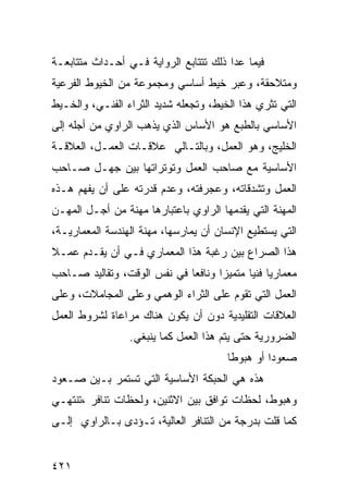 ‫ﻓﻴﻤﺎ ﻋﺩﺍ ﺫﻟﻙ ﺘﺘﺘﺎﺒﻊ ﺍﻟﺭﻭﺍﻴﺔ ﻓـﻲ ﺃﺤـﺩﺍﺙ ﻤﺘﺘﺎﺒﻌـﺔ‬
‫ﻭﻤﺘﻼﺤﻘﺔ، ﻭﻋﺒﺭ ﺨﻴﻁ ﺃﺴﺎﺴﻲ ﻭﻤﺠﻤﻭﻋﺔ ﻤﻥ ﺍﻟﺨﻴﻭﻁ ﺍﻟﻔﺭﻋﻴﺔ‬
‫ﺍﻟﺘﻲ ﺘﺜﺭﻱ ﻫﺫﺍ ﺍﻟﺨﻴﻁ، ﻭﺘﺠﻌﻠﻪ ﺸﺩﻴﺩ ﺍﻟﺜﺭﺍﺀ ﺍﻟﻔﻨـﻲ، ﻭﺍﻟﺨـﻴﻁ‬
‫ﺍﻷﺴﺎﺴﻲ ﺒﺎﻟﻁﺒﻊ ﻫﻭ ﺍﻷﺴﺎﺱ ﺍﻟﺫﻱ ﻴﺫﻫﺏ ﺍﻟﺭﺍﻭﻱ ﻤﻥ ﺃﺠﻠﻪ ﺇﻟﻰ‬
‫ﺍﻟﺨﻠﻴﺞ، ﻭﻫﻭ ﺍﻟﻌﻤل، ﻭﺒﺎﻟﺘـﺎﻟﻲ ﻋﻼﻗـﺎﺕ ﺍﻟﻌﻤـل، ﺍﻟﻌﻼﻗـﺔ‬
‫ﺍﻷﺴﺎﺴﻴﺔ ﻤﻊ ﺼﺎﺤﺏ ﺍﻟﻌﻤل ﻭﺘﻭﺘﺭﺍﺘﻬﺎ ﺒﻴﻥ ﺠﻬـل ﺼـﺎﺤﺏ‬
‫ﺍﻟﻌﻤل ﻭﺘﺸﺩﻗﺎﺘﻪ، ﻭﻋﺠﺭﻓﺘﻪ، ﻭﻋﺩﻡ ﻗﺩﺭﺘﻪ ﻋﻠﻰ ﺃﻥ ﻴﻔﻬﻡ ﻫـﺫﻩ‬
‫ﺍﻟﻤﻬﻨﺔ ﺍﻟﺘﻲ ﻴﻘﺩﻤﻬﺎ ﺍﻟﺭﺍﻭﻱ ﺒﺎﻋﺘﺒﺎﺭﻫﺎ ﻤﻬﻨﺔ ﻤﻥ ﺃﺠـل ﺍﻟﻤﻬـﻥ‬
‫ﺍﻟﺘﻲ ﻴﺴﺘﻁﻴﻊ ﺍﻹﻨﺴﺎﻥ ﺃﻥ ﻴﻤﺎﺭﺴﻬﺎ، ﻤﻬﻨﺔ ﺍﻟﻬﻨﺩﺴﺔ ﺍﻟﻤﻌﻤﺎﺭﻴـﺔ،‬
‫ﻫﺫﺍ ﺍﻟﺼﺭﺍﻉ ﺒﻴﻥ ﺭﻏﺒﺔ ﻫﺫﺍ ﺍﻟﻤﻌﻤﺎﺭﻱ ﻓـﻲ ﺃﻥ ﻴﻘـﺩﻡ ﻋﻤـﻼ‬
‫ﹰ‬
‫ﻤﻌﻤﺎﺭ ‪‬ﺎ ﻓﻨ ‪‬ﺎ ﻤﺘﻤﻴ ‪‬ﺍ ﻭﻨﺎﻓ ‪‬ﺎ ﻓﻲ ﻨﻔﺱ ﺍﻟﻭﻗﺕ، ﻭﺘﻘﺎﻟﻴﺩ ﺼـﺎﺤﺏ‬
                             ‫ﻌ‬       ‫ﺯ‬       ‫ﻴ ﻴ‬
‫ﺍﻟﻌﻤل ﺍﻟﺘﻲ ﺘﻘﻭﻡ ﻋﻠﻰ ﺍﻟﺜﺭﺍﺀ ﺍﻟﻭﻫﻤﻲ ﻭﻋﻠﻰ ﺍﻟﻤﺠﺎﻤﻼﺕ، ﻭﻋﻠﻰ‬
‫ﺍﻟﻌﻼﻗﺎﺕ ﺍﻟﺘﻘﻠﻴﺩﻴﺔ ﺩﻭﻥ ﺃﻥ ﻴﻜﻭﻥ ﻫﻨﺎﻙ ﻤﺭﺍﻋﺎﺓ ﻟﺸﺭﻭﻁ ﺍﻟﻌﻤل‬
                  ‫ﺍﻟﻀﺭﻭﺭﻴﺔ ﺤﺘﻰ ﻴﺘﻡ ﻫﺫﺍ ﺍﻟﻌﻤل ﻜﻤﺎ ﻴﻨﺒﻐﻲ.‬
                                         ‫ﺼﻌﻭ ‪‬ﺍ ﺃﻭ ﻫﺒﻭ ﹰﺎ‬
                                          ‫ﻁ‬         ‫ﺩ‬
‫ﻫﺫﻩ ﻫﻲ ﺍﻟﺤﺒﻜﺔ ﺍﻷﺴﺎﺴﻴﺔ ﺍﻟﺘﻲ ﺘﺴﺘﻤﺭ ﺒـﻴﻥ ﺼـﻌﻭﺩ‬
‫ﻭﻫﺒﻭﻁ، ﻟﺤﻅﺎﺕ ﺘﻭﺍﻓﻕ ﺒﻴﻥ ﺍﻻﺜﻨﻴﻥ، ﻭﻟﺤﻅﺎﺕ ﺘﻨﺎﻓﺭ ،ﺘﻨﺘﻬـﻲ‬
‫ﻜﻤﺎ ﻗﻠﺕ ﺒﺩﺭﺠﺔ ﻤﻥ ﺍﻟﺘﻨﺎﻓﺭ ﺍﻟﻌﺎﻟﻴﺔ، ﺘـﺅﺩﻯ ﺒـﺎﻟﺭﺍﻭﻱ ﺇﻟـﻰ‬


‫١٢٤‬
 