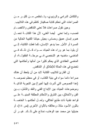 ‫ﻭﺍﻟﺘﻜﺎﻤل ﺍﻟﺩﺭﺍﻤﻲ ﻭﺍﻟﺭﺅﻴﻭﻱ، ﻭﺘـﺘﺨﻠﺹ ﻤـﻥ ﻜﺜﻴـﺭ ﻤـﻥ‬
‫ﺍﻟﺼﺭﺍﻋﺎﺕ ﺍﻟﺘﻲ ﺘﺤﻜﻡ ﻜﺘﺎﺒﺔ ﺼﺎﻓﻴﻨﺎﺯ ﻜﺎﻅﻡ ﻓﻲ ﻫﺫﻩ ﺍﻟﺘﻼﺒﻴﺏ.‬
‫ﻭﺤﻴﻥ ﻨﻘﻭل ﺼﺭﺍﻋﺎﺕ ﻓﻼ ﻨﻌﻨﻲ ﺍﻟﺘﻨﺎﻗﺽ ﻭﺍﻻﻨﻔﺼـﺎﻡ‬
‫ﻓﺤﺴﺏ، ﻭﺇﻨﻤﺎ ﻨﻌﻨﻲ ﺃﻴ ‪‬ﺎ ﺍﻟﻐﻨﻰ، ﻷﻥ ﻫﺫﺍ ﺍﻟﻜﺘﺎﺒـﺔ ﺘﺤﻤـل‬
                              ‫ﻀ‬
‫ﻫﻤﻭﻡ ﺇﻨﺴﺎﻥ ﻋﻤﻴﻕ ﻭﺤﺴﺎﺱ، ﻴﻌﻴﺵ ﺤﻴﺎﺘﻨﺎ ﺍﻟﻜﺌﻴﺒﺔ ﺍﻟﺨﺎﻟﻴﺔ ﻤﻥ‬
‫ﺍﻟﻤﺴﺭﺓ ﺃﻭ ﺍﻷﻤل. ﻤﻤﺎ ﻴﺩﻋﻭ ﺍﻹﻨﺴﺎﻥ، ﻜﻤﺎ ﻓﻌﻠﺕ ﺍﻟﻜﺎﺘﺒﺔ، ﺇﻟـﻰ‬
‫ﺃﻥ ﻴﻠﻭﺫ ﺒﻤﺎ ﻫﻭ ﻭﺭﺍﺀ ﻫﺫﻩ ﺍﻟﺤﻴﺎﺓ، ﺴـﻭﺍﺀ ﻜـﺎﻥ ﺫﻟـﻙ ﻓـﻲ‬
‫ﺍﻟﻤﺎﻀﻲ، ﻤﺎﻀﻴﻪ ﻫﻭ ﺍﻟﺸﺨﺼﻲ ﻓـﻲ ﻤﺭﺤﻠـﺔ ﺍﻟﻁﻔﻭﻟـﺔ، ﺃﻭ‬
‫ﺍﻟﻤﺎﻀﻲ ﺍﻟﻌﻘﺎﺌﺩﻱ ﺍﻟﺫﻱ ﻴﺤﻜﻡ ﻜﺜﻴ ‪‬ﺍ ﻤﻥ ﺁﻤﺎﻟﻬﺎ ﻭﺃﺤﻜﺎﻤﻬﺎ ﺍﻟﺘﻲ‬
                         ‫ﺭ‬
                ‫ﺘﺨﻀﻊ ﻓﻲ ﻫﺫﻩ ﺍﻟﺤﺎﻟﺔ ﻟﻺﻁﻼﻕ ﺃﻭ ﺍﻟﺘﻨﺎﻗﺽ.‬
‫ﺇﻥ ﺍﻟﻘﺎﺭﺉ ﻟﺘﻼﺒﻴﺏ ﺍﻟﻜﺘﺎﺒﺔ ﻻﺒﺩ ﻤﻥ ﺃﻥ ﻴﻠﺤﻅ ﺃﻥ ﻫﻨﺎﻙ‬
‫ﺼﺭﺍ ‪‬ﺎ ﺩﺍﺌ ‪‬ﺎ ﺴﻭﺍﺀ ﻓﻲ ﺒﻨﻴﺔ ﺍﻟﻜﺘﺎﺏ، ﺃﻭ ﻓﻲ ﻤﻌﻅﻡ ﻨﺼﻭﺼـﻪ‬
                                        ‫ﻋ ﻤ‬
‫)ﻋﺩﺍ ﺍﻟﻨﺼﻭﺹ ﺍﻟﺘﻲ ﺃﺸﺭﺕ ﺇﻟﻴﻬﺎ ﺃﺨﻴ ‪‬ﺍ( ﺒﻴﻥ ﺍﻟﺘﺠﺭﺒﺔ ﺍﻟﺫﺍﺘﻴـﺔ‬
                       ‫ﺭ‬
‫ﻭﻤﻭﻀﻭﻋﺎﺕ ﺍﻟﺤﻴﺎﺓ، ﺒﻴﻥ ﺍﻹﺒﺩﺍﻉ ﺍﻟﻔﻨﻲ ﻭﺍﻟﻨﻘﺩ ﻭﺍﻟﺘﺄﻤل، ﺒـﻴﻥ‬
‫ﺍﻟﻔﻥ ﻭﺍﻷﺨﻼﻕ، ﺒﻴﻥ ﺍﻟﺘﺫﻭﻕ ﻭﺍﻷﺤﻜﺎﻡ ﺍﻟﻤﻁﻠﻘﺔ ﺍﻟﻤﺒﻨﻴـﺔ ﻋﻠـﻰ‬
‫ﻗﻭﺍﻋﺩ ﻨﻘﺩﻴﺔ ﺫﺍﺕ ﻁﺎﺒﻊ ﺃﺨﻼﻗﻲ، ﻭﻟﻌـل ﺃﺤﻜﺎﻤﻬـﺎ ﺍﻟﺨﺎﺼـﺔ‬
‫ﺒﺎﻟﻠﻭﻥ ﺍﻷﺴﻭﺩ ﻤﺜ ﹰ، ﻭﻋﻼﻗﺘﻪ ﺒﺎﻷﻟﻭﺍﻥ ﺍﻷﺨﺭﻯ )ﺹ ٤٤(، ﺃﻭ‬
                                 ‫ﻼ‬
‫ﺤﺩﻴﺜﻬﺎ ﻋﻥ ﻤﺤﻤﺩ ﻋﺒﺩ ﺍﻟﻭﻫﺎﺏ، ﻨﻤﺎﺫﺝ ﻋﻠﻰ ﺫﻟـﻙ. ﻏﻴـﺭ ﺃﻥ‬


‫١٥٤‬
 