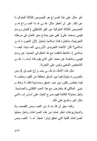 ‫ﺁﺨﺭ ﻤﺜﺎل ﻋﻠﻰ ﻫﺫﺍ ﺍﻟﺼﺭﺍﻉ ﻫﻭ ﺍﻟﻨﺼﻭﺹ ﺍﻟﺜﻼﺜﺔ ﺍﻟﻤﺘﻭﺍﻟﻴـﺔ‬
‫ﻋﻥ ﺫﻟﻙ. ﻏﻴﺭ ﺃﻥ ﺃﺨﻁﺭ ﻤﺜﺎل ﻋﻠـﻰ ﻫـﺫﺍ ﺍﻟﺼـﺭﺍﻉ ﻫـﻭ‬
‫ﺍﻟﻨﺼﻭﺹ ﺍﻟﺜﻼﺜﺔ ﺍﻟﻤﺘﻭﺍﻟﻴﺔ ﻋﻥ ﺍﻟﻔﻥ ﺍﻟﺘﺸﻜﻴﻠﻲ ) ﻜﻨﻌﺎﻥ ﻭﻭﺴﺎﻡ‬
‫ﻓﻬﻤﻲ ﻭﻤﺤﻤﺩ ﻋﻠﻰ(. ﻓﻔﻲ ﺤﻴﻥ ﻴﻤﺘﺩﺡ ﻤﻨﻴﺭ ﻜﻨﻌﺎﻥ ﻓﻲ ﻤﺭﺤﻠﺘﻪ‬
‫ﺍﻟﺘﺠﺭﻴﺩﻴﺔ، ﺒﺎﻋﺘﺒﺎﺭﻩ ﻓﻨﺎ ﹰﺎ ﺇﺴﻼﻤ ‪‬ﺎ ﺒﺎﻤﺘﻴﺎﺯ )ﻷﻥ ﺍﻟﺘﺠﺭﻴـﺩ ﻓـﻥ‬
                          ‫ﻴ‬       ‫ﻨ‬
‫ﺇﺴﻼﻤﻲ؟ ﻜﺄﻥ ﺍﻻﺘﺠﺎﻩ ﺍﻟﺘﺠﺭﻴﺩﻯ ﺍﻷﻭﺭﻭﺒﻲ ﺍﻟﺤـﺩﻴﺙ ﺃﻴ ‪‬ـﺎ‬
  ‫ﻀ‬
‫ﺇﺴﻼﻤﻲ (، ﻨﻼﺤﻅ ﺘﻨﺎﻗ ‪‬ﺎ ﻤﻊ ﻫﺫ ﺍﻟﺤﻜﻡ ﻓﻲ ﺍﻟﺤﺩﻴﺙ ﻋﻥ ﻭﺴﺎﻡ‬
                               ‫ﻀ‬
‫ﻓﻬﻤﻲ، ﻭﺨﺎﺼﺔ ﻋﻥ ﻤﺤﻤﺩ ﻋﻠﻰ ﺍﻟﺫﻱ ﻴﻘﻭﻡ ﻓﻨﻪ ﺃﺴﺎ ‪‬ـﺎ ﻋﻠـﻰ‬
       ‫ﺴ‬
                     ‫ﺍﻟﺘﺸﺨﻴﺹ ﺍﻟﺸﻌﺒﻲ ﻭﻟﻴﺱ ﻋﻠﻰ ﺍﻟﺘﺠﺭﺒﺔ.‬
‫ﻤﺜل ﻫﺫﻩ ﺍﻷﺤﻜـﺎﻡ ﺘﺸـﻲ ﺒﺼـﺭﺍﻉ ﻋﻤﻴـﻕ )ﻟـﻴﺱ‬
‫ﺒﺎﻟﻀﺭﻭﺭﺓ ﺴﻠﺒ ‪‬ﺎ( ﻓﻴﻤﺎ ﺒﻴﻥ ﺃﻨﺴﺎﻕ ﻤﺨﺘﻠﻔﺔ ﻤﻥ ﺍﻟﻘﻴﻡ، ﻭﺨﺎﺼـﺔ‬
                                         ‫ﻴ‬
‫ﻓﻴﻤﺎ ﻴﺨﺘﺹ ﺒﺎﻟﻔﻥ، ﺒﻴﻥ ﺤﺏ ﻋﻤﻴﻕ ﻭﺤﺴﺎﺴﻴﺔ ﻓﺎﺌﻘـﺔ ﻭﺤﻜـﻡ‬
‫ﺩﻴﻨﻲ ﺃﺨﻼﻗﻲ ﻗﺩ ﻴﺘﻌﺎﺭﺽ ﻤﻊ ﻫﺫﺍ ﺍﻟﺤﺏ ﺍﻟﺘﻠﻘﺎﺌﻲ ﻭﺍﻟﺤﺴﺎﺴﻴﺔ.‬
‫ﻭﻟﻌل ﻤﺤﺎﻭﻟﺔ ﺍﻟﻜﺎﺘﺒﺔ ﻟﻔﻬﻡ ﻤﺴﺭﺡ ﺍﻟﻌﺒﺙ ﻋﻠﻰ ﺃﺴﺎﺱ ﺇﺴـﻼﻤﻲ‬
                                ‫ﻤﺜﺎل ﺁﺨﺭ ﻭﺍﻀﺢ ﻋﻠﻰ ﺫﻟﻙ.‬
‫ﻭﻜﻤﺎ ﺴﺒﻕ ﺃﻥ ﻗﻠـﺕ ﻓـﺈﻥ ﺍﻟﻨﺼـﻭﺹ ﺍﻟﻘﺼﺼـﻴﺔ‬
‫ﻭﺍﻟﺴﻴﻨﺎﺭﻴﻭﻫﺎﺕ ﺘﺨﻠﻭ ﺘﻤﺎ ‪‬ﺎ ﻤﻥ ﻫﺫﻩ ﺍﻟﺼﺭﺍﻋﺎﺕ ﻭﺘﺤل ﻤﺤﻠﻬﺎ‬
                            ‫ﻤ‬
‫ﺍﻟﺼﺭﺍﻋﺎﺕ ﺍﻟﻔﻨﻴﺔ ﺍﻟﺘﻲ ﺘﺤﻘﻕ ﺘﻭﺘ ‪‬ﺍ ﻋﻤﻴ ﹰﺎ. ﺃﻤـﺎ ﺍﻟﻨﺼـﻭﺹ‬
               ‫ﻘ‬      ‫ﺭ‬


‫٢٥٤‬
 