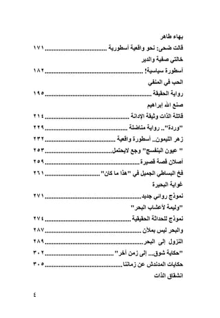 ‫ﺏﻬﺎء ﻃﺎهﺮ‬
‫ﻗﺎﻟﺖ ﺿﺤﻰ: ﻧﺤﻮ واﻗﻌﻴﺔ أﺱﻄﻮریﺔ .................................... ١٧١‬
                                                         ‫ﺧﺎﻟﺘﻲ ﺻﻔﻴﺔ واﻟﺪیﺮ‬
‫أﺱﻄﻮرة ﺱﻴﺎﺱﻴﺔ! ......................................................... ٢٨١‬
                                                             ‫اﻟﺤﺐ ﻓﻲ اﻟﻤﻨﻔﻲ‬
‫روایﺔ اﻟﺤﻘﻴﻘﺔ .............................................................. ٥٩١‬
                                                             ‫ﺻﻨﻊ اﷲ إﺏﺮاهﻴﻢ‬
‫ﻗﺎﺕﻠﺔ اﻟﺬات وﺛﻴﻘﺔ اﻹداﻧﺔ ................................................. ٤١٢‬
‫"وردة".. روایﺔ ﻣﻨﺎﺿﻠﺔ ................................................ ٩٢٢‬
‫زهﺮ اﻟﻠﻴﻤﻮن.. أﺱﻄﻮرة واﻗﻌﻴﺔ ......................................... ٢٣٢‬
‫" ﻋﻴﻮن اﻟﺒﻨﻔﺴﺞ" وﺝﻊ ﻻیﺤﺘﻤﻞ ....................................... ٣٥٢‬
‫أﺻﻼن ﻗﺼﺔ ﻗﺼﻴﺮة ....................................................... ٩٥٢‬
‫ﻓﺦ اﻟﺒﺴﺎﻃﻲ اﻟﺠﻤﻴﻞ ﻓﻲ "هﺬا ﻣﺎ آﺎن" ................................ ١٦٢‬
                                                               ‫ﻏﻮایﺔ اﻟﺒﺤﻴﺮة‬
‫ﻧﻤﻮذج رواﺋﻲ ﺝﺪیﺪ ........................................................ ١٧٢‬
                                                    ‫"وﻟﻴﻤﺔ ﻷﻋﺸﺎب اﻟﺒﺤﺮ"‬
‫ﻧﻤﻮذج ﻟﻠﺤﺪاﺛﺔ اﻟﺤﻘﻴﻘﻴﺔ .................................................. ٤٧٢‬
‫واﻟﺒﺤﺮ ﻟﻴﺲ ﺏﻤﻶن ........................................................ ٧٨٢‬
‫اﻟﻨﺰول إﻟﻰ اﻟﺒﺤﺮ ......................................................... ٩٨٢‬
‫"ﺣﻜﺎیﺔ ﺵﻮق... إﻟﻰ زﻣﻦ ﺁﺧﺮ" ........................................ ٢٠٣‬
‫ﺣﻜﺎیﺎت اﻟﻤﺪﻧﺪش ﻋﻦ زﻣﺎﻧﻨﺎ ............................................. ٥٠٣‬
                                                                ‫اﻧﺸﻘﺎق اﻟﺬات‬

‫٤‬
 