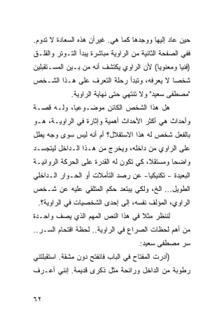 ‫ﺤﻴﻥ ﻋﺎﺩ ﺇﻟﻴﻬﺎ ﻭﻭﺠﺩﻫﺎ ﻜﻤﺎ ﻫﻲ. ﻏﻴﺭﺃﻥ ﻫﺫﻩ ﺍﻟﺴﻌﺎﺩﺓ ﻻ ﺘﺩﻭﻡ.‬
‫ﻓﻔﻲ ﺍﻟﺼﻔﺤﺔ ﺍﻟﺜﺎﻨﻴﺔ ﻤﻥ ﺍﻟﺭﺍﻭﻴﺔ ﻤﺒﺎﺸﺭﺓ ﻴﺒﺩﺃ ﺍﻟﺘـﻭﺘﺭ ﻭﺍﻟﻘﻠـﻕ‬
‫)ﻓﻨﻴﺎ ﻭﻤﻌﻨﻭ ‪‬ﺎ( ﻷﻥ ﺍﻟﺭﺍﻭﻱ ﻴﻜﺘﺸﻑ ﺃﻨﻪ ﻤﻥ ﺒـﻴﻥ ﺍﻟﻤﺴـﺘﻘﺒﻠﻴﻥ‬
                                          ‫ﻴ‬        ‫‪‬‬
‫ﺸﺨ ‪‬ﺎ ﻻ ﻴﻌﺭﻓﻪ، ﻭﺘﺒﺩﺃ ﺭﺤﻠﺔ ﺍﻟﺘﻌﺭﻑ ﻋﻠﻰ ﻫـﺫﺍ ﺍﻟﺸـﺨﺹ‬
                                            ‫ﺼ‬
             ‫"ﻤﺼﻁﻔﻰ ﺴﻌﻴﺩ" ﻭﻻ ﺘﻨﺘﻬﻲ ﺤﺘﻰ ﻨﻬﺎﻴﺔ ﺍﻟﺭﺍﻭﻴﺔ.‬
‫ﻫل ﻫﺫﺍ ﺍﻟﺸﺨﺹ ﺍﻟﻜﺎﺌﻥ ﻤﻭﻀـﻭﻋ ‪‬ﺎ، ﻭﻟـﻪ ﻗﺼـﺔ‬
            ‫ﻴ‬
‫ﻭﺃﺤﺩﺍﺙ ﻫﻲ ﺃﻜﺜﺭ ﺍﻷﺤﺩﺍﺙ ﺃﻫﻤﻴﺔ ﻭﺇﺜﺎﺭﺓ ﻓﻲ ﺍﻟﺭﺍﻭﻴـﺔ، ﻫـﻭ‬
‫ﺒﺎﻟﻔﻌل ﺸﺨﺹ ﻟﻪ ﻫﺫﺍ ﺍﻻﺴﺘﻘﻼل؟ ﺃﻡ ﺃﻨﻪ ﻟﻴﺱ ﺴﻭﻯ ﻭﺠﻪ ﻴﻁل‬
‫ﻋﻠﻰ ﺍﻟﺭﺍﻭﻱ ﻤﻥ ﺩﺍﺨﻠﻪ، ﻭﻴﺨﺭﺝ ﻤﻥ ﻫـﺫﺍ ﺍﻟـﺩﺍﺨل ﻟﻴﺘﺠﺴـﺩ‬
‫ﻭﺍﻀ ‪‬ﺎ ﻭﻤﺴﺘﻘ ﹰ، ﻜﻲ ﺘﻜﻭﻥ ﻟﻪ ﺍﻟﻘﺩﺭﺓ ﻋﻠﻰ ﺍﻟﺤﺭﻜﺔ ﺍﻟﺭﻭﺍﺌﻴـﺔ‬
                                        ‫ﻼ‬        ‫ﺤ‬
‫ﺍﻟﺒﻌﻴﺩﺓ - ﺘﻜﻨﻴﻜ ‪‬ﺎ- ﻋﻥ ﺭﺼﺩ ﺍﻟﺘﺄﻤﻼﺕ ﺃﻭ ﺍﻟﺤـﻭﺍﺭ ﺍﻟـﺩﺍﺨﻠﻲ‬
                                     ‫ﻴ‬
‫ﺍﻟﻁﻭﻴل... ﺍﻟﺦ، ﻭﻟﻜﻲ ﻴﺒﺘﻌﺩ ﺤﻜﻡ ﺍﻟﻤﺘﻠﻘﻲ ﻋﻠﻴﻪ ﻋﻥ ﺸـﺨﺹ‬
 ‫ﺍﻟﺭﺍﻭﻱ، ﺍﻟﻤﺅﻟﻑ ﻨﻔﺴﻪ، ﺇﻟﻰ ﺇﺤﺩﻯ ﺍﻟﺸﺨﺼﻴﺎﺕ ﻓﻲ ﺍﻟﺭﺍﻭﻴﺔ؟.‬
‫ﻟﻨﻨﻅﺭ ﻤﺜﻼ ﻓﻲ ﻫﺫﺍ ﺍﻟﻨﺹ ﺍﻟﻤﻬﻡ ﺍﻟﺫﻱ ﻴﺼﻑ ﻭﺍﺤـﺩﺓ‬
                                  ‫ﹰ‬
‫ﻤﻥ ﺃﻫﻡ ﻟﺤﻅﺎﺕ ﺍﻟﺼﺭﺍﻉ ﻓﻲ ﺍﻟﺭﺍﻭﻴﺔ.. ﻟﺤﻅﺔ ﺍﻗﺘﺤﺎﻡ ﺍﻟﺴـﺭ..‬
                                      ‫ﺴﺭ ﻤﺼﻁﻔﻰ ﺴﻌﻴﺩ:‬
‫)ﺃﺩﺭﺕ ﺍﻟﻤﻔﺘﺎﺡ ﻓﻲ ﺍﻟﺒﺎﺏ ﻓﺎﻨﻔﺘﺢ ﺩﻭﻥ ﻤﺸﻘﺔ. ﺍﺴﺘﻘﺒﻠﺘﻨﻲ‬
‫ﺭﻁﻭﺒﺔ ﻤﻥ ﺍﻟﺩﺍﺨل ﻭﺭﺍﺌﺤﺔ ﻤﺜل ﺫﻜﺭﻯ ﻗﺩﻴﻤﺔ. ﺇﻨﻨﻲ ﺃﻋـﺭﻑ‬


‫٢٦‬
 