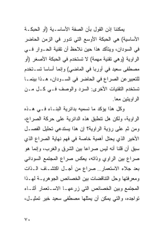 ‫ﻴﻤﻜﻨﻨﺎ ﺇﺫﻥ ﺍﻟﻘﻭل ﺒﺄﻥ ﺍﻟﺼﻔﺔ ﺍﻷﺴﺎﺴـﻴﺔ )ﺃﻭ ﺍﻟﺤﺒﻜـﺔ‬
‫ﺍﻷﺴﺎﺴﻴﺔ( ﻫﻲ ﺍﻟﺤﺒﻜﺔ ﺍﻷﻭﺴﻊ ﺍﻟﺘﻲ ﺘﺩﻭﺭ ﻓﻲ ﺍﻟﺯﻤﻥ ﺍﻟﺤﺎﻀﺭ‬
‫ﻓﻲ ﺍﻟﺴﻭﺩﺍﻥ، ﻭﻴﺘﺄﻜﺩ ﻫﺫﺍ ﺤﻴﻥ ﻨﻼﺤﻅ ﺃﻥ ﺘﻘﻨﻴﺔ ﺍﻟﺤـﻭﺍﺭ ﻓـﻲ‬
‫ﺍﻟﺭﺍﻭﻴﺔ )ﻭﻫﻲ ﺘﻘﻨﻴﺔ ﻤﻬﻤﺔ( ﻻ ﺘﺴﺘﺨﺩﻡ ﻓﻲ ﺍﻟﺤﺒﻜﺔ ﺍﻷﺼﻐﺭ )ﺃﻭ‬
‫ﻤﺼﻁﻔﻰ ﺴﻌﻴﺩ ﻓﻲ ﺃﻭﺭﺒﺎ ﻓﻲ ﺍﻟﻤﺎﻀﻲ( ﻭﺇﻨﻤﺎ ﺃﺴﺎ ‪‬ﺎ ﺘﺴـﺘﺨﺩﻡ‬
         ‫ﺴ‬
‫ﻟﻠﺘﻌﺒﻴﺭﻋﻥ ﺍﻟﺼﺭﺍﻉ ﻓﻲ ﺍﻟﺤﺎﻀﺭ ﻓﻲ ﺍﻟﺴـﻭﺩﺍﻥ، ﻫـﺫﺍ ﺒﻴﻨﻤـﺎ‬
‫ﺘﺴﺘﺨﺩﻡ ﺍﻟﺘﻘﻨﻴﺎﺕ ﺍﻷﺨﺭﻯ: ﺍﻟﺴﺭﺩ ﻭﺍﻟﻭﺼﻑ ﻓـﻲ ﻜـل ﻤـﻥ‬
                                         ‫ﺍﻟﺭﺍﻭﻴﺘﻴﻥ ﻤ ‪‬ﺎ.‬
                                           ‫ﻌ‬
‫ﻭﻜل ﻫﺫﺍ ﻴﺅﻜﺩ ﻤﺎ ﻨﺴﻤﻴﻪ ﺒﺩﺍﺌﺭﻴﺔ ﺍﻟﺒﻨـﺎﺀ ﻓـﻲ ﻫـﺫﻩ‬
‫ﺍﻟﺭﺍﻭﻴﺔ، ﻭﻟﻜﻥ ﻫل ﺘﻨﻁﺒﻕ ﻫﺫﻩ ﺍﻟﺩﺍﺌﺭﻴﺔ ﻋﻠﻰ ﺤﺭﻜﺔ ﺍﻟﺼﺭﺍﻉ،‬
‫ﻭﻤﻥ ﺜﻡ ﻋﻠﻰ ﺭﺅﻴﺔ ﺍﻟﺭﺍﻭﻴﺔ؟ ﺇﻥ ﻫﺫﺍ ﻴﺴﺘﺩﻋﻲ ﺘﺤﻠﻴل ﺍﻟﻔﺼـل‬
‫ﺍﻷﺨﻴﺭ ﺍﻟﺫﻱ ﻴﺤﺘل ﺃﻫﻤﻴﺔ ﺨﺎﺼﺔ ﻓﻲ ﻓﻬﻡ ﻨﻬﺎﻴﺔ ﺍﻟﺼﺭﺍﻉ ﺍﻟﺫﻱ‬
‫ﺴﺒﻕ ﺃﻥ ﻗﻠﻨﺎ ﺃﻨﻪ ﻟﻴﺱ ﺼﺭﺍ ‪‬ﺎ ﺒﻴﻥ ﺍﻟﺸﺭﻕ ﻭﺍﻟﻐﺭﺏ، ﻭﺇﻨﻤﺎ ﻫﻭ‬
                            ‫ﻋ‬
‫ﺼﺭﺍﻉ ﺒﻴﻥ ﺍﻟﺭﺍﻭﻱ ﻭﺫﺍﺘﻪ، ﻴﻌﻜﺱ ﺼﺭﺍﻉ ﺍﻟﻤﺠﺘﻤﻊ ﺍﻟﺴﻭﺩﺍﻨﻲ‬
‫ﺒﻌﺩ ﺠﻼﺀ ﺍﻻﺴﺘﻌﻤﺎﺭ.. ﺼﺭﺍﻉ ﻤﻥ ﺃﺠـل ﺍﻜﺘﺸـﺎﻑ ﺍﻟـﺫﺍﺕ‬
‫ﻭﻤﻌﺭﻓﺘﻬﺎ ﻭﺤل ﺍﻟﺘﻨﺎﻗﻀﺎﺕ ﺒﻴﻥ ﺍﻟﺨﺼﺎﺌﺹ ﺍﻟﺠﻭﻫﺭﻴـﺔ ﻟﻬـﺫﺍ‬
‫ﺍﻟﻤﺠﺘﻤﻊ ﻭﺒﻴﻥ ﺍﻟﺨﺼﺎﺌﺹ ﺍﻟﺘﻲ ﺯﺭﻋﻬـﺎ ﺍﻻﺴـﺘﻌﻤﺎﺭ ﺃﺜﻨـﺎﺀ‬
‫ﺘﻭﺍﺠﺩﻩ، ﻭﺍﻟﺘﻲ ﻴﻤﻜﻥ ﺃﻥ ﻴﻤﺜﻠﻬﺎ ﻤﺼﻁﻔﻰ ﺴﻌﻴﺩ ﺨﻴﺭ ﺘﻤﺜﻴـل،‬


‫٠٧‬
 