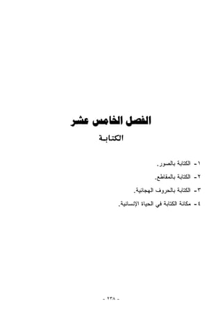 ‫ﺍﻟﻔﺼﻞ ﺍﳋﺎﻣﺲ ﻋﺸﺮ‬
               ‫א‬

                            ‫١- ﺍﻟﻜﺘﺎﺒﺔ ﺒﺎﻟﺼﻭﺭ.‬
                           ‫٢- ﺍﻟﻜﺘﺎﺒﺔ ﺒﺎﻟﻤﻘﺎﻁﻊ.‬
                   ‫٣- ﺍﻟﻜﺘﺎﺒﺔ ﺒﺎﻟﺤﺭﻭﻑ ﺍﻟﻬﺠﺎﺌﻴﺔ.‬
           ‫٤- ﻤﻜﺎﻨﺔ ﺍﻟﻜﺘﺎﺒﺔ ﻓﻲ ﺍﻟﺤﻴﺎﺓ ﺍﻹﻨﺴﺎﻨﻴﺔ.‬




     ‫- ٨٣٢ -‬
 