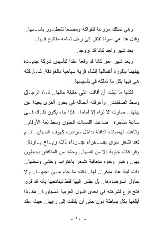 ‫ﻭﻫﻲ ﺘﻤﺘﻠﻙ ﻤﺯﺭﻋﺔ ﻟﻠﻔﻭﺍﻜﻪ ﻭﻤﺼﻨﻌﺎ ﻟﻠﻌﻁـﻭﺭ ﺒﺎﺴـﻤﻬﺎ..‬
                   ‫‪‬‬
     ‫ﻭﻗﺒل ﻫﺫﺍ ﻫﻲ ﺍﻤﺭﺃﺓ ﺘﻔﺘﻘﺭ ﺇﻟﻰ ﺭﺠل ﺘﺴﻠﻤﻪ ﻤﻔﺎﺘﻴﺢ ﻗﻠﺒﻬﺎ..‬
                          ‫ﺒﻌﺩ ﺸﻬﺭ ﻭﺍﺤﺩ ﻜﺎﻨﺎ ﻗﺩ ﺘﺯﻭﺠﺎ.‬
‫ﻭﺒﻌﺩ ﺸﻬﺭ ﺁﺨﺭ ﻜﺎﻨﺎ ﻗﺩ ﻭﻗﻌﺎ ﻋﻘﺩﺍ ﻟﺘﺄﺴﻴﺱ ﺸﺭﻜﺔ ﺠﺩﻴـﺩﺓ‬
                    ‫‪‬‬
‫ﺒﻴﻨﻬﻤﺎ ﺒﺎﻜﻭﺭﺓ ﺃﻋﻤﺎﻟﻬﺎ ﺇﻨﺸﺎﺀ ﻗﺭﻴﺔ ﺴﻴﺎﺤﻴﺔ ﺒﺎﻟﻐﺭﺩﻗﺔ. ﺸـﺎﺭﻜﺘﻪ‬
                       ‫ﻫﻲ ﻓﻴﻬﺎ ﺒﻜل ﻤﺎ ﺘﻤﻠﻜﻪ ﻓﻲ ﺘﺄﺴﻴﺴﻬﺎ..‬
‫ﻟﻜﻨﻬﺎ ﻤﺎ ﻟﺒﺜﺕ ﺃﻥ ﺃﻓﺎﻗﺕ ﻋﻠﻰ ﺤﻘﻴﻘﺔ ﺤﺎﻟﻬﺎ.. ﺘـﺎﻩ ﺍﻟﺭﺠـل‬
‫ﻭﺴﻁ ﺍﻟﺼﻔﻘﺎﺕ.. ﻭﺃﻏﺭﻗﺘﻪ ﺃﻋﻤﺎﻟﻪ ﻓﻲ ﺒﺤﻭﺭ ﺃﺨﺭﻯ ﺒﻌﻴﺩﺍ ﻋﻥ‬
    ‫‪‬‬
‫ﺒﻴﺘﻬﺎ.. ﺼﺎﺭﺕ ﻻ ﺘﺭﺍﻩ ﺇﻻ ﻟﻤﺎﻤﺎ.. ﻓﺈﺫﺍ ﺠﺎﺀ ﻴﻜﻭﻥ ﺫﻟـﻙ ﻓـﻲ‬
                          ‫‪‬‬
‫ﺴﺎﻋﺔ ﻤﺘﺄﺨﺭﺓ.. ﻀﺎﻋﺕ ﺍﻟﻠﻤﺴﺎﺕ ﺍﻟﺤﻨﻭﻥ ﻭﺴﻁ ﻟﻐﺔ ﺍﻷﺭﻗﺎﻡ..‬
‫ﻭﺘﺎﻫﺕ ﺍﻟﻬﻤﺴﺎﺕ ﺍﻟﺩﺍﻓﺌﺔ ﺒﺩﺍﺨل ﺴﺭﺍﺩﻴﺏ ﻜﻬﻭﻑ ﺍﻟﻨﺴﻴﺎﻥ.. ﻟـﻡ‬
‫ﺘﻌﺩ ﺘﺸﻌﺭ ﺴﻭﻯ ﺒﺼـﺤﺭﺍﺀ ﺠـﺭﺩﺍﺀ ﺫﺍﺕ ﺭﻴـﺎﺡ ﺒـﺎﺭﺩﺓ..‬
‫ﻭﻓﺭﺍﻏﺎﺕ ﺨﺎﻭﻴﺔ ﺇﻻ ﻤﻥ ﻨﻔﺴﻬﺎ.. ﻭﺤﺸﺩ ﻤﻥ ﺍﻟﻤﻨﺎﻓﻘﻴﻥ ﻴﺤﻴﻁﻭﻥ‬
‫ﺒﻬﺎ.. ﻭﻏﺒﺎﺭ ﻭﺠﻭﻩ ﻤﺘﻌﺎﻗﺒﺔ ﺘﺸﻌﺭ ﺒﺎﻏﺘﺭﺍﺏ ﻭﺤﺸﻲ ﻭﺴﻁﻬﺎ..‬
‫ﺫﺍﺕ ﻟﻴﻠﺔ ﻋﺎﺩ ﻤﺒﻜﺭﺍ.. ﻟﻬﺎ.. ﻟﻜﻨﻪ ﻤﺎ ﺠﺎﺀ ﻤـﻥ ﺃﺠﻠﻬـﺎ.. ﻭﻻ‬
                                     ‫‪‬‬
‫ﺤﺎﻭل ﺍﺴﺘﺭﻀﺎﺀﻫﺎ.. ﺒل ﺠﻠﺱ ﺇﻟﻴﻬﺎ ﻓﻘﻁ ﻟﻴﻔﺎﺘﺤﻬﺎ ﺒﺄﻨﻪ ﻗﺩ ﻗﺭﺭ‬
‫ﻓﺘﺢ ﻓﺭﻉ ﻟﺸﺭﻜﺘﻪ ﻓﻲ ﺇﺤﺩﻯ ﺍﻟﺩﻭل ﺍﻟﻌﺭﺒﻴﺔ ﺍﻟﻤﺠﺎﻭﺭﺓ.. ﻫﻜـﺫﺍ‬
‫ﺃﺒﻠﻐﻬﺎ ﺒﻜل ﺒﺴﺎﻁﺔ ﺩﻭﻥ ﺤﺘﻰ ﺃﻥ ﻴﻠﺘﻔﺕ ﺇﻟﻰ ﺭﺃﻴﻬﺎ.. ﺤﻴﺙ ﻋﻘﺩ‬

                      ‫- ٠١ -‬
 