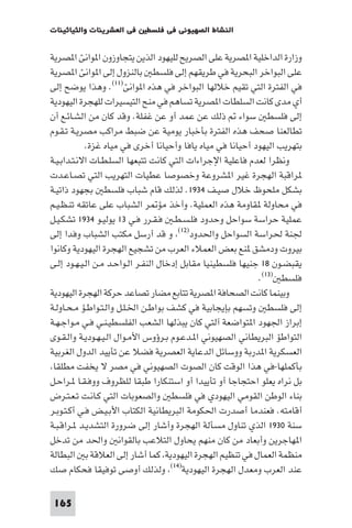 ‫ﻓﻲ اﻟﻌﺸﺮﻳﻨﺎت واﻟﺜﻴﺎﺛﻴﻨﺎت‬   ‫اﻟﻨﺸﺎط اﻟﺼﻬﻴﻮﻧﻲ ﻓﻲ ﻓﻠﺴﻄ‬

‫وزارة اﻟﺪاﺧﻠﻴﺔ ا ﺼﺮﻳﺔ ﻋﻠﻰ اﻟﺼﺮﻳﺢ ﻟﻠﻴﻬﻮد اﻟﺬﻳﻦ ﻳﺘﺠﺎوزون ا ﻮاﻧﺊ ا ﺼﺮﻳﺔ‬
‫ﻋﻠﻰ اﻟﺒﻮاﺧﺮ اﻟﺒﺤﺮﻳﺔ ﻓﻲ ﻃﺮﻳﻘﻬﻢ إﻟﻰ ﻓﻠﺴﻄ ﺑﺎﻟﻨﺰول إﻟﻰ ا ﻮاﻧﺊ ا ﺼﺮﻳﺔ‬
‫ﻓﻲ اﻟﻔﺘﺮة اﻟﺘﻲ ﺗﻘﻴﻢ ﺧﻼﻟﻬﺎ اﻟﺒﻮاﺧﺮ ﻓﻲ ﻫﺬه ا ﻮاﻧﺊ)١١(. وﻫﺬا ﻳﻮﺿﺢ إﻟﻰ‬
‫أي ﻣﺪى ﻛﺎﻧﺖ اﻟﺴﻠﻄﺎت ا ﺼﺮﻳﺔ ﺗﺴﺎﻫﻢ ﻓﻲ ﻣﻨﺢ اﻟﺘﻴﺴﻴﺮات ﻟﻠﻬﺠﺮة اﻟﻴﻬﻮدﻳﺔ‬
‫إﻟﻰ ﻓﻠﺴﻄ ﺳﻮاء ذﻟﻚ ﻋﻦ ﻋﻤﺪ أو ﻋﻦ ﻏﻔﻠﺔ. وﻗﺪ ﻛﺎن ﻣﻦ اﻟﺸـﺎﺋـﻊ أن‬
‫ﺗﻄﺎﻟﻌﻨﺎ ﺻﺤﻒ ﻫﺬه اﻟﻔﺘﺮة ﺑﺄﺧﺒﺎر ﻳﻮﻣﻴﺔ ﻋﻦ ﺿﺒﻂ ﻣﺮاﻛﺐ ﻣﺼﺮﻳـﺔ ﺗـﻘـﻮم‬
            ‫ﺑﺘﻬﺮﻳﺐ اﻟﻴﻬﻮد أﺣﻴﺎﻧﺎ ﻓﻲ ﻣﻴﺎه ﻳﺎﻓﺎ وأﺣﻴﺎﻧﺎ أﺧﺮى ﻓﻲ ﻣﻴﺎه ﻏﺰة.‬
‫وﻧﻈﺮا ﻟﻌﺪم ﻓﺎﻋﻠﻴﺔ اﻹﺟﺮاءات اﻟﺘﻲ ﻛﺎﻧﺖ ﺗﺘﺒﻌﻬﺎ اﻟﺴﻠـﻄـﺎت اﻻﻧـﺘـﺪاﺑـﻴـﺔ‬
‫ﺮاﻗﺒﺔ اﻟﻬﺠﺮة ﻏﻴﺮ ا ﺸﺮوﻋﺔ وﺧﺼﻮﺻﺎ ﻋﻄﻴﺎت اﻟﺘﻬﺮﻳﺐ اﻟﺘﻲ ﺗﺼـﺎﻋـﺪت‬
‫ﺑﺸﻜﻞ ﻣﻠﺤﻮظ ﺧﻼل ﺻﻴـﻒ ٤٣٩١. ﻟﺬﻟﻚ ﻗﺎم ﺷﺒﺎب ﻓﻠﺴﻄ ﺑﺠﻬﻮد ذاﺗﻴـﺔ‬
‫ﻓﻲ ﻣﺤﺎوﻟﺔ ﻘﺎوﻣﺔ ﻫﺬه اﻟﻌﻤﻠﻴﺔ. وأﺧﺬ ﻣﺆ ﺮ اﻟﺸﺒﺎب ﻋﻠﻰ ﻋﺎﺗﻘﻪ ﺗﻨـﻈـﻴـﻢ‬
‫ﻋﻤﻠﻴﺔ ﺣﺮاﺳﺔ ﺳﻮاﺣﻞ وﺣﺪود ﻓﻠـﺴـﻄـ ﻓـﻘـﺮر ﻓـﻲ ٣١ ﻳﻮﻟﻴـﻮ ٤٣٩١ ﺗﺸﻜـﻴـﻞ‬
‫ﳉﻨﺔ ﳊﺮاﺳﺔ اﻟﺴﻮاﺣﻞ واﳊﺪود)٢١( و ﻗﺪ أرﺳﻞ ﻣﻜﺘﺐ اﻟﺸﺒﺎب وﻓﺪا إﻟﻰ‬
‫ﺑﻴﺮوت ودﻣﺸﻖ ﻨﻊ ﺑﻌﺾ اﻟﻌﻤﻼء اﻟﻌﺮب ﻣﻦ ﺗﺸﺠﻴﻊ اﻟﻬﺠﺮة اﻟﻴﻬﻮدﻳﺔ وﻛﺎﻧﻮا‬
‫ﻳﻘﺒﻀـﻮن ٨١ ﺟﻨﻴﻬﺎ ﻓﻠﺴﻄﻴﻨﻴﺎ ﻣﻘﺎﺑﻞ إدﺧﺎل اﻟﻨﻔـﺮ اﻟـﻮاﺣـﺪ ﻣـﻦ اﻟـﻴـﻬـﻮد إﻟـﻰ‬
                                                             ‫ﻓﻠﺴﻄ )٣١(.‬
‫وﺑﻴﻨﻤﺎ ﻛﺎﻧﺖ اﻟﺼﺤﺎﻓﺔ ا ﺼﺮﻳﺔ ﺗﺘﺎﺑﻊ ﻣﻀﺎر ﺗﺼﺎﻋﺪ ﺣﺮﻛﺔ اﻟﻬﺠﺮة اﻟﻴﻬﻮدﻳﺔ‬
‫إﻟﻰ ﻓﻠﺴﻄ وﺗﺴﻬﻢ ﺑﺈﻳﺠﺎﺑﻴﺔ ﻓﻲ ﻛﺸﻒ ﺑﻮاﻃـﻦ اﳋـﻠـﻞ واﻟـﺘـﻮاﻃـﺆ ﻣـﺤـﺎوﻟـﺔ‬
‫إﺑﺮاز اﳉﻬﻮد ا ﺘﻮاﺿﻌﺔ آﻟﺘﻲ ﻛﺎن ﻳﺒﺬﻟﻬﺎ اﻟﺸﻌﺐ اﻟﻔﻠﺴﻄﻴـﻨـﻲ ﻓـﻲ ﻣـﻮاﺟـﻬـﺔ‬
‫اﻟﺘﻮاﻃﺆ اﻟﺒﺮﻳﻄﺎﻧﻲ اﻟﺼﻬﻴﻮﻧﻲ ا ـﺪﻋـﻮم ﺑـﺮؤوس اﻷﻣـﻮال اﻟـﻴـﻬـﻮدﻳـﺔ واﻟـﻘـﻮى‬
‫اﻟﻌﺴﻜﺮﻳﺔ ا ﺪرﺑﺔ ووﺳﺎﺋﻞ اﻟﺪﻋﺎﻳﺔ اﻟﻌﺼﺮﻳﺔ ﻓﻀﻼ ﻋﻦ ﺗﺄﻳﻴﺪ اﻟﺪول اﻟﻐﺮﺑﻴﺔ‬
 ‫ﺑﺄﻛﻤﻠﻬﺎ-ﻓﻲ ﻫﺬا اﻟﻮﻗﺖ ﻛﺎن اﻟﺼﻮت اﻟﺼﻬﻴﻮﻧﻲ ﻓﻲ ﻣﺼﺮ ﻻ ﻳﺨﻔﺖ ﻣﻄﻠﻘﺎ‬
‫ﺑﻞ ﻧﺮاه ﻳﻌﻠﻮ اﺣﺘﺠﺎﺟﺎ أو ﺗﺄﻳﻴﺪا أو اﺳﺘﻨﻜﺎرا ﻃﺒﻘﺎ ﻟﻠﻈﺮوف ووﻓـﻘـﺎ ـﺮاﺣـﻞ‬
‫ﺑﻨﺎء اﻟﻮﻃﻦ اﻟﻘﻮﻣﻲ اﻟﻴﻬﻮدي ﻓﻲ ﻓﻠﺴﻄ واﻟﺼﻌﻮﺑﺎت اﻟﺘﻲ ﻛـﺎﻧـﺖ ﺗـﻌـﺘـﺮض‬
‫أﻗﺎﻣﺘﻪ. ﻓﻌﻨﺪﻣﺎ أﺻﺪرت اﳊﻜﻮﻣﺔ اﻟﺒﺮﻳﻄﺎﻧﻴﺔ اﻟﻜﺘﺎب اﻷﺑـﻴـﺾ ﻓـﻲ أﻛـﺘـﻮﺑـﺮ‬
‫ﺳﻨﺔ ٠٣٩١ اﻟﺬي ﺗﻨﺎول ﻣﺴﺄﻟﺔ اﻟﻬﺠﺮة وأﺷﺎر إﻟﻰ ﺿﺮورة اﻟﺘﺸﺪﻳـﺪ ـﺮاﻗـﺒـﺔ‬
‫ا ﻬﺎﺟﺮﻳﻦ وأﺑﻌﺎد ﻣﻦ ﻛﺎن ﻣﻨﻬﻢ ﻳﺤﺎول اﻟﺘﻼﻋﺐ ﺑﺎﻟﻘﻮاﻧ واﳊﺪ ﻣﻦ ﺗﺪﺧﻞ‬
‫ﻣﻨﻈﻤﺔ اﻟﻌﻤﺎل ﻓﻲ ﺗﻨﻈﻴﻢ اﻟﻬﺠﺮة اﻟﻴﻬﻮدﻳﺔ ﻛﻤﺎ أﺷﺎر إﻟﻰ اﻟﻌﻼﻗﺔ ﺑ اﻟﺒﻄﺎﻟﺔ‬
‫ﻋﻨﺪ اﻟﻌﺮب وﻣﻌﺪل اﻟﻬﺠﺮة اﻟﻴﻬﻮدﻳﺔ)٤١( وﻟﺬﻟﻚ أوﺻﻰ ﺗﻮﻓﻴﻘﺎ ﻓﺤﻜﺎم ﺻﻚ‬

 ‫561‬
 