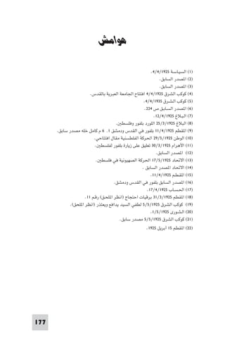 ‫ﻓﻲ اﻟﻌﺸﺮﻳﻨﺎت واﻟﺜﻴﺎﺛﻴﻨﺎت‬      ‫اﻟﻨﺸﺎط اﻟﺼﻬﻴﻮﻧﻲ ﻓﻲ ﻓﻠﺴﻄ‬


                                ‫ﻫﻮاﻣﺶ‬

                                                             ‫)١( اﻟﺴﻴـﺎﺳـﺔ ٥٢٩١/٤/٤.‬
                                                                  ‫)٢( ا ﺼﺪر اﻟﺴﺎﺑﻖ.‬
                                                                  ‫)٣( ا ﺼﺪر اﻟﺴﺎﺑﻖ.‬
                            ‫)٤( ﻛﻮﻛﺐ اﻟﺸﺮق ٥٢٩١/٤/٤ اﻓﺘﺘﺎح اﳉﺎﻣﻌﺔ اﻟﻌﺒﺮﻳﺔ ﺑﺎﻟﻘﺪس.‬
                                                         ‫)٥( ﻛﻮﻛﺐ اﻟـﺸـﺮق ٥٣٩١/٤/٤.‬
                                                         ‫)٦( ا ﺼﺪر اﻟﺴـﺎﺑـﻖ ص ٤٢٢.‬
                                                               ‫)٧( اﻟـﺒـﻼغ ٥٢٩١/٤/٢١.‬
                                           ‫)٨( اﻟﺒﻼغ ٥٢٩١/٣/٥٢ اﻟﻠﻮرد ﺑﻠﻔﻮر وﻓﻠﺴﻄ .‬
          ‫)٩( ا ﻘﻄﻢ ٥٢٩١/٤/١١ ﺑﻠﻔﻮر ﻓﻲ اﻟﻘﺪس ودﻣﺸﻖ ١٬ ٦ م ﻛﺎﻣﻞ ﺧﻠﻪ ﻣﺼﺪر ﺳﺎﺑﻖ.‬
                              ‫)٠١( اﻟﻮﻃﻦ ٥٢٩١/٥/٩٢ اﳊﺮﻛﺔ اﻟﻔﻠﻄﺴﻨﻴﺔ ﻣﻘﺎل اﻓﺘﺘﺎﺣﻲ.‬
                               ‫)١١( اﻷﻫﺮام ٥٢٩١/٣/٠٣ ﺗﻌﻠﻴﻖ ﻋﻠﻰ زﻳﺎرة ﺑﻠﻔﻮر ﻟﻔﻠﺴﻄ .‬
                                                                ‫)٢١( ا ﺼﺪر اﻟﺴﺎﺑﻖ.‬
                                ‫)٣١( اﻻﲢﺎد ٥٢٩١/٥/٧١ اﳊﺮﻛﺔ اﻟﺼﻬﻴﻮﻧﻴﺔ ﻓﻲ ﻓﻠﺴﻄ .‬
                                                        ‫)٤١( اﻻﲢﺎد ا ﺼﺪر اﻟﺴﺎﺑﻖ .‬
                                                             ‫)٥١( ا ﻘـﻄـﻢ ٥٢٩١/٤/١١.‬
                                          ‫)٦١( ا ﺼﺪر اﻟﺴﺎﺑﻖ ﺑﻠﻔﻮر ﻓﻲ اﻟﻘﺪس ودﻣﺸﻖ.‬
                                                           ‫)٧١( اﳊـﺴـﺎب ٥٢٩١/٤/٧١.‬
                         ‫)٨١( ا ﻘﻄﻢ ٥٢٩١/٣/١٣ ﺑﺮﻗﻴﺎت اﺣﺘﺠﺎج )اﻧﻈﺮ ا ﻠﺤـﻖ( رﻗـﻢ ١١.‬
                 ‫)٩١( ﻛﻮﻛﺐ اﻟﺸﺮق ٥٢٩١/٥/٥ ﻟﻄﻔﻲ اﻟﺴﻴﺪ ﻳﺪاﻓﻊ وﻳﻌﺘﺬر )اﻧﻈﺮ ا ﻠﺤﻖ(.‬
                                                             ‫)٠٢( اﻟـﺸـﻮرى ٥٢٩١/٥/١.‬
                                             ‫)١٢( ﻛﻮﻛﺐ اﻟﺸﺮق ٥٢٩١/٥/٥ ﻣﺼﺪر ﺳﺎﺑﻖ.‬
                                                           ‫)٢٢( ا ﻘﻄﻢ ٥١ أﺑﺮﻳﻞ ٥٢٩١.‬




‫771‬
 