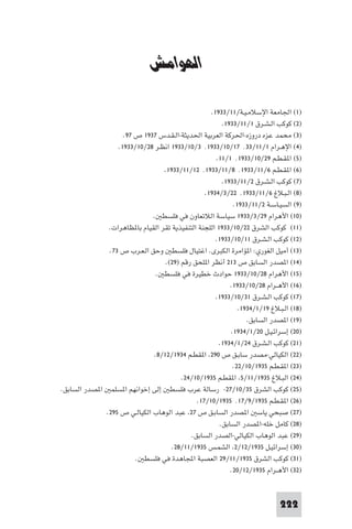 ‫ﻣﺼﺮ وﻓﻠﺴﻄ‬


                              ‫اﻟﻬﻮاﻣﺶ‬

                                                  ‫)١( اﳉﺎﻣﻌﺔ اﻹﺳﻼﻣـﻴـﺔ/١١/٣٣٩١.‬
                                                       ‫)٢( ﻛﻮﻛﺐ اﻟـﺸـﺮق ١/١١/٣٣٩١.‬
                   ‫)٣( ﻣﺤﻤﺪ ﻋﺰه دروزه-اﳊﺮﻛﺔ اﻟﻌﺮﺑﻴﺔ اﳊﺪﻳﺜﺔ-اﻟـﻘـﺪس ٧٣٩١ ص ٧٩.‬
                 ‫)٤( اﻹﻫـﺮام ١/١١/٣٣٬ ٧١/٠١/٣٣٩١٬ ٣/٠١/٣٣٩١ اﻧﻈـﺮ ٨٢/٠١/٣٣٩١.‬
                                                     ‫)٥( ا ﻘـﻄـﻢ ٩٢/٠١/٣٣٩١٬ ١/١١.‬
                                 ‫)٦( ا ﻘـﻄـﻢ ٦/١١/٣٣٩١٬ ٨/١١/٣٣٩١٬ ٢١/١١/٣٣٩١.‬
                                                       ‫)٧( ﻛﻮﻛﺐ اﻟـﺸـﺮق ٢/١١/٣٣٩١.‬
                                                ‫)٨( اﻟـﺒـﻼغ ٦/١١/٣٣٩١٬ ٢٢/٣/٤٣٩١.‬
                                                           ‫)٩( اﻟﺴﻴـﺎﺳـﺔ ٢/١١/٣٣٩١.‬
                             ‫)٠١( اﻷﻫﺮام ٩٢/٣/٣٣٩١ ﺳﻴﺎﺳﺔ اﻟﻼﺗﻌﺎون ﻓﻲ ﻓﻠﺴﻄ .‬
              ‫)١١( ﻛﻮﻛﺐ اﻟﺸﺮق ٢٢/٠١/٣٣٩١ اﻟﻠﺠﻨﺔ اﻟﺘﻨﻔﻴﺬﻳﺔ ﺗﻘﺮ اﻟﻘﻴﺎم ﺑﺎ ﻈﺎﻫﺮات.‬
                                                    ‫)٢١( ﻛﻮﻛﺐ اﻟـﺸـﺮق ١١/٠١/٣٣٩١.‬
              ‫)٣١( أﻣﻴﻞ اﻟﻐﻮري: ا ﺆاﻣﺮة اﻟﻜﺒﺮى. اﻏﺘﻴﺎل ﻓﻠﺴﻄ وﺣﻖ اﻟـﻌـﺮب ص ٣٧.‬
                                 ‫)٤١( ا ﺼﺪر اﻟﺴﺎﺑﻖ ص ٣١٢ أﻧﻈﺮ ا ﻠﺤﻖ رﻗﻢ )٩٢(.‬
                              ‫)٥١( اﻷﻫﺮام ٨٢/٠١/٣٣٩١ ﺣﻮادث ﺧﻄﻴﺮة ﻓﻲ ﻓﻠﺴﻄ .‬
                                                          ‫)٦١( اﻷﻫــﺮام ٨٢/٠١/٣٣٩١.‬
                                                    ‫)٧١( ﻛﻮﻛﺐ اﻟـﺸـﺮق ١٣/٠١/٣٣٩١.‬
                                                             ‫)٨١( اﻟـﺒـﻼغ ٩١/١/٤٣٩١.‬
                                                                ‫)٩١( ا ﺼﺪر اﻟﺴﺎﺑﻖ.‬
                                                          ‫)٠٢( إﺳﺮاﺋـﻴـﻞ ٠٢/١/٤٣٩١.‬
                                                      ‫)١٢( ﻛﻮﻛﺐ اﻟـﺸـﺮق ٤٢/١/٤٣٩١.‬
                             ‫)٢٢( اﻟﻜﻴﺎﻟﻲ-ﻣﺼﺪر ﺳﺎﺑـﻖ ص ٠٩٢ ا ﻘﻄـﻢ ٤٣٩١/٢١/٨.‬
                                                           ‫)٣٢( ا ﻘـﻄـﻢ ٥٣٩١/٠١/٢٢.‬
                                       ‫)٤٢( اﻟﺒـﻼغ ٥٣٩١/١١/٥ ا ﻘﻄـﻢ ٥٣٩١/٠١/٤٢.‬
‫)٥٢( ﻛﻮﻛﺐ اﻟﺸﺮق ٥٣/٠١/٧٢- رﺳﺎﻟﺔ ﻋﺮب ﻓﻠﺴﻄ إﻟﻰ إﺧﻮاﻧﻬﻢ ا ﺴﻠﻤ ا ﺼﺪر اﻟﺴﺎﺑﻖ.‬
                                             ‫)٦٢( ا ﻘـﻄـﻢ ٥٣٩١/٩/٧١٬ ٥٣٩١/٠١/٧١.‬
             ‫)٧٢( ﺻﺒﺤﻲ ﻳﺎﺳ ا ﺼﺪر اﻟﺴﺎﺑـﻖ ص ٧٢ ﻋﺒﺪ اﻟﻮﻫﺎب اﻟﻜﻴﺎﻟـﻲ ص ٥٩٢.‬
                                                      ‫)٨٢( ﻛﺎﻣﻞ ﺧﻠﻪ-ا ﺼﺪر اﻟﺴﺎﺑﻖ.‬
                                           ‫)٩٢( ﻋﺒﺪ اﻟﻮﻫﺎب اﻟﻜﻴﺎﻟﻲ-اﻟﺼﺪر اﻟﺴﺎﺑﻖ.‬
                                    ‫)٠٣( إﺳﺮاﺋﻴـﻞ ٥٣٩١/٢١/٢ اﻟﺸﻤـﺲ ٥٣٩١/١١/٨٢.‬
                       ‫)١٣( ﻛﻮﻛﺐ اﻟﺸﺮق ٥٣٩١/١١/٩٢ اﻟﻌﺼﺒﺔ اﺠﻤﻟﺎﻫﺪة ﻓﻲ ﻓﻠﺴﻄ .‬
                                                          ‫)٢٣( اﻷﻫــﺮام ٥٣٩١/٢١/٠٢.‬


                                                                            ‫222‬
 