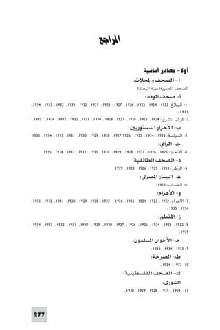 ‫ا ﺮاﺟﻊ‬


                                   ‫اﳌﺮاﺟﻊ‬

                                                           ‫أوﻻ- ﻣﺼﺎدر أﺳﺎﺳﻴﺔ‬
                                                     ‫١- اﻟﺼﺤﻒ واﺠﻤﻟﻼت:‬
                                                       ‫اﻟﺼﺤﻒ ا ﺼﺮﻳﺔ)ﻋﻴﻨﺔ اﻟﺒﺤﺚ(‬
                                                           ‫أ- ﺻﺤﻒ اﻟﻮﻓﺪ:‬
‫١- اﻟـﺒــﻼغ: ٣٢٩١٬ ٤٢٩١٬ ٥٢٩١٬ ٦٢٩١٬ ٧٢٩١٬ ٨٢٩١٬ ٩٢٩١٬ ٠٣٩١٬ ١٣٩١٬ ٢٣٩١٬ ٣٣٩١٬ ٤٣٩١‬
                                                                            ‫٥٣٩١.‬
‫٢- ﻛﻮﻛﺐ ا ﺸﺮق: ٤٢٩١٬ ٥٢٩١٬ ٦٢٩١٬ ٧٢٩١٬ ٨٢٩١٬ ٠٣٩١٬ ١٣٩١٬ ٢٣٩١٬ ٢٣٩١٬ ٤٣٩١٬ ٥٣٩١.‬
                                                   ‫ب- اﻷﺣﺮار اﻟﺪﺳﺘﻮرﻳ :‬
‫٣- اﻟﺴﻴﺎﺳﺔ: ٣٢٩١٬ ٤٢٩١٬ ٥٢٩١٬ ٦٢٩١ ٧٢٩١٬ ٨٢٩١٬ ٩٢٩١٬ ٠٣٩١٬ ١٣٩١٬ ٣٣٩١٬ ٤٣٩١٬ ٥٣٩١‬
                                                                  ‫ﺟـ- اﻟﺮأي:‬
      ‫٤- اﻻﲢﺎد: ٥٢٩١٬ ٦٢٩١٬ ٧٢٩١٬ ٨٢٩١٬ ٩٢٩١٬ ٠٣٩١٬ ١٣٩١٬ ٢٣٩١٬ ٣٣٩١٬ ٤٣٩١٬ ٥٣٩١‬
                                                     ‫د- اﻟﺼﺤﻒ اﻟﻄﺎﺋﻔﻴﺔ:‬
                                           ‫٥- اﻟﻮﻃﻦ: ٤٢٩١٬ ٥٢٩١٬ ٦٢٩١٬ ٨٢٩١٬ ٩٢٩١‬
                                                         ‫ﻫـ- اﻟﻴﺴﺎر ا ﺼﺮي:‬
                                                                 ‫٦- اﳊﺴﺎب: ٥٢٩١.‬
                                                                  ‫و- اﻷﻫﺮام:‬
‫٧- اﻷﻫﺮام: ٢٢٩١٬ ٣٢٩١٬ ٤٢٩١٬ ٥٢٩١٬ ٦٢٩١٬ ٧٢٩١٬ ٨٢٩١٬ ٩٢٩١٬ ٠٣٩١٬ ١٣٩١٬ ٢٣٩١٬ ٣٣٩١‬
                                                                     ‫٤٣٩١٬ ٥٣٩١.‬
                                                                   ‫ز- ا ﻘﻄﻢ:‬
‫٨- ٢٢٩١٬ ٣٢٩١٬ ٤٢٩١٬ ٥٢٩١٬ ٦٢٩١٬ ٧٢٩١٬ ٨٢٩١٬ ٩٢٩١٬ ٠٣٩١٬ ١٣٩١٬ ٢٣٩١٬ ٣٣٩١٬ ٤٣٩١‬
                                                                          ‫٥٣٩١.‬
                                                     ‫ﺣـ- اﻷﺧﻮان ا ﺴﻠﻤﻮن:‬
                                                               ‫٩- ٣٣٩١٬ ٤٣٩١٬ ٥٣٩١.‬
                                                               ‫ط- اﻟﺼﺮﺧﺔ:‬
                                                                    ‫٠١- ٣٣٩١٬ ٤٣٩١.‬
                                                ‫ك- اﻟﺼﺤﻒ اﻟﻔﻠﺴﻄﻴﻨﻴﺔ:‬
                                                              ‫اﻟﺸﻮرى:‬
                                                 ‫١١- ٤٢٩١٬ ٥٣٩١٬ ٨٢٩١٬ ٩٢٩١٬ ٠٣٩١.‬



‫772‬
 
