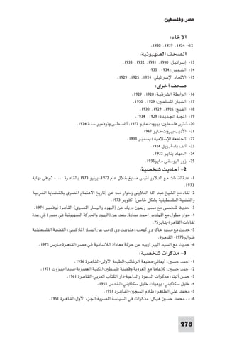 ‫ﻣﺼﺮ وﻓﻠﺴﻄ‬

                                                                              ‫اﻹﺧﺎء:‬
                                                                    ‫٢١- ٤٢٩١٬ ٩٣٩١٬ ٠٣٩١.‬
                                                             ‫اﻟﺼﺤﻒ اﻟﺼﻬﻴﻮﻧﻴﺔ:‬
                                                   ‫٣١- إﺳﺮاﺋـﻴـﻞ: ٠٣٩١٬ ١٣٩١٬ ٢٣٩١٬ ٣٣٩١.‬
                                                                ‫٤١- اﻟﺸـﻤـﺲ: ٤٣٩١٬ ٥٣٩١.‬
                                                ‫٥١- اﻻﲢﺎد اﻹﺳﺮاﺋﻴﻠﻲ: ٤٢٩١٬ ٥٢٩١٬ ٩٢٩١.‬
                                                                      ‫ﺻﺤﻒ أﺧﺮى:‬
                                                    ‫٦١- اﻟﺮاﺑﻄﺔ اﻟﺸﺮﻗـﻴـﺔ: ٨٢٩١٬ ٩٢٩١.‬
                                                     ‫٧١- اﻟﺸﺒﺎن ا ﺴﻠـﻤـ : ٩٢٩١٬ ٠٣٩١.‬
                                                         ‫٨١- اﻟﻔـﺘـﺢ: ٦٢٩١٬ ٩٢٩١٬ ٠٣٩١.‬
                                                      ‫٩١- اﺠﻤﻟﻠﺔ اﳉـﺪﻳـﺪة: ٩٢٩١٬ ٤٣٩١.‬
                         ‫٠٢- ﺷﺌﻮن ﻓﻠﺴﻄ : ﺑﻴﺮوت ﻣﺎﻳـﻮ ٢٧٩١ أﻏﺴﻄﺲ وﻧﻮﻓﻤﺒﺮ ﺳﻨـﺔ ٤٧٩١.‬
                                                          ‫١٢- اﻷدﻳﺐ-ﺑﻴﺮوت-ﻣـﺎﻳـﻮ ٧٦٩١.‬
                                                 ‫٢٢- اﳉﺎﻣﻌﺔ اﻹﺳﻼﻣﻴﺔ دﻳﺴﻤـﺒـﺮ ٣٣٩١.‬
                                                               ‫٣٢- آﻟﻒ ﺑﺎء-أﺑـﺮﻳـﻞ ٤٢٩١.‬
                                                                ‫٤٢- اﳉﻬﺎد ﻳﻨـﺎﻳـﺮ ٢٣٩١.‬
                                                            ‫٥٢- زور اﻟﻴﻮﺳﻔﻲ ﻣـﺎﻳـﻮ٥٣٩١.‬
                                                             ‫٢- أﺣﺎدﻳﺚ ﺷﺨﺼﻴﺔ:‬
‫١- ﻋﺪة ﻟﻘﺎءات ﻣﻊ اﻟﺪﻛﺘﻮر أﻧﻴﺲ ﺻﺎﻳﻎ ﺧﻼل ﻋﺎم ٢٧٩١ ﻳﻮﻧﻴﻮ ٣٧٩١ ﺑﺎﻟﻘﺎﻫﺮة .. .. ﺛﻢ ﻓﻲ ﻧﻬﺎﻳﺔ‬
                                                                                       ‫٣٧٩١.‬
‫٢- ﻟﻘﺎء ﻣﻊ اﻟﺸﻴﺦ ﻋﺒﺪ اﻟﻠﻪ اﻟﻌﻼﻳﻠﻲ وﺣﻮار ﻣﻌﻪ ﻋﻦ )ﺗﺎرﻳﺦ اﻻﻫﺘﻤﺎم ا ﺼﺮي ﺑﺎﻟﻘـﻀـﺎﻳـﺎ اﻟـﻌـﺮﺑـﻴـﺔ‬
                                              ‫واﻟﻘﻀﻴﺔ اﻟﻔﻠﺴﻄﻴﻨﻴﺔ ﺑﺸﻜﻞ ﺧﺎص( أﻛﺘـﻮﺑـﺮ ٣٧٩١.‬
 ‫٣- ﺣﺪﻳﺚ ﺷﺨﺼﻲ ﻣﻊ ﻣﺴﻴﻮ ر ﻮن دوﻳﻚ ﻋﻦ )اﻟﻴﻬﻮد واﻟﻴﺴﺎر ا ﺼﺮي(-اﻟﻘﺎﻫﺮة-ﻧﻮﻓﻤـﺒـﺮ ٤٧٩١.‬
‫٤- ﺣﻮار ﻣﻄﻮل ﻣﻊ ا ﻬﻨﺪس اﺣﻤﺪ ﺻﺎدق ﺳﻌﺪ ﻋﻦ )اﻟﻴﻬﻮد واﳊﺮﻛﺔ اﻟﺼﻬﻴﻮﻧﻴﺔ ﻓﻲ ﻣﺼﺮ( ﻓﻲ ﻋﺪة‬
                                                                    ‫ﻟﻘﺎءات اﻟﻘﺎﻫﺮة-ﻳﻨـﺎﻳـﺮ٥٧.‬
‫٥- ﺣﺪﻳﺚ ﻣﻊ ﻣﺴﻴﻮ ﺟﺎﻛﻮ دي ﻛﻮﻣﺐ وﻫﻨﺮﻳﻴﺖ دي ﻛﻮﻣﺐ ﻋﻦ اﻟﻴﺴﺎر ا ﺎرﻛﺴﻲ واﻟﻘﻀﻴﺔ اﻟﻔﻠﺴﻄﻴﻨﻴﺔ‬
                                                                        ‫ﻓﺒﺮاﻳﺮ٥٧٩١- اﻟﻘﺎﻫﺮة.‬
     ‫٦- ﺣﺪﻳﺚ ﻣﻊ اﻟﺴﻴﺪ اﻟﺒﻴﺮ ارﺑﻴﻪ ﻋﻦ ﺣﺮﻛﺔ ﻣﻌﺎداة اﻟﻼﺳﺎﻣﻴﺔ ﻓﻲ ﻣﺼﺮ-اﻟﻘﺎﻫـﺮة-ﻣـﺎرس ٥٧٩١.‬
                                                             ‫٣- ﻣﺬﻛﺮات ﺷﺨﺼﻴﺔ:‬
                       ‫١- اﺣﻤﺪ ﺣﺴ : أ ﺎﻧﻲ-ﻣﻄﺒﻌﺔ اﻟﺮﻏﺎﺋﺐ-اﻟﻄﺒﻌﺔ اﻷوﻟﻰ-اﻟﻘـﺎﻫـﺮة ٦٣٩١.‬
    ‫٢- اﺣﻤﺪ ﺣﺴ : ٠٥ﻋﺎﻣﺎ ﻣﻊ اﻟﻌﺮوﺑﺔ وﻗﻀﻴﺔ ﻓﻠﺴﻄ -ا ﻜﺘﺒﺔ اﻟﻌﺼﺮﻳﺔ-ﺻﻴﺪا-ﺑـﻴـﺮوت ١٧٩١.‬
                   ‫٣- ﺣﺴﻦ أﻟﺒﻨﺎ: ﻣﺬﻛﺮات اﻟﺪﻋﻮة واﻟﺪاﻋﻴﺔ-دار اﻟﻜﺘﺎب اﻟﻌﺮﺑﻲ-اﻟﻘـﺎﻫـﺮة ١٦٩١.‬
                                     ‫٤- ﺧﻠﻴﻞ ﺳﻜﺎﻛﻴﻨﻲ: ﻳﻮﻣﻴﺎت ﺧﻠﻴﻞ ﺳﻜﺎﻛﻴﻨﻲ-اﻟـﻘـﺪس ٥٥٩١.‬
                                        ‫٥- ﻣﺤﻤﺪ ﻋﻠﻲ اﻟﻄﺎﻫﺮ: ﻇﻼم اﻟﺴﺠ -اﻟﻘـﺎﻫـﺮة ١٥٩١.‬
        ‫٦- د. ﻣﺤﻤﺪ ﺣﺴ ﻫﻴﻜﻞ: ﻣﺬﻛﺮات ﻓﻲ اﻟﺴﻴﺎﺳﺔ ا ﺼﺮﻳﺔ-اﳉﺰء اﻷول-اﻟﻘـﺎﻫـﺮة ١٥٩١.‬



                                                                                     ‫872‬
 