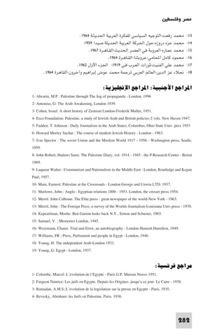 ‫ﻣﺼﺮ وﻓﻠﺴﻄ‬

                          .١٩٦٤ ‫ﻣﺤﻤﺪ رﻓﻌﺖ-اﻟﺘﻮﺟﻴﻪ اﻟﺴﻴﺎﺳﻲ ﻟﻠﻔﻜﺮة اﻟﻌﺮﺑﻴﺔ اﳊﺪﻳـﺜـﺔ‬                 -١٣
                             ١٩٥٩ ‫ﻣﺤﻤﺪ ﻋﺰه دروزه-ﺣﻮل اﳊﺮﻛﺔ اﻟﻌﺮﺑﻴﺔ اﳊﺪﻳﺜﺔ-ﺻﻴﺪا‬                    -١٤
                               .١٩٦٧ ‫ﻣﺤﻤﺪ ﻋﻤﺎره-اﻟﻌﺮوﺑﺔ ﻓﻲ اﻟﻌﺼﺮ اﳊﺪﻳﺚ-اﻟﻘـﺎﻫـﺮة‬                  -١٥
                                          .١٩٦٤ ‫ﻣﺤﻤﻮد ﻛﺎﻣﻞ اﶈﺎﻣﻲ-ﻋﺮوﺑﺘﻨﺎ-اﻟﻘـﺎﻫـﺮة‬                -١٦
                         .١٩٦٢ ‫ﻣﺤﻤﺪ ﻋﻠﻲ اﻟﻔﻨﻴﺖ-ﺛﻮرات اﻟﻌـﺮب ﻓـﻲ ٩١٩١- اﳉﺰء اﻷول‬                   -١٧
       .١٩٦٤ ‫ﳒﻼء ﻋﺰ اﻟﺪﻳﻦ-اﻟﻌﺎﻟﻢ اﻟﻌﺮﺑﻲ ﺗﺮﺟﻤﺔ ﻣﺤﻤﺪ ﻋﻮض إﺑﺮاﻫﻴﻢ وآﺧﺮون-اﻟﻘﺎﻫﺮة‬                     -١٨

                                            :‫اﳌﺮاﺟﻊ اﻷﺟﻨﺒﻴﺔ: اﳌﺮاﺟﻊ اﻹﳒﻠﻴﺰﻳﺔ‬
1- Abcariu, M.P : Palestine through The Jog of propaganda - London, 1996
2- Antonius, G: The Arab Awakening, London 1939.
3- Cohen, Israel: A short history of Zionism London-Frederik Muller, 1951.
4- Esco Foundation: Palestine, a study of Jewish Arab and British policies-2 vols. New Haven 1947.
5- Fadden. T. Johnson : Daily Journalism in the Arab States, Columbus, Ohio State Univ. prex 1953
6- Howard Morley Sachar : The course of modern Jewish History - London - 1963.
7- Ivar Spector : The soviet Union and the Moslem World 1917 - 1956 - Washington press, Seatle,
1959.
8- John Robert, Hadawi Sami: The Palestine Diary, vol. 1914 - 1945 - the P.Research Center - Beirut
1969.
9- Laqueur Walter : Communism and Nationalism in the Middle East - London, Routledge and Kegan
Paul, 1957.
10- Main, Earnest: Palestine at the Crossroads - London George and Unwin LTD. 1937.
11- Marlowe, John : Anglo - Egyptian relations 1800 - 1953. London, the cresset press 1954.
12- Merril. John Calhoun: The Elite press - great newspaper of the world-New York - 1963.
13- Merril, John : The Foreign Press, a survey of the Worlds Journalism Louisiana Univ.press - 1970.
14- Kepearlman, Moshe: Ben Gurion looks back N.Y., Simon and Schuster, 1965.
15- Samuel, V. : Memories London, 1945.
16- Weizmann, Chaim: Trial and Error, an autobiography - London-Hamish Hamilton, 1949.
17- Williams, FR : Press, Parliament and people in Egypt - London, 1946.
18- Young, H: The independent Arab-London 1933.
19- Young, G: Egypt - London, 1937.

                                                                             :‫ﻣﺮاﺟﻊ ﻓﺮﻧﺴﻴﺔ‬
1- Colombe, Marcel: L’evolution de l’Egypte - Paris G.P. Maison Neuve 1951.
2- Fargeon Naurice: Les juifs en Egypte. Depuis les Origines. jusqu‘a ce jour. Le Caire - 1938.
3- Ramadan, A.M.S; L’evolution de la logislation sur la presse en Egypte - Paris, 1935.
4- Revesky, Abraham: les Juifs en Palestine, Paris. 1936.



                                                                                            282
 