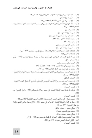 ‫اﻟﺘﻴﺎرات اﻟﻔﻜﺮﻳﺔ واﻟﺴﻴﺎﺳﻴﺔ اﻟﺴﺎﺋﺪة ﻓﻲ ﻣﺼﺮ‬

                       ‫)٤٢( د. ﻋﺒﺪ اﻟﺮﺣﻤﻦ اﻟﺒﺮاز-ﺑﺤﻮث اﻟﻘﻮﻣﻴﺔ اﻟﻌﺮﺑﻴﺔ-ﺑـﻴـﺮوت ٨٥- ص ٨١٢.‬
                                                                  ‫)٥٢( د. أﻧﻴﺲ ﺻﺎﻳﻎ-ﻣﺼﺪر.‬
                                    ‫)٦٢( ﺻﻼح ﻋﻴﺴﻰ-اﻟﺜﻮرة اﻟﻌﺮﺑﻴﺔ-اﻟﻘـﺎﻫـﺮة ٢٧٩١ ص ٣١٢.‬
‫)٧٢( د. ﻋﺒﺪ اﻟﺮﺣﻴﻢ ﻣﺼﻄﻔﻰ-ﺗﻄﻮر اﻟﻔﻜﺮ اﻟﺴﻴﺎﺳﻲ ﻓﻲ ﻣﺼﺮ اﳊﺪﻳﺜﺔ-ﻣﻌﻬﺪ اﻟﺪراﺳﺎت اﻟﻌﺮﺑﻴﺔ-‬
                                                                       ‫اﻟﻘـﺎﻫـﺮة ٣٧٩١- ص ٧٤.‬
                                                                          ‫)٨٢( ا ﺼﺪر اﻟﺴﺎﺑﻖ.‬
                                                               ‫)٩٢( أﻧﻴﺲ ﺻﺎﻳﻎ-ﻣﺼﺪر ﺳﺎﺑﻖ.‬
                                                 ‫)٠٣( د. ﻋﺒﺪ اﻟﺮﺣﻴﻢ ﻣﺼﻄﻔﻰ-ﻣﺼﺪر ﺳﺎﺑﻖ.‬
                                                       ‫)١٣( ﺻﺪرت ﻃﺒﻌﺘﻪ اﻷوﻟﻰ ﺳـﻨـﺔ ٧٣٩١.‬
                                                                        ‫)٢٣( ﺻﺪر ﺳـﻨـﺔ ٣٥٩١.‬
                                                            ‫)٣٣( ﻣﺤﻤﻮد ﻓﻴﺎض-ﻣﺼﺪر ﺳﺎﺑﻖ.‬
                                                           ‫)٤٣( د. أﻧﻴﺲ ﺻﺎﻳﻎ-ﻣﺼﺪر ﺳﺎﺑﻖ.‬
         ‫)٥٣( ا ﻘﺘﻄﻒ-ﺗﺮاث ﻣﺼﺮ اﻟﻘﺪ ﺔ-ﻣﻘﺎل ﻟﻸﺳﺘﺎذ ﺣﺴ ﻣﺆﻧﺲ. ﺳﺒﺘﻤـﺒـﺮ ٩٣٩١- ص ٣.‬
                                                                   ‫)٦٣( ا ﻘﺘﻄـﻒ ﻣـﺎرس ٦٢٩١.‬
‫)٧٣( أﻧﻮر اﳉﻨﺪي-اﻟﺼﺤﺎﻓﺔ اﻟﺴﻴﺎﺳﻴﺔ ﻓـﻲ ﻣـﺼـﺮ ﻓـﺘـﺮة ﻣـﺎ ﺑـ اﳊـﺮﺑـ -اﻟـﻘـﺎﻫـﺮة ٢٦٩١- أﻧﻴـﺲ‬
                                                                           ‫ﺻﺎﻳﻎ-ﻣﺼﺪر ﺳﺎﺑﻖ.‬
                                                              ‫)٨٣( أﻧﻴﺲ ﺻﺎﻳﻎ-ﻣﺼﺪر ﺳﺎﺑﻖ.‬
                               ‫)٩٣( اﺣﻤﺪ ﻃﺮﺑ -اﻟﻮﺣﺪة اﻟﻌﺮﺑﻴﺔ ٦١٩١- ٥٤٩١- اﻟﻘﺎﻫﺮة ٨٦٩١‬
                                  ‫)٠٤( ﻣﺤﻤﺪ ﻋﻮض ﻣﺤﻤﺪ-ﻧﻬﺮ اﻟﻨﻴﻞ-اﻟﻘـﺎﻫـﺮة ٤٥٩١ ص ٨٣١.‬
‫)١٤( د. ﻋﺒﺪ اﻟﺮﺣﻴﻢ ﻣﺼﻄﻔﻰ-ﺗﻄﻮر اﻟﻔﻜﺮ اﻟﺴﻴﺎﺳﻲ ﻓﻲ ﻣﺼﺮ اﳊﺪﻳﺜﺔ-ﻣﻌﻬﺪ اﻟﺪراﺳﺎت اﻟﻌﺮﺑﻴﺔ-‬
                                                                       ‫اﻟﻘـﺎﻫـﺮة ٣٧٩١- ص ٦٨.‬
                                                                         ‫)٢٤( ا ﺼﺪر اﻟﺴﺎﺑﻖ.‬
‫)٣٤( د. ﻣﺤﻤﺪ أﻧﻴﺲ ورﺟﺐ ﺣﺮاز-اﻟﺘﻄﻮر اﻟﺴﻴﺎﺳﻲ ﻟﻠﻤﺠﺘﻤﻊ ا ﺼﺮي اﳊﺪﻳﺚ-اﻟﻨﻬﻀﺔ اﻟﻌﺮﺑﻴﺔ-‬
                                                                      ‫اﻟﻘـﺎﻫـﺮة ٢٧٩١- ص ٨٠١.‬
                                                                          ‫)٤٤( ا ﺼﺪر اﻟﺴﺎﺑﻖ.‬
‫)٥٤( ذوﻗﺎن ﻗﺮﻗﻮط-ﺗﻄﻮر اﻟﻔﻜﺮة اﻟﻌﺮﺑﻴﺔ ﻓﻲ ﻣﺼﺮ-رﺳﺎﻟﺔ ﻣﺎﺟـﺴـﺘـﻴـﺮ ١٧٩١- ﺟﺎﻣﻌﺔ اﻟﻘﺎﻫـﺮة-ص‬
                                                                                       ‫٢٢١.‬
                                                                          ‫)٦٤( ا ﺼﺪر اﻟﺴﺎﺑﻖ.‬
     ‫)٧٤( ﻣﺤﻤﺪ ﻋﻤﺎرة-اﻟﻌﺮوﺑﺔ ﻓﻲ اﻟﻌﺼﺮ اﳊﺪﻳﺚ-دار اﻟﻜﺎﺗﺐ اﻟﻌﺮﺑﻲ اﻟﻘـﺎﻫـﺮة ٧٦٩١ ص ٨٥١.‬
‫)٨٤( ﺟﺎﻛﻮب ﻻﻧﺪاو-اﳊﻴﺎة اﻟﻨﻴﺎﺑﻴﺔ واﻷﺣﺰاب ﻓﻲ ﻣﺼﺮ ٦٦٨١- ٢٥٩١ ﺗﺮﺟﻤﺔ ﺳﺎﻣﻲ اﻟﻠﻴﺜﻲ-ﻣﻜﺘﺒﺔ‬
                                                              ‫ﻣﺪ ﺑﻮﻟﻲ-اﻟﻘـﺎﻫـﺮة ٤٧٩١- ص ٢٨.‬
                                                            ‫)٩٤( ﺻﻼح ﻋﻴﺴﻰ - ﻣﺼﺪر ﺳﺎﺑﻖ‬
                                                             ‫)٠٥( ﻣﺤﻤﺪ ﻋﻤﺎرة ﻣﺼﺪر ﺳﺎﺑﻖ.‬
                                                             ‫)١٥( ﺻﻼح ﻋﻴﺴﻰ ﻣﺼﺪر ﺳﺎﺑﻖ.‬
                   ‫)٢٥( ﻋﺒﺪ اﻟﻌﻈﻴﻢ رﻣﻀﺎن-ﺗﻄﻮر اﳊﺮﻛﺔ اﻟﻮﻃﻨﻴﺔ ﻓﻲ ﻣﺼﺮ ﻣﻦ ٧٣٩١- ٨٤٩١.‬
                                            ‫اﳉﺰء اﻟﺜﺎﻧﻲ-اﻟﻮﻃﻦ اﻟﻌﺮﺑﻲ-ﺑـﻴـﺮوت ٣٧٩١ ص ٣٣٣.‬
                                                                          ‫)٣٥( ا ﺼﺪر اﻟﺴﺎﺑﻖ.‬


  ‫57‬
 
