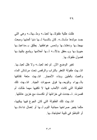 ‫٩٣‬



‫ﻅﻠﺕ ﻁﻠﻴﺔ ﻁﻔﻭﻟﺘـﻬﺎ ﻟﻌﺒﺘـﻪ ﻭﻤﻠـﻬﺎﺘـﻪ ﻭﻫﻲ ﺍﻟﺘﻲ‬
‫ﺠﺴﺩ ﻤﻭﻟﺩﻫﺎ ﻤﺄﺴﺎﺘـﻪ. ﻜﺎﻥ ﺒﺎﻟﻨﺴﺒﺔ ﻟـﻬﺎ ﺩﻨﻴﺎ ﺃﻟﻌﺎﺒﻬﺎ ﻭﻤﺒﻌﺙ‬
‫ﺒﻬﺠﺘـﻬﺎ ﻭﺩﻫﺸﺘـﻬﺎ ﻭﺸﻤﺱ ﻋﻭﺍﻁﻔﻬﺎ. ﻴﻁﻠﻕ ﺒـﻤﺩﺍﻋﺒﺘـﻬﺎ‬
‫ﺤﻴﻭﻴﺘـﻬﺎ ﻭﻴـﺤﻘﻕ ﺒﺩﻻﻟـﻪ ﻟـﻬﺎ ﺃﺤﻼﻤﻬﺎ ﻭﻴﺸﺒﻊ ﺒﺘﻠﺒﻴﺘـﻬﺎ‬
                                       ‫ﻓﻀﻭل ﻁﻔﻭﻟﺘـﻬﺎ.‬

‫ﺘﻐﻴﺭ ﺍﻟﻭﻀﻊ ﺍﻵﻥ. ﻟﻡ ﺘﻌﺩ ﻟﻌﺒﺘـﻪ ﻭﻻ ﻅل ﻟﻌﺒﺘـﻬﺎ.‬
‫ﺍﻨﺘـﻬﺕ ﻁﻔﻭﻟﺔ ﺍﻟﺘﻌﻔﺭ ﺒﺎﻟﺘﺭﺍﺏ ﻭﺍﻟﺭﻗﺹ ﺘﺤﺕ ﻤﺭﺸﺎﺵ ﺍﻟﻤﺎﺀ‬
‫ﻭﺍﻟﻌﺒﺙ ﺒﺎﻟﻁﻴﻥ ﻭﺒﻨﺎﺀ ﺍﻷﺤﺠﺎﺭ. ﺍﻨﺘـﻬﺕ ﻤﺘﻌﺔ ﺘﻘﺎﺫﻓﻬﺎ‬
‫ﺒﺎﻟـﻬﻭﺍﺀ ﻭﺘﻠﻭﻴﺤـﻬﺎ ﻓﻭﻕ ﺼﻬﻭﺍﺕ ﺍﻟﺠﻴﺎﺩ. ﺍﻨﺘـﻬﺕ ﺘﻠﻙ‬
‫ﺍﻟﻁﻔﻭﻟﺔ ﺍﻟﺘﻲ ﻜﺎﻨﺕ ﺍﻷﻟﻌﺎﺏ ﻓﻴﻬﺎ ﻻ ﺘﻜﻔﻴﻬﺎ ﻤﻬﻤﺎ ﻁﺎﻟﺕ ﺃﻡ‬
‫ﻗﺼﺭﺕ. ﺘـﺠﺩﺩﺕ ﻓﻲ ﺨﺯﺍﻨﺘﻬﺎ ﺃﻭ ﺘﻜﺩﺴﺕ ﻤﻊ ﺨﺯﻴﻥ ﻋﺎﺌﻠﺘﻬﺎ.‬

‫ﺍﻨﺘـﻬﺕ ﺘﻠﻙ ﺍﻟﻁﻔﻭﻟﺔ ﺍﻟﺘﻲ ﻜﺎﻥ ﺍﻟﺠﻭﻉ ﻓﻴﻬﺎ ﻴﺒﻜﻴﻬﺎ،‬
‫ﻤﺜﻠﻤﺎ ﻴﻔﺠﺭ ﺼﺭﺍﺨﻬﺎ ﻤﺠﺎﻨﺒﺔ ﺍﻟﻨﻭﻡ ﻟـﻬﺎ ﺃﻭ ﺇﻫﻤﺎل ﻨﺩﺍﺀﺍﺘـﻬﺎ‬
                         ‫ﺃﻭ ﺍﻟﺘﺒﺎﻁﺅ ﻓﻲ ﺘﻠﺒﻴﺔ ﺍﺤﺘﻴﺎﺠﺎﺘـﻬﺎ.‬



                         ‫٣٠٣‬
 