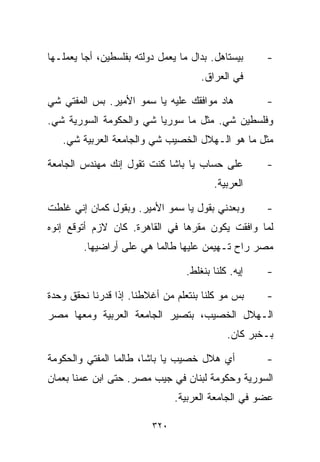 ‫ﺒﻴﺴﺘﺎﻫل. ﺒﺩﺍل ﻤﺎ ﻴﻌﻤل ﺩﻭﻟﺘﻪ ﺒﻔﻠﺴﻁﻴﻥ، ﺃﺠﺎ ﻴﻌﻤﻠـﻬﺎ‬     ‫-‬
                                      ‫ﻓﻲ ﺍﻟﻌﺭﺍﻕ.‬

‫ﻫﺎﺩ ﻤﻭﺍﻓﻘﻙ ﻋﻠﻴﻪ ﻴﺎ ﺴﻤﻭ ﺍﻷﻤﻴﺭ. ﺒﺱ ﺍﻟﻤﻔﺘﻲ ﺸﻲ‬           ‫-‬
‫ﻭﻓﻠﺴﻁﻴﻥ ﺸﻲ. ﻤﺜل ﻤﺎ ﺴﻭﺭﻴﺎ ﺸﻲ ﻭﺍﻟﺤﻜﻭﻤﺔ ﺍﻟﺴﻭﺭﻴﺔ ﺸﻲ.‬
   ‫ﻤﺜل ﻤﺎ ﻫﻭ ﺍﻟـﻬﻼل ﺍﻟﺨﺼﻴﺏ ﺸﻲ ﻭﺍﻟﺠﺎﻤﻌﺔ ﺍﻟﻌﺭﺒﻴﺔ ﺸﻲ.‬

‫ﻋﻠﻰ ﺤﺴﺎﺏ ﻴﺎ ﺒﺎﺸﺎ ﻜﻨﺕ ﺘﻘﻭل ﺇﻨﻙ ﻤﻬﻨﺩﺱ ﺍﻟﺠﺎﻤﻌﺔ‬          ‫-‬
                                         ‫ﺍﻟﻌﺭﺒﻴﺔ.‬

‫ﻭﺒﻌﺩﻨﻲ ﺒﻘﻭل ﻴﺎ ﺴﻤﻭ ﺍﻷﻤﻴﺭ. ﻭﺒﻘﻭل ﻜﻤﺎﻥ ﺇﻨﻲ ﻏﻠﻁﺕ‬        ‫-‬
‫ﻟﻤﺎ ﻭﺍﻓﻘﺕ ﻴﻜﻭﻥ ﻤﻘﺭﻫﺎ ﻓﻲ ﺍﻟﻘﺎﻫﺭﺓ. ﻜﺎﻥ ﻻﺯﻡ ﺃﺘﻭﻗﻊ ﺇ ﹼﻭﻩ‬
  ‫ﻨ‬
        ‫ﻤﺼﺭ ﺭﺍﺡ ﺘـﻬﻴﻤﻥ ﻋﻠﻴﻬﺎ ﻁﺎﻟﻤﺎ ﻫﻲ ﻋﻠﻰ ﺃﺭﺍﻀﻴﻬﺎ.‬

                                  ‫ﺇﻴﻪ. ﻜﻠﻨﺎ ﺒﻨﻐﻠﻁ.‬   ‫-‬

‫ﺒﺱ ﻤﻭ ﻜﻠﻨﺎ ﺒﻨﺘﻌﻠﻡ ﻤﻥ ﺃﻏﻼﻁﻨﺎ. ﺇﺫﺍ ﻗﺩﺭﻨﺎ ﻨﺤﻘﻕ ﻭﺤﺩﺓ‬     ‫-‬
‫ﺍﻟـﻬﻼل ﺍﻟﺨﺼﻴﺏ، ﺒﺘﺼﻴﺭ ﺍﻟﺠﺎﻤﻌﺔ ﺍﻟﻌﺭﺒﻴﺔ ﻭﻤﻌﻬﺎ ﻤﺼﺭ‬
                                             ‫ﺒـﺨﺒﺭ ﻜﺎﻥ.‬

‫ﺃﻱ ﻫﻼل ﺨﺼﻴﺏ ﻴﺎ ﺒﺎﺸﺎ، ﻁﺎﻟﻤﺎ ﺍﻟﻤﻔﺘﻲ ﻭﺍﻟﺤﻜﻭﻤﺔ‬           ‫-‬
‫ﺍﻟﺴﻭﺭﻴﺔ ﻭﺤﻜﻭﻤﺔ ﻟﺒﻨﺎﻥ ﻓﻲ ﺠﻴﺏ ﻤﺼﺭ. ﺤﺘﻰ ﺍﺒﻥ ﻋﻤﻨﺎ ﺒﻌﻤﺎﻥ‬
                               ‫ﻋﻀﻭ ﻓﻲ ﺍﻟﺠﺎﻤﻌﺔ ﺍﻟﻌﺭﺒﻴﺔ.‬

                         ‫٠٢٣‬
 