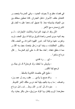 ‫ﻓﻲ ﻓﻀﺎﺀ ﻤﻔﺘﻭﺡ ﻻ ﻴﻌﺭﻑ ﺍﻟﺤﺩﻭﺩ ، ﻭﻓﻲ ﺍﻟﻤﺩﺭﺴﺔ ﻴﻨﺤﺼـﺭ‬
‫ﺍﻟﺘﻌﺎﻤل ﺨﻠﻑ ﺍﻷﺴﻭﺍﺭ ﺩﺍﺨل ﺍﻟﺠﺩﺭﺍﻥ. ﻜﺎﻨﺎ ﻨﻤﻁﻴﻥ ﻤﺨﺘﻠﻔـﻴﻥ‬
‫ﻤﻥ ﺍﻟﺤﻴﺎﺓ، ﻴﻨﺎﺴﺒﺎﻨﻪ ﻤﻌﺎ. ﺇﺫﺍ ‪‬ﻴﻕ ﺃﺤـﺩﻫﻤﺎ ﻋﻠﻴـﻪ ﺍﻟﺨﻨـﺎﻕ‬
                        ‫ﻀ‬      ‫ﹰ‬
                                ‫ﺍﻨﺸﺭﺡ ﺼﺩﺭﻩ ﻤﻊ ﺍﻵﺨﺭ .‬
‫ﺍﻵﻥ ﻭﻗﺩ ﺍﻨـﺘﻬﺕ ﺍﻟﺩﺭﺍﺴﺔ ﻭﺘﻼﺸﺕ ﺍﻹﺠﺎﺯﺍﺕ ، ﻟـﻡ‬
‫ﻴﻌﺩ ﻟﺩﻴﻪ ﺴﻭﻯ ﺸﻤﺱ ﻭﺍﺤﺩﺓ ﺘﺸﺭﻕ ﺒﺭﺘﺎﺒﺔ ﻓـﻭﻕ ﺍﻟﻤﻀـﺎﺭﺏ‬
‫ﻭﺘﻐﺭﺏ ﻋﻨﻬﺎ ﺒﺭﺘﺎﺒﺔ ﺃﺸﺩ. ﺘﺩﻭﺭ ﺍﻟﻘﻬﻭﺓ ﺍﻟ ‪‬ﺭﺓ ﻓـﻲ ﺍﻟﻤﻀـﺎﻓﺔ،‬
                ‫ﻤ‬
‫ﻭﺘﺘﻜﺭﺭ ﺍﻟﺤﻜﺎﻴﺎﺕ، ﺒـﻴﻨﻤﺎ ﺃﺒﻭﻩ ﺯﻋل ﻴﺘﺤﺩﺙ ﺒﻌﻴﻨـﻴﻪ ﺃﻜﺜـﺭ‬
‫ﻤﻤﺎ ﺘـﻨﻁﻕ ﺸﻔﺘﺎﻩ : ﻟﻌﺎﺩ ﺴﻘﺎ ﺍﻟﻠـﻪ ﻋﻠﻰ ﺃﻴﺎﻡ ﺍﻟﻤﺘﺭﺴﺔ ... ﻗﺎل‬
                                          ‫ﺩﺭﺩﺍﺡ ﺴﺎﺨﺭﺍ .‬
                                            ‫ﹰ‬
                         ‫- ﺇﻱ ... ﺭﺩ ﻓﻨﺩﻱ.‬
‫- ﻭﻟﻭﻴﺵ ﻤﺎ ﻟﺤﻘﺕ ﻭﻟﺩ ﻓﺭﺤﺎﻥ؟ ﻜـﺎﻥ ﻴﻤﻜـﻥ‬
                  ‫ﹶ‪‬‬
                                   ‫ﺘﺭﺠﻊ ﻟﻴﻨﺎ ﺘﻜﺘﻭﺭ.‬
         ‫- ﻤﻠﻴﺢ ﺍﻟﻠﻲ ﺨﻠﺼﺕ ﺍﻟﺜﺎﻨﻭﻴﺔ ﺒﺎﻟﺴﻠﻁ .‬
‫ﻭﺍﷲ ﺼﺞ ﻴﺎ ﻭﻟﺩﻱ ... ﻋﻘﺏ ﺭﺠـل ﻋﺠـﻭﺯ،‬             ‫-‬
‫ﻭﺍﻀﺎﻑ : ﻤﺎ ﺒـﻴﻪ ﺒﺎﻟﺠﺒـﻴﻠﻴﺔ ﺃﺤﺩ ﺩﺭﺱ ﻤﺜﻠﻙ ﻵﺨﺭ ﺍﻟﺸﻭﻁ.‬
‫ﻤﻨﻭﻩ ﻗـﺎل ﺁﺨـﺭ ﺍﻟﺸـﻭﻁ... ﺘﺴـﺎﺀل ﺩﺭﺩﺍﺡ‬          ‫-‬
‫ﻤﻌﺘﺭﻀﺎ: ﻟﺯﻭﻡ ﻴﻜﻤل ﻭ ‪‬ﺎ ﺍﻟﻭﻟﺩ ﻤﺭﺯﻭﻕ، ﻤﺵ ﺒﺎﻜﺭ ﻴﻌﺎﻭﺩ ﻭﻟﺩ‬
                                ‫ﻴ‬              ‫ﹰ‬


                          ‫٠١١‬
 