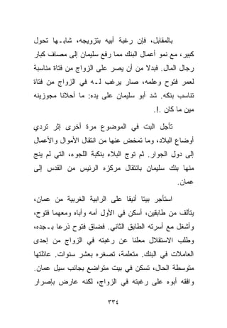 ‫ﺒﺎﻟﻤﻘﺎﺒل، ﻓﺈﻥ ﺭﻏﺒﺔ ﺃﺒﻴﻪ ﺒﺘﺯﻭﻴﺠﻪ، ﺸﺎﺒـﻬﺎ ﺘﺤﻭل‬
‫ﻜﺒﻴﺭ، ﻤﻊ ﻨﻤﻭ ﺃﻋﻤﺎل ﺍﻟﺒﻨﻙ ﻤﻤﺎ ﺭﻓﻊ ﺴﻠﻴﻤﺎﻥ ﺇﻟﻰ ﻤﺼﺎﻑ ﻜﺒﺎﺭ‬
‫ﺭﺠﺎل ﺍﻟﻤﺎل. ﻓﺒﺩﻻ ﻤﻥ ﺃﻥ ﻴﺼﺭ ﻋﻠﻰ ﺍﻟﺯﻭﺍﺝ ﻤﻥ ﻓﺘﺎﺓ ﻤﻨﺎﺴﺒﺔ‬
                                    ‫ﹰ‬
‫ﻟﻌﻤﺭ ﻓﺘﻭﺡ ﻭﻋﻠﻤﻪ، ﺼﺎﺭ ﻴﺭﻏﺏ ﻟـﻪ ﻓﻲ ﺍﻟﺯﻭﺍﺝ ﻤﻥ ﻓﺘﺎﺓ‬
‫ﺘﻨﺎﺴﺏ ﺒﻨﻜﻪ. ﺸﺩ ﺃﺒﻭ ﺴﻠﻴﻤﺎﻥ ﻋﻠﻰ ﻴﺩﻩ: ﻤﺎ ﺃﺤﻼﻨﺎ ﻤﺠﻭﺯﻴﻨﻪ‬
                                         ‫ﻤﻴﻥ ﻤﺎ ﻜﺎﻥ .!.‬

‫ﺘﺄﺠل ﺍﻟﺒﺕ ﻓﻲ ﺍﻟﻤﻭﻀﻭﻉ ﻤﺭﺓ ﺃﺨﺭﻯ ﺇﺜﺭ ﺘﺭﺩﻱ‬
‫ﺃﻭﻀﺎﻉ ﺍﻟﺒﻼﺩ، ﻭﻤﺎ ﺘﻤﺨﺽ ﻋﻨﻬﺎ ﻤﻥ ﺍﻨﺘﻘﺎل ﺍﻷﻤﻭﺍل ﻭﺍﻷﻋﻤﺎل‬
‫ﺇﻟﻰ ﺩﻭل ﺍﻟﺠﻭﺍﺭ. ﺜﻡ ﺘ ‪‬ﺝ ﺍﻟﺒﻼﺀ ﺒﻨﻜﺒﺔ ﺍﻟﻠﺠﻭﺀ، ﺍﻟﺘﻲ ﻟﻡ ﻴﻨﺞ‬
                                 ‫ﻭ‬
‫ﻤﻨﻬﺎ ﺒﻨﻙ ﺴﻠﻴﻤﺎﻥ ﺒﺎﻨﺘﻘﺎل ﻤﺭﻜﺯﻩ ﺍﻟﺭﺌﻴﺱ ﻤﻥ ﺍﻟﻘﺩﺱ ﺇﻟﻰ‬
                                                 ‫ﻋﻤﺎﻥ.‬

‫ﺍﺴﺘﺄﺠﺭ ﺒﻴﺘﺎ ﺃﻨﻴﻘﺎ ﻋﻠﻰ ﺍﻟﺭﺍﺒﻴﺔ ﺍﻟﻐﺭﺒﻴﺔ ﻤﻥ ﻋﻤﺎﻥ،‬
                             ‫ﹰ‬     ‫ﹰ‬
‫ﻴﺘﺄﻟﻑ ﻤﻥ ﻁﺎﺒﻘﻴﻥ، ﺃﺴﻜﻥ ﻓﻲ ﺍﻷﻭل ﺃﻤﻪ ﻭﺃﺒﺎﻩ ﻭﻤﻌﻬﻤﺎ ﻓﺘﻭﺡ،‬
‫ﻭﺃﺸﻐل ﻤﻊ ﺃﺴﺭﺘﻪ ﺍﻟﻁﺎﺒﻕ ﺍﻟﺜﺎﻨﻲ. ﻓﻀﺎﻕ ﻓﺘﻭﺡ ﺫﺭﻋﺎ ﺒـﺠﺩﻩ،‬
       ‫ﹰ‬
‫ﻭﻁﻠﺏ ﺍﻻﺴﺘﻘﻼل ﻤﻌﻠﻨﺎ ﻋﻥ ﺭﻏﺒﺘﻪ ﻓﻲ ﺍﻟﺯﻭﺍﺝ ﻤﻥ ﺇﺤﺩﻯ‬
                           ‫ﹰ‬
‫ﺍﻟﻌﺎﻤﻼﺕ ﻓﻲ ﺍﻟﺒﻨﻙ. ﻤﺘﻌﻠﻤﺔ، ﺘﺼﻐﺭﻩ ﺒﻌﺸﺭ ﺴﻨﻭﺍﺕ. ﻋﺎﺌﻠﺘﻬﺎ‬
‫ﻤﺘﻭﺴﻁﺔ ﺍﻟﺤﺎل، ﺘﺴﻜﻥ ﻓﻲ ﺒﻴﺕ ﻤﺘﻭﺍﻀﻊ ﺒﺠﺎﻨﺏ ﺴﻴل ﻋﻤﺎﻥ.‬
‫ﻭﺍﻓﻘﻪ ﺃﺒﻭﻩ ﻋﻠﻰ ﺭﻏﺒﺘﻪ ﻓﻲ ﺍﻟﺯﻭﺍﺝ، ﻟﻜﻨﻪ ﻋﺎﺭﺽ ﺒﺈﺼﺭﺍﺭ‬

                         ‫٤٣٣‬
 