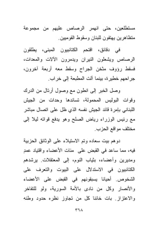 ‫ﻤﺴﺘﻁﻠﻌﻴﻥ، ﺤﺘﻰ ﺍﻨﻬﻤﺭ ﺍﻟﺭﺼﺎﺹ ﻋﻠﻴﻬﻡ ﻤﻥ ﻤﺠﻤﻭﻋﺔ‬
                ‫ﻤﺘﻅﺎﻫﺭﻴﻥ ﻴﻬﺘﻔﻭﻥ ﻟﻠﺒﻨﺎﻥ ﻭﺴﻘﻭﻁ ﺍﻟﻘﻭﻤﻴﻴﻥ.‬

‫ﻓﻲ ﺩﻗﺎﺌﻕ، ﺍﻗﺘﺤﻡ ﺍﻟﻜﺘﺎﺌﺒﻴﻭﻥ ﺍﻟﻤﺒﻨﻰ، ﻴﻁﻠﻘﻭﻥ‬
‫ﺍﻟﺭﺼﺎﺹ ﻭﻴﺸﻌﻠﻭﻥ ﺍﻟﻨﻴﺭﺍﻥ ﻭﻴﺩﻤﺭﻭﻥ ﺍﻵﻻﺕ ﻭﺍﻟﻤﻌﺩﺍﺕ،‬
‫ﻓﺴﻘﻁ ﺭﺅﻭﻑ ﻤﺜﺨﻥ ﺍﻟﺠﺭﺍﺡ ﻭﺴﻘﻁ ﻤﻌﻪ ﺃﺭﺒﻌﺔ ﺁﺨﺭﻭﻥ،‬
           ‫ﺠﺭﺍﺤﻬﻡ ﺨﻁﻴﺭﺓ، ﺒﻴﻨﻤﺎ ﺁﻟﺕ ﺍﻟﻤﻁﺒﻌﺔ ﺇﻟﻰ ﺨﺭﺍﺏ.‬

‫ﻭﺼل ﺍﻟﺨﺒﺭ ﺇﻟﻰ ﺍﻨﻁﻭﻥ ﻤﻊ ﻭﺼﻭل ﺃﺭﺘﺎل ﻤﻥ ﺍﻟﺩﺭﻙ‬
‫ﻭﻗﻭﺍﺕ ﺍﻟﺒﻭﻟﻴﺱ ﺍﻟﻤﺤﻤﻭﻟﺔ، ﺘﺴﺎﻨﺩﻫﺎ ﻭﺤﺩﺍﺕ ﻤﻥ ﺍﻟﺠﻴﺵ‬
‫ﺍﻟﻠﺒﻨﺎﻨﻲ ﺒﺈﻤﺭﺓ ﻗﺎﺌﺩ ﺍﻟﺠﻴﺵ ﻨﻔﺴﻪ ﺍﻟﺫﻱ ﻅل ﻋﻠﻰ ﺍﺘﺼﺎل ﻤﺒﺎﺸﺭ‬
‫ﻤﻊ ﺭﺌﻴﺱ ﺍﻟﻭﺯﺭﺍﺀ ﺭﻴﺎﺽ ﺍﻟﺼﻠﺢ ﻭﻫﻭ ﻴﺩﻓﻊ ﻗﻭﺍﺘﻪ ﻟﻴﻼ ﺇﻟﻰ‬
    ‫ﹰ‬
                                  ‫ﻤﺨﺘﻠﻑ ﻤﻭﺍﻗﻊ ﺍﻟﺤﺯﺏ.‬

‫ﺩﻭﻫﻡ ﺒﻴﺕ ﺴﻌﺎﺩﻩ ﻭﺘﻡ ﺍﻻﺴﺘﻴﻼﺀ ﻋﻠﻰ ﺍﻟﻭﺜﺎﺌﻕ ﺍﻟﺤﺯﺒﻴﺔ‬
‫ﻓﻴﻪ، ﻤﻤﺎ ﺴﺎﻋﺩ ﻓﻲ ﺍﻟﻘﺒﺽ ﻋﻠﻰ ﻤﺌﺎﺕ ﺍﻷﻋﻀﺎﺀ ﻭﺍﻗﺘﻴﺎﺩ ﻋﻤﺩ‬
‫ٍ‬
‫ﻭﻤﺩﻴﺭﻴﻥ ﻭﺃﻋﻀﺎﺀ، ﺒﺜﻴﺎﺏ ﺍﻟﻨﻭﻡ، ﺇﻟﻰ ﺍﻟﻤﻌﺘﻘﻼﺕ. ﻴﺭﺸﺩﻫﻡ‬
‫ﺍﻟﻜﺘﺎﺌﺒﻴﻭﻥ ﻓﻲ ﺍﻻﺴﺘﺩﻻل ﻋﻠﻰ ﺍﻟﺒﻴﻭﺕ ﻭﺍﻟﺘﻌﺭﻑ ﻋﻠﻰ‬
‫ﺍﻟﺸﺨﻭﺹ. ﺃﺤﻴﺎﻨﺎ ﻴﺴﺒﻘﻭﻨﻬﻡ ﻓﻲ ﺍﻟﻘﺒﺽ ﻋﻠﻰ ﺍﻷﻋﻀﺎﺀ‬
                             ‫ﹰ‬
‫ﻭﺍﻷﻨﺼﺎﺭ ﻭﻜل ﻤﻥ ﻨﺎﺩﻯ ﺒﺎﻷﻤﺔ ﺍﻟﺴﻭﺭﻴﺔ، ﻭﻟﻭ ﻟﻠﺘﻔﺎﺨﺭ‬
‫ﻭﺍﻻﻋﺘﺯﺍﺯ. ﺒﺎﺕ ﺨﺎﺌﻨﺎ ﻜل ﻤﻥ ﺘﺠﺎﻭﺯ ﻨﻅﺭﻩ ﺤﺩﻭﺩ ﻭﻁﻨﻪ‬
                           ‫ﹰ‬

                         ‫٨٦٣‬
 