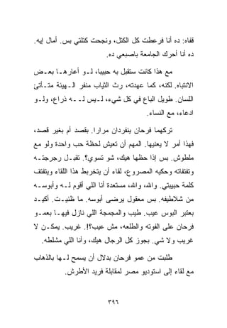 ‫ﻗﻔﺎﻩ: ﺩﻩ ﺃﻨﺎ ﻓﺭﻋﻁﺕ ﻜل ﺍﻟﻜﺘل، ﻭﻨ ‪‬ﺤﺕ ﻜﺘﻠﺘﻲ ﺒﺱ. ﺃﻤﺎل ﺇﻴﻪ.‬
                      ‫ﺠ‬
                         ‫ﺩﻩ ﺃﻨﺎ ﺃﺤﺭﻙ ﺍﻟﺠﺎﻤﻌﺔ ﺒﺎﺼﺒﻌﻲ ﺩﻩ.‬

‫ﻤﻊ ﻫﺫﺍ ﻜﺎﻨﺕ ﺴﺘﻘﺒل ﺒﻪ ﺤﺒﻴﺒﹰ، ﻟـﻭ ﺃﻋﺎﺭﻫـﺎ ﺒﻌـﺽ‬
                  ‫ﺎ‬
‫ﺍﻻﻨﺘﺒﺎﻩ. ﻟﻜﻨﻪ، ﻜﻤﺎ ﻋﻬﺩﺘﻪ، ﺭﺙ ﺍﻟﺜﻴﺎﺏ ﻤﻨﻔﺭ ﺍﻟـﻬﻴﺌﺔ ﻤﺘـﺄﺘﺊ‬
‫ﺍﻟﻠﺴﺎﻥ. ﻁﻭﻴل ﺍﻟﺒﺎﻉ ﻓﻲ ﻜل ﺸﻲﺀ، ﻟـﻴﺱ ﻟــﻪ ﺫﺭﺍﻉ، ﻭﻟـﻭ‬
                                       ‫ﺍﺩﻋﺎ ‪ ،‬ﻤﻊ ﺍﻟﻨﺴﺎﺀ.‬
                                                   ‫ﺀ‬

‫ﺘﺭﻜﻬﻤﺎ ﻓﺭﺤﺎﻥ ﻴﻨﻔﺭﺩﺍﻥ ﻤﺭﺍﺭﺍ. ﺒﻘﺼﺩ ﺃﻡ ﺒﻐﻴﺭ ﻗﺼﺩ،‬
                   ‫ﹰ‬
‫ﻓﻬﺫﺍ ﺃﻤﺭ ﻻ ﻴﻌﻨﻴﻬﺎ. ﺍﻟﻤﻬﻡ ﺃﻥ ﺘﻌﻴﺵ ﻟﺤﻅﺔ ﺤﺏ ﻭﺍﺤﺩﺓ ﻭﻟﻭ ﻤﻊ‬
‫ﻤﻠﻁﻭﺵ. ﺒﺱ ﺇﺫﺍ ﺤﻅﻬﺎ ﻫﻴﻙ، ﺸﻭ ﺘﺴﻭﻱ؟. ﺘﻘﺒـل ﺭﺠﺭﺠﺘـﻪ‬
‫ﻭﺘﻔﺘﻔﺎﺘﻪ ﻭﺤﻜﻴﻪ ﺍﻟﻤﺼﺭﻭﻉ، ﻟﻘﺎﺀ ﺃﻥ ﻴﺘﺨﺭﺒﻁ ﻫﺫﺍ ﺍﻟﻠﻘﺎﺀ ﻭﻴﺘﻔﺘﻑ‬
‫ﻜﻠﻤﺔ ﺤﺒﻴﺒﺘﻲ. ﻭﺍﷲ، ﻭﺍﷲ، ﻤﺴﺘﻌﺩﺓ ﺃﻨﺎ ﺍﻟﻠﻲ ﺃﻗﻭﻡ ﻟـﻪ ﻭﺃﺒﻭﺴـﻪ‬
‫ﻤﻥ ﺸﻼﻁﻴﻔﻪ. ﺒﺱ ﻤﻌﻘﻭل ﻴﺭﻀﻰ ﺃﺒﻭﺴﻪ. ﻤﺎ ﻅﻨﻴـﺕ. ﺃﻜﻴـﺩ‬
‫ﺒﻌﺘﺒﺭ ﺍﻟﺒﻭﺱ ﻋﻴﺏ. ﻁﻴﺏ ﻭﺍﻟﻤﺠﻤﺠﺔ ﺍﻟﻠﻲ ﻨﺎﺯل ﻓﻴﻬـﺎ ﺒﻌﻤـﻭ‬
‫ﻓﺭﺤﺎﻥ ﻋﻠﻰ ﺍﻟﻔﻭﺘﻪ ﻭﺍﻟﻁﻠﻌﻪ، ﻤﺵ ﻋﻴﺏ؟!. ﻏﺭﻴﺏ. ﻴﻤﻜـﻥ ﻻ‬
  ‫ﻏﺭﻴﺏ ﻭﻻ ﺸﻲ. ﺒﺠﻭﺯ ﻜل ﺍﻟﺭﺠﺎل ﻫﻴﻙ، ﻭﺃﻨﺎ ﺍﻟﻠﻲ ﻤﺸﹼﻁﻪ.‬
     ‫ﻠ‬

‫ﻁﻠﺒﺕ ﻤﻥ ﻋﻤﻭ ﻓﺭﺤﺎﻥ ﺒﺩﻻل ﺃﻥ ﻴﺴﻤﺢ ﻟـﻬﺎ ﺒﺎﻟﺫﻫﺎﺏ‬
          ‫ﻤﻊ ﻟﻘﺎﺀ ﺇﻟﻰ ﺍﺴﺘﻭﺩﻴﻭ ﻤﺼﺭ ﻟﻤﻘﺎﺒﻠﺔ ﻓﺭﻴﺩ ﺍﻷﻁﺭﺵ.‬


                          ‫٦٩٣‬
 