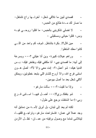 ‫ﻗﺼﺩﻱ ﻟﺒﻴﻥ ﻤﺎ ﺘﻼﻗﻲ ﺸﻐل٠ ﺁﺨﺭﺘـﻬﺎ ﺭﺍﺡ ﺘﺸﺘﻐل٠‬            ‫-‬
                     ‫ﻤﺎ ﺼﺎﺭ ﻟﻙ ﻤـﺩﺓ ﻁﺎﻟﻊ ﻤﻥ ﺍﻟﺤﺒﺱ٠‬

‫ﻻ ﺘﻀﻠﻲ ﺘﺫﻜﺭﻴﻨﻲ ﺒﺎﻟﺤﺒﺱ٠ ﻤﺎ ﻗﺘﻠﻭﺍ ﺭﻭﺤـﻲ ﻓﻴـﻪ‬           ‫-‬
                          ‫ﻭﺒﺱ٠ ﻗﺘﻠﻭﺍ ﺤﻴﺎﺘﻲ ﻭﻤﺴﺘﻘﺒﻠﻲ ٠‬

‫ﻤﻴﻥ ﻗﺎل؟!. ﺒﻜﺭﺓ ﺒﺘﺸﺘﻐل. ﺸﻭﻑ ﻜﻡ ﻭﺍﺤﺩ ﻤﻥ ﺍﻟﻠـﻲ‬         ‫-‬
                                     ‫ﻜﺎﻨﻭﺍ ﻤﻌﻙ ﺍﺸﺘﻐﻠﻭﺍ.‬

‫ﻭﺭﺍﻫﻡ ﻋﻴﻼﺕ ﻜﺒﻴﺭﺓ٠ ﻭﻴﻥ ﺃﻨﺎ ﻋﻴﻠﺘﻲ ؟٠٠٠ ﻭﺒﺴﺭﻋﺔ‬          ‫-‬
‫ﺇﻟﻰ ﺃﺒﻴﻪ: ﻤﺎ ﻗﺼﺩﻱ ﺒ ‪‬ﻲ٠ ﺃﻨﺎ ﻤﻜﺘﻔﻲ ﻓﻴﻙ ﻭﺒﻔﺘﺨﺭ ﻓﻴﻙ٠ ﺒـﺱ‬
                                ‫ﻴ‬
‫ﺍﻟﺩﻨﻴﺎ ﻫﻴﻙ٠ ﺸﻭ ﺃﻋﻤل٠؟٠ ﺇﻨﺕ ﻤﻌﻲ ﻭﺍﻻ ﻷ؟٠ ﺃﻀل ﻫـﻭﻥ‬
‫ﺍﺴﺘﻨﻰ ﻓﺭﺝ ﺍﷲ، ﻭﺍﻻ ﺃﺭﻭﺡ ﻟﻠﺸﺎﻡ ﺍﻟﻠﻲ ﺒﺘﺒﻌﺩ ﺨﻁﻭﺘﻴﻥ، ﻭﻴﻤﻜﻥ‬
                        ‫ﺃﻻﻗﻲ ﺸﻐل ﺒﻌﺩ ﻤﺎ ﺃﺼل ﺒﻴﻭﻤﻴﻥ٠‬

               ‫ﻭﺇﺫﺍ ﻤﺎ ﻟﻘﻴﺕ٠؟٠٠٠ ﺴﺄﻟﺕ ﻤﺎﺭﻏﻭ٠‬         ‫-‬

‫ﺸﻭ ﺒﺘﻔﺘﻜـﺭﻱ؟!٠٠٠ ﺃﻀـل ﻓﻴﻬـﺎ ﺍﺴـﺘﻨﻰ ﻓـﺭﺝ‬              ‫-‬
                    ‫ﺭﺒﻲ٠!٠ﻤﺎ ﺍﺸﺘﻐﻠﺕ ﺒﺭﺠﻊ ﻋﻠﻰ ﻁﻭل٠‬

‫ﻟﻜﻨﻪ ﻟﻡ ﻴﻌﺩ ﺇﻟﻰ ﻟﺒﻨﺎﻥ، ﺒل ﺃﺒﺭﻕ ﻷﻤـﻪ ﻤﻥ ﺩﻤﺸﻕ ﺃﻨﻪ‬
‫ﻭﺠﺩ ﻋﻤﻼ ﻓﻲ ﻋﻤﺎﻥ٠ ﻓﺎﺴﺘﺭﺍﺤﺕ ﻤﺎﺭﻏﻭ، ﻭﺘﺭﺍﺠـﻊ ﻗﻠﻘﻬـﺎ،‬
                                         ‫ﹰ‬
‫ﻟﻴﺘﻼﺸﻰ ﺘﻤﺎﻤﺎ ﻤﻊ ﻭﺼﻭل ﺒﺭﻗﻴﺘﻪ ﻤﻥ ﻋﻤـﺎﻥ٠ ﺘﻅـل ﺍﻷﺭﺩﻥ‬
                                    ‫ﹰ‬

                         ‫٠٤٤‬
 