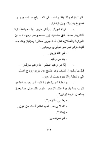 ‫ﺨﺎﺭﺕ ﻗﻭﺍﻩ ﻭﻜﺎﺩ ﻴﻔﻘﺩ ﺭﺸﺩﻩ. ﻓﻲ ﺍﻟﺼـﺒﺎﺡ ﺠـﺎﺀﻩ ﺠﺭﻴـﺭ،‬
                           ‫ﻓﺼﺭﺥ ﺒﻪ: ﻭﻟﻙ ﻭﻴﻥ ﻗﺭﻨﺔ.؟.‬
‫ﻗﺭﻨﺔ ﺸﻭ.؟... ﻭﺃﺩﺍﺭ ﺠﺭﻴﺭ ﻋﻴﻨـﻪ ﺒﺎﻟﻨﻅـﺎﺭﺓ‬      ‫-‬
‫ﺍﻟﺩﺍﺌﺭﻴﺔ. ﻋﻨﺩﻫﺎ ﺃﻓﺎﻕ ﻤﻘﺼﻭﺩ ﺇﻟﻰ ﻨﻔﺴﻪ، ﻭﻋ ‪‬ﺭ ﻭﺠﻬـﻪ ﻋـﻥ‬
           ‫ﺒ‬
‫ﺍﻟﻤﺭﺍﺭﺓ ﻭﺍﻟﺨﺫﻻﻥ، ﻓﻘﺎل ﻟـﻪ ﺠﺭﻴﺭ ﻤﻌﺘﺫﺭﺍ ﻭﻤﺅﻨﺒﺎ: ﻭﻟﻙ ﻤـﺎ‬
         ‫ﹰ‬      ‫ﹰ‬
                    ‫ﻟﻘﻴﺕ ﺘﻭﻗﻊ ﻏﻴﺭ ﻤﻊ ﺍﻨﺠﻠﻴﺯﻱ ﺒﺭﻴﺠﺩﻴﺭ.‬
                     ‫- ﺸﻭ ﻫﺎﺩ ﺒﺭﻴﺞ ......‬
                          ‫- ﻴﻌﻨـﻲ ﺯﻋﻴﻡ.‬
   ‫ﺇﺫﺍ ﻫﻭ ﺯﻋﻴﻡ ﺍﻨﺠﻠﻴﺯ. ﺃﻨﺎ ﺯﻋﻴﻡ ﺸﺭﻜﺱ...‬      ‫-‬
   ‫ﻗﺎﻟـﻬﺎ ﻤﻜﺎﺒﺭﺍ. ﺃﻀﺎﻑ ﻭﻫﻭ ﻴﺸﻴﺢ ﻋﻥ ﺠﺭﻴﺭ: ﺭﻭﺡ ﺍﻋﻤل‬
                                    ‫ﹰ‬
                     ‫ﺇﻟﻲ ﻭﺍﺴﻁﺔ ﻭﺍﻻ ﺒﺩﻭﻩ ﻴﻀل ﺃﻨﺎ ﻫﻭﻥ.‬
‫ﻭﺍﺴﻁﺔ ﺸﻭ..؟ ﺒﻘﻭﻟﻭﺍ ﺇﻨﻭﻩ ﺃﻤﺭ ﺤﺒﺴﻙ ﺇﺠﺎ ﻤﻥ‬      ‫-‬
‫ﻜﻠﻭﺏ ﻭﻤﺎ ﺒﻔﺭﺠﻭﺍ ﻋﻨﻙ ﺇﻻ ﺒﺄﻤﺭ ﻤﻨ ‪‬ﻩ. ﻭﻟﻙ ﻀل ﺤﺩﺍ ﺒﻌﻤﺎﻥ‬
                   ‫ﻭ‬
                                 ‫ﺒﺴﺘﻌﻤل ﻋﺭﺒﺔ ﺜﻴﺭﺍﻥ.؟.‬
                       ‫- ﻴﻌﻨـﻲ ﺃﺨﺫﻭﻩ .؟.‬
 ‫- ﺍﷲ ﻻ ﻴﺭﺩﻫﺎ. ﺍﻟﻤﻬﻡ ﺘﻁﻠﻊ ﺃﻨـﺕ ﻤﻥ ﻫﻭﻥ .‬
                                ‫- ﺇﻴﻤﺘﻪ ؟.‬
                          ‫- ﺸﻭ ﺒﻌﺭﻓﻨـﻲ.‬


                        ‫٢٢١‬
 