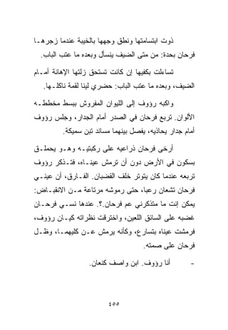 ‫ﺫﻭﺕ ﺍﺒﺘﺴﺎﻤﺘﻬﺎ ﻭﻨﻁﻕ ﻭﺠﻬﻬﺎ ﺒﺎﻟﺨﻴﺒﺔ ﻋﻨﺩﻤﺎ ﺯﺠﺭﻫـﺎ‬
  ‫ﻓﺭﺤﺎﻥ ﺒﺤﺩﺓ: ﻤﻥ ﻤﺘﻰ ﺍﻟﻀﻴﻑ ﻴﻨﺴﺄل ﻭﺒﻌﺩﻩ ﻤﺎ ﻋ ﹼﺏ ﺍﻟﺒﺎﺏ.‬
          ‫ﺘ‬

‫ﺘﺴﺎﺀﻟﺕ ﺒﻜﻔﻴﻬﺎ ﺇﻥ ﻜﺎﻨﺕ ﺘﺴﺘﺤﻕ ﺯﹼﺘﻬﺎ ﺍﻹﻫﺎﻨﺔ ﺃﻤـﺎﻡ‬
                ‫ﻟ‬
   ‫ﺍﻟﻀﻴﻑ، ﻭﺒﻌﺩﻩ ﻤﺎ ﻋ ﹼﺏ ﺍﻟﺒﺎﺏ: ﺤﻀﺭﻱ ﻟﻴﻨﺎ ﻟﻘﻤﺔ ﻨﺎﻜﻠـﻬﺎ.‬
                                   ‫ﺘ‬

‫ﻭﺍﻜﺒﻪ ﺭﺅﻭﻑ ﺇﻟﻰ ﺍﻟﻠﻴﻭﺍﻥ ﺍﻟﻤﻔﺭﻭﺵ ﺒﺒﺴﻁ ﻤﺨﻁﻁـﻪ‬
‫ﺍﻷﻟﻭﺍﻥ. ﺘﺭﺒﻊ ﻓﺭﺤﺎﻥ ﻓﻲ ﺍﻟﺼﺩﺭ ﺃﻤﺎﻡ ﺍﻟﺠﺩﺍﺭ، ﻭﺠﻠﺱ ﺭﺅﻭﻑ‬
         ‫ﺃﻤﺎﻡ ﺠﺩﺍﺭ ﻴﺤﺎﺫﻴﻪ، ﻴﻔﺼل ﺒﻴﻨﻬﻤﺎ ﻤﺴﺎﻨﺩ ﺘﺒﻥ ﺴﻤﻴﻜﺔ.‬

‫ﺃﺭﺨﻰ ﻓﺭﺤﺎﻥ ﺫﺭﺍﻋﻴﻪ ﻋﻠﻰ ﺭﻜﺒﺘﻴـﻪ ﻭﻫـﻭ ﻴﺤﻤﻠـﻕ‬
‫ﺒﺴﻜﻭﻥ ﻓﻲ ﺍﻷﺭﺽ ﺩﻭﻥ ﺃﻥ ﺘﺭﻤﺵ ﻋﻴﻨـﺎﻩ، ﻓﺘـﺫﻜﺭ ﺭﺅﻭﻑ‬
‫ﺘﺭﺒﻌﻪ ﻋﻨﺩﻤﺎ ﻜﺎﻥ ﻴﺘﻭﺘﺭ ﺨﻠﻑ ﺍﻟﻘﻀﺒﺎﻥ. ﺍﻟﻔـﺎﺭﻕ، ﺃﻥ ﻋﻴﻨـﻲ‬
‫ﻓﺭﺤﺎﻥ ﺘﺸﻌﺎﻥ ﺭﻋﺒﹰ، ﺤﺘﻰ ﺭﻤﻭﺸﻪ ﻤﺭﺘﺎﻋﺔ ﻤـﻥ ﺍﻻﻨﻘﺒـﺎﺽ:‬
                                ‫ﺎ‬
‫ﻴﻤﻜﻥ ﺇﻨﺕ ﻤﺎ ﻤﺘﺫﻜﺭﻨﻲ ﻋﻡ ﻓﺭﺤﺎﻥ.؟. ﻋﻨﺩﻫﺎ ﻨﺴـﻲ ﻓﺭﺤـﺎﻥ‬
‫ﻏﻀﺒﻪ ﻋﻠﻰ ﺍﻟﺴﺎﺌﻕ ﺍﻟﻠﻌﻴﻥ، ﻭﺍﺨﺘﺭﻗﺕ ﻨﻅﺭﺍﺘﻪ ﻜﻴـﺎﻥ ﺭﺅﻭﻑ،‬
‫ﻓﺭﻤﺸﺕ ﻋﻴﻨﺎﻩ ﺒﺘﺴﺎﺭﻉ، ﻭﻜﺄﻨﻪ ﻴﺭﻤﺵ ﻋـﻥ ﻜﻠﻴﻬﻤـﺎ، ﻭﻅـل‬
                                     ‫ﻓﺭﺤﺎﻥ ﻋﻠﻰ ﺼﻤﺘﻪ.‬

                  ‫ﺃﻨﺎ ﺭﺅﻭﻑ. ﺍﺒﻥ ﻭﺍﺼﻑ ﻜﻨﻌﺎﻥ.‬          ‫-‬



                        ‫٥٥٤‬
 