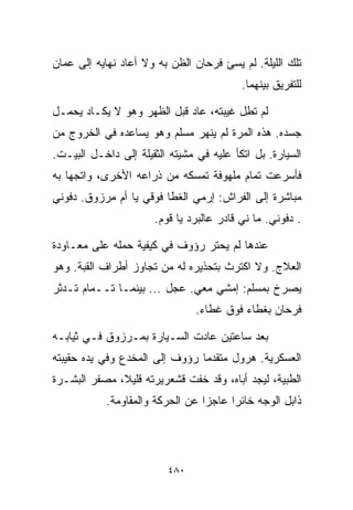 ‫ﺘﻠﻙ ﺍﻟﻠﻴﻠﺔ. ﻟﻡ ﻴﺴﺊ ﻓﺭﺤﺎﻥ ﺍﻟﻅﻥ ﺒﻪ ﻭﻻ ﺃﻋﺎﺩ ﻨﻬﺎﻴﻪ ﺇﻟﻰ ﻋﻤﺎﻥ‬
                                           ‫ﻟﻠﺘﻔﺭﻴﻕ ﺒﻴﻨﻬﻤﺎ.‬

‫ﻟﻡ ﺘﻁل ﻏﻴﺒﺘﻪ، ﻋﺎﺩ ﻗﺒل ﺍﻟﻅﻬﺭ ﻭﻫﻭ ﻻ ﻴﻜـﺎﺩ ﻴﺤﻤـل‬
‫ﺠﺴﺩﻩ. ﻫﺫﻩ ﺍﻟﻤﺭﺓ ﻟﻡ ﻴﻨﻬﺭ ﻤﺴﻠﻡ ﻭﻫﻭ ﻴﺴﺎﻋﺩﻩ ﻓﻲ ﺍﻟﺨﺭﻭﺝ ﻤﻥ‬
‫ﺍﻟﺴﻴﺎﺭﺓ. ﺒل ﺍﺘﻜﺄ ﻋﻠﻴﻪ ﻓﻲ ﻤﺸﻴﺘﻪ ﺍﻟﺜﻘﻴﻠﺔ ﺇﻟﻰ ﺩﺍﺨـل ﺍﻟﺒﻴـﺕ.‬
‫ﻓﺄﺴﺭﻋﺕ ﺘﻤﺎﻡ ﻤﻠﻬﻭﻓﺔ ﺘﻤﺴﻜﻪ ﻤﻥ ﺫﺭﺍﻋﻪ ﺍﻷﺨﺭﻯ، ﻭﺍﺘﺠﻬﺎ ﺒﻪ‬
‫ﻤﺒﺎﺸﺭﺓ ﺇﻟﻰ ﺍﻟﻔﺭﺍﺵ: ﺇﺭﻤﻲ ﺍﻟﻐﻁﺎ ﻓﻭﻗﻲ ﻴﺎ ﺃﻡ ﻤﺭﺯﻭﻕ. ﺩ ﹼﻭﻨﻲ‬
   ‫ﻓ‬
                       ‫. ﺩ ﹼﻭﻨﻲ. ﻤﺎ ﻨﻲ ﻗﺎﺩﺭ ﻋﺎﻟﺒﺭﺩ ﻴﺎ ﻗﻭﻡ.‬
                                                     ‫ﻓ‬

‫ﻋﻨﺩﻫﺎ ﻟﻡ ﻴﺤﺘﺭ ﺭﺅﻭﻑ ﻓﻲ ﻜﻴﻔﻴﺔ ﺤﻤﻠﻪ ﻋﻠﻰ ﻤﻌـﺎﻭﺩﺓ‬
‫ﺍﻟﻌﻼﺝ. ﻭﻻ ﺍﻜﺘﺭﺙ ﺒﺘﺤﺫﻴﺭﻩ ﻟﻪ ﻤﻥ ﺘﺠﺎﻭﺯ ﺃﻁﺭﺍﻑ ﺍﻟﻘﺒﺔ. ﻭﻫﻭ‬
‫ﻴﺼﺭﺥ ﺒﻤﺴﻠﻡ: ﺇﻤﺸﻲ ﻤﻌﻲ. ﻋ ‪‬ل ... ﺒﻴﻨﻤـﺎ ﺘــﻤﺎﻡ ﺘـﺩﺜﺭ‬
                         ‫ﺠ‬
                                ‫ﻓﺭﺤﺎﻥ ﺒﻐﻁﺎﺀ ﻓﻭﻕ ﻏﻁﺎﺀ.‬

‫ﺒﻌﺩ ﺴﺎﻋﺘﻴﻥ ﻋﺎﺩﺕ ﺍﻟﺴـﻴﺎﺭﺓ ﺒﻤـﺭﺯﻭﻕ ﻓـﻲ ﺜﻴﺎﺒـﻪ‬
‫ﺍﻟﻌﺴﻜﺭﻴﺔ. ﻫﺭﻭل ﻤﺘﻘﺩﻤﺎ ﺭﺅﻭﻑ ﺇﻟﻰ ﺍﻟﻤﺨﺩﻉ ﻭﻓﻲ ﻴﺩﻩ ﺤﻘﻴﺒﺘﻪ‬
                               ‫ﹰ‬
‫ﺍﻟﻁﺒﻴﺔ، ﻟﻴﺠﺩ ﺃﺒﺎﻩ، ﻭﻗﺩ ﺨﻔﺕ ﻗﺸﻌﺭﻴﺭﺘﻪ ﻗﻠﻴ ﹰ، ﻤﺼﻔﺭ ﺍﻟﺒﺸـﺭﺓ‬
              ‫ﻼ‬
            ‫ﺫﺍﺒل ﺍﻟﻭﺠﻪ ﺨﺎﺌﺭﺍ ﻋﺎﺠﺯﺍ ﻋﻥ ﺍﻟﺤﺭﻜﺔ ﻭﺍﻟﻤﻘﺎﻭﻤﺔ.‬
                                 ‫ﹰ‬     ‫ﹰ‬




                          ‫٠٨٤‬
 