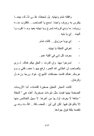 ‫ﻭﺍﻓﻘﺘﻪ ﺘﻤﺎﻡ ﻭﻨﻬﺎﻴﻪ. ﺒل ﺸﺠﻌﺘﺎﻩ ﻋﻠـﻰ ﺫﻟـﻙ، ﺒﻴﻨﻤـﺎ‬
‫ﻴﺘﻔﺭﺱ ﺒﻪ ﺭﺅﻭﻑ ﻭﺍﺠﻤﺎ: ﺍﺴﻤﻊ ﻴﺎ ﺍﻟﺼﺎﺤﺏ... ﻓﺎﻗﺘﺭﺏ ﻤﻨـﻪ‬
                               ‫ﹰ‬
‫ﺭﺅﻭﻑ: ﻤﺎ ﻭﺩﻱ ﻗﺭ‪‬ﻭﺸﻪ.ﺘﺴﺭﺡ ﻭ ‪‬ﺎ ﻨﻬﺎﻴﻪ ﺒﻌﻴﺩ ﻭﻤـﺎ ﺘﻘﺭﺒـﻭﺍ‬
                         ‫ﻴ‬             ‫ﹶ‬
                                     ‫ﺍﻟﺒﻴﺕ . ﺇﻱ ﻴﺎ ﺒﻨ ‪‬ﻪ .‬
                                        ‫ﻴ‬

                    ‫ﺇﻱ ﻴﻭﺒﺎ ﻤﺭﺯﻭﻕ... ﻗﺎﻟﺕ ﺘﻤﺎﻡ.‬         ‫-‬

                           ‫ﺘﻌﺭﻓﻲ ﺍﻟﻨﺨﻠﺔ ﻴﺎ ﻨﻬﺎﻴﻪ.‬       ‫-‬

                    ‫ﺒﻌﺭﻑ ﻜل ﺸﻲ ﻓﻲ ﺍﻟﻘﺒﺔ ﻋﻤﻭ.‬            ‫-‬

‫ﺘﺴﺭﺤﻭﺍ ﺒﻴﻬﺎ. ﻭﺇﻥ ﻗﺩﺭﺕ ، ﺍﻟﺤﻕ ﺒﻴﻜﻡ ﻫﻨﺎﻙ. ﺘـﺭﻯ‬            ‫-‬
‫ﻴﺎﻟﺼﺎﺤﺏ ﺇﻥ ﺍﻨﻁﺎﻨﻲ ﺍﷲ ﺍﻟﻌﻤﺭ، ﺍﺭﻓﻊ ﺒﻴﻬـﺎ ﻤﻀـﺎﻓﺘﻲ ﻴـﻭﻡ‬
‫ﻋﺭﺴﻙ. ﻫﻨﺎﻙ ﻗﺎﻤﺕ ﻤﻀﺎﻓﺎﺕ ﺍﻟﺸﻴﻭﺥ، ﻋﻭﺍﺩ ﻭﺭﺠﺎ ﻭﺯﻋـل‬
                                                ‫ﻭﻓﺭﺤﺎﻥ.‬

‫ﻜﺎﻨﺕ ﺃﺸﺠﺎﺭ ﺍﻟﻨﺨﻴل ﺼﻐﻴﺭﺓ ﺍﻟﻘﺎﻤﺎﺕ، ﺃﻤﺎ ﺍﻷﺭﻭﻤﺎﺕ‬
‫ﺍﻟﻀﺨﻤﺔ ﺒﻴﻨﻬﺎ ﻓﺒﺩﺕ ﻤﺜل ﻨﺘﻭﺀﺍﺕ ﺼﺨﺭﻴﺔ. ﺃﻫﺫﻩ ﻫﻲ " ﺍﻟﻨﺨﻠﺔ‬
‫" ﻤﺘﺎﻫﺔ ﻻ ﻴﻌﺭﻑ ﺃﻭﻟـﻬﺎ ﻤﻥ ﺁﺨﺭﻫﺎ. ﻻ ﺴﺒﻴل ﻟﻠﺨﻼﺹ ﻤﻨﻬﺎ‬
‫ﺇﻻ ﺒﺎﻟﺘﻭﻏل ﻓﻴﻬﺎ. ﻟﻜﻥ ﺇﻟﻰ ﺃﻴﻥ : ﻟﻠﻤﻀـﺎﻓﺔ... ﻗﺎﻟـﺕ ﻭﻫـﻲ‬
                                ‫ﺘﺘﻘﺩﻤﻪ ﺒﺜﻘﺔ ﻓﻭﻕ ﺠﻭﺍﺩﻫﺎ.‬



                         ‫٧٨٤‬
 