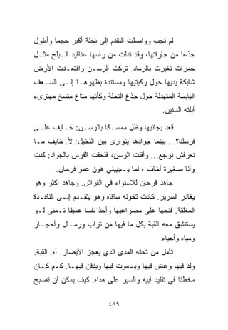 ‫ﻟﻡ ﺘﺠﺏ ﻭﻭﺍﺼﻠﺕ ﺍﻟﺘﻘﺩﻡ ﺇﻟﻰ ﻨﺨﻠﺔ ﺃﻜﺒﺭ ﺤﺠﻤﺎ ﻭﺃﻁﻭل‬
      ‫ﹰ‬
‫ﺠﺫﻋﺎ ﻤﻥ ﺠﺎﺭﺍﺘﻬﺎ، ﻭﻗﺩ ﺘﺩﻟﺕ ﻤﻥ ﺭﺃﺴﻬﺎ ﻋﻨﺎﻗﻴﺩ ﺍﻟـﺒﻠﺢ ﻤﺜـل‬
                                                 ‫ﹰ‬
‫ﺠﻤﺭﺍﺕ ﺘﻐﺒﺭﺕ ﺒﺎﻟﺭﻤﺎﺩ. ﺘﺭﻜﺕ ﺍﻟﺭﺴـﻥ ﻭﺍﻗﺘﻌـﺩﺕ ﺍﻷﺭﺽ‬
‫ﺸﺎﺒﻜﺔ ﻴﺩﻴﻬﺎ ﺤﻭل ﺭﻜﺒﺘﻴﻬﺎ ﻭﻤﺴﺘﻨﺩﺓ ﺒﻅﻬﺭﻫـﺎ ﺇﻟـﻰ ﺍﻟﺴـﻌﻑ‬
‫ﺍﻟﻴﺎﺒﺴﺔ ﺍﻟﻤﺘﻬﺩﻟﺔ ﺤﻭل ﺠﺫﻉ ﺍﻟﻨﺨﻠﺔ ﻭﻜﺄﻨﻬﺎ ﻤﺘﺎﻉ ﻤﺘﺴﺦ ﻤﻬﺘﺭﻯﺀ‬
                                           ‫ﺃﺒﻠﺘﻪ ﺍﻟﺴﻨﻴﻥ.‬

‫ﻗﻌﺩ ﺒﺠﺎﻨﺒﻬﺎ ﻭﻅل ﻤﻤﺴـﻜﺎ ﺒﺎﻟﺭﺴـﻥ: ﺨـﺎﻴﻑ ﻋﻠـﻰ‬
                    ‫ﹰ‬
‫ﻓﺭﺴﻙ؟... ﺒﻴﻨﻤﺎ ﺠﻭﺍﺩﻫﺎ ﻴﺘﻭﺍﺭﻯ ﺒﻴﻥ ﺍﻟﻨﺨﻴل: ﻷ. ﺨﺎﻴﻑ ﻤـﺎ‬
‫ﻨﻌﺭﻓﺵ ﻨﺭﺠﻊ... ﻭﺃﻓﻠﺕ ﺍﻟﺭﺴﻥ، ﻓﻠﺤﻘﺕ ﺍﻟﻔﺭﺱ ﺒﺎﻟﺠﻭﺍﺩ: ﻜﻨﺕ‬
       ‫ﻭﺃﻨﺎ ﺼﻐﻴﺭﺓ ﺃﺨﺎﻑ ، ﻟﻤﺎ ﻴـﺠﻴﺒﻨﻲ ﻫﻭﻥ ﻋﻤﻭ ﻓﺭﺤﺎﻥ.‬
‫ﺠﺎﻫﺩ ﻓﺭﺤﺎﻥ ﻟﻼﺴﺘﻭﺍﺀ ﻓﻲ ﺍﻟﻔﺭﺍﺵ. ﻭﺠﺎﻫﺩ ﺃﻜﺜﺭ ﻭﻫﻭ‬
‫ﻴﻐﺎﺩﺭ ﺍﻟﺴﺭﻴﺭ. ﻜﺎﺩﺕ ﺘﺨﻭﻨﻪ ﺴﺎﻗﺎﻩ ﻭﻫﻭ ﻴﺘﻘـﺩﻡ ﺇﻟـﻰ ﺍﻟﻨﺎﻓـﺫﺓ‬
‫ﺍﻟﻤﻐﻠﻘﺔ. ﻓﺘﺤﻬﺎ ﻋﻠﻰ ﻤﺼﺭﺍﻋﻴﻬﺎ ﻭﺃﺨﺫ ﻨﻔﺴﺎ ﻋﻤﻴﻘﺎ ﺘـﻤﻨﻰ ﻟـﻭ‬
          ‫ﹰ‬     ‫ﹰ‬
‫ﻴﺴﺘﻨﺸﻕ ﻤﻌﻪ ﺍﻟﻘﺒﺔ ﺒﻜل ﻤﺎ ﻓﻴﻬﺎ ﻤﻥ ﺘﺭﺍﺏ ﻭﺭﻤـﺎل ﻭﺃﺤﺠـﺎﺭ‬
                                          ‫ﻭﻤﻴﺎﻩ ﻭﺃﺤﻴﺎﺀ.‬
‫ﺘﺄﻤل ﻤﻥ ﺘﺤﺘﻪ ﺍﻟﻤﺩﻯ ﺍﻟﺫﻱ ﻴﻌﺠﺯ ﺍﻷﺒﺼﺎﺭ. ﺁﻩ. ﺍﻟﻘﺒﺔ.‬
‫ﻭﻟﺩ ﻓﻴﻬﺎ ﻭﻋﺎﺵ ﻓﻴﻬﺎ ﻭﻴـﻤﻭﺕ ﻓﻴﻬﺎ ﻭﻴﺩﻓﻥ ﻓﻴﻬـﺎ. ﻜـﻡ ﻜـﺎﻥ‬
‫ﻤﺨﻁﺌﺎ ﻓﻲ ﺘﻘﻠﻴﺩ ﺃﺒﻴﻪ ﻭﺍﻟﺴﻴﺭ ﻋﻠﻰ ﻫﺩﺍﻩ. ﻜﻴﻑ ﻴﻤﻜﻥ ﺃﻥ ﺘﺼﺒﺢ‬
                                                ‫ﹰ‬

                         ‫٩٨٤‬
 