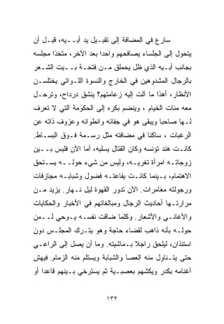 ‫ﺴﺎﺭﻉ ﻓﻲ ﺍﻟﻤﻀﺎﻓﺔ ﺇﻟﻰ ﺘﻘﺒـﻴل ﻴﺩ ﺃﺒــﻴﻪ، ﻗﺒـل ﺃﻥ‬
‫ﻴﺘﺤﻭل ﺇﻟﻰ ﺍﻟﺠﻠﺴﺎﺀ ﻴﺼﺎﻓﺤﻬﻡ ﻭﺍﺤﺩﺍ ﺒﻌﺩ ﺍﻵﺨﺭ، ﻤﺘﺨﺫﺍ ﻤﺠﻠﺴﻪ‬
      ‫ﹰ‬               ‫ﹰ‬
‫ﺒﺠﺎﻨﺏ ﺃﺒـﻴﻪ ﺍﻟﺫﻱ ﻅل ﻴﺤﻤﻠﻕ ﻤـﻥ ﻓﺘﺤـﺔ ﺒــﻴﺕ ﺍﻟﺸـﻌﺭ‬
‫ﺒﺎﻟﺭﺠﺎل ﺍﻟﻤﺸﺩﻭﻫﻴﻥ ﻓﻲ ﺍﻟﺨﺎﺭﺝ ﻭﺍﻟﻨﺴﻭﺓ ﺍﻟﻠـﻭﺍﺘﻲ ﻴﺨﺘﻠﺴـﻥ‬
‫ﺍﻷﻨﻅﺎﺭ، ﺃﻫﺫﺍ ﻤﺎ ﺁﻟﺕ ﺇﻟﻴﻪ ﺯﻋﺎﻤﺘﻬﻡ؟ ﻴﻨﺸﻕ ﺩﺭﺩﺍﺡ، ﻭﺘﺭﺤـل‬
‫ﻤﻌﻪ ﻤﺌﺎﺕ ﺍﻟﺨﻴﺎﻡ ، ﻭﻴﻨﻀﻡ ﺒﻜﺭﻩ ﺇﻟﻰ ﺍﻟﺤﻜﻭﻤﺔ ﺍﻟﺘﻲ ﻻ ﺘﻌﺭﻑ‬
‫ﻟـﻬﺎ ﺼﺎﺤﺒﺎ ﻭﻴﺒﻘﻰ ﻫﻭ ﻓﻲ ﺠﻔﺎﺌﻪ ﻭﺍﻨﻁﻭﺍﺌﻪ ﻭﻋﺯﻭﻑ ﺫﺍﺘﻪ ﻋﻥ‬
                                         ‫ﹰ‬
‫ﺍﻟﺭﻏﺒﺎﺕ ، ﺴﺎﻜﻨﺎ ﻓﻲ ﻤﻀﺎﻓﺘﻪ ﻤﺜل ﺭﺴـﻤﺔ ﻓـﻭﻕ ﺍﻟﺒﺴـﺎﻁ.‬
                                  ‫ﹰ‬
‫ﻜﺎﻨـﺕ ﻫﻨﺩ ﺘﺅﻨﺴﻪ ﻭﻜﺎﻥ ﺍﻟﻘﺘﺎل ﻴﺴﻠﻴﻪ، ﺃﻤﺎ ﺍﻵﻥ ﻓﻠﻴﺱ ﺒــﻴﻥ‬
‫ﺯﻭﺠﺎﺘـﻪ ﺍﻤﺭﺃﺓ ﺘﻐﺭﻴـﻪ، ﻭﻟﻴﺱ ﻤﻥ ﺸﻲﺀ ﺤﻭﻟــﻪ ﻴﺴـﺘﺤﻕ‬
‫ﺍﻻﻫﺘﻤﺎﻡ، ﺒـﻴﻨﻤﺎ ﻜﺎﻨـﺕ ﻴﻔﺎﻋﺘـﻪ ﻓﻀﻭل ﻭﺸﺒﺎﺒـﻪ ﻤﺠﺎﺯﻓﺎﺕ‬
‫ﻭﺭﺠﻭﻟﺘﻪ ﻤﻐﺎﻤﺭﺍﺕ. ﺍﻵﻥ ﺘﺩﻭﺭ ﺍﻟﻘﻬﻭﺓ ﻟﻴل ﻨـﻬﺎﺭ. ﻴﺯﻴﺩ ﻤـﻥ‬
‫ﻤﺭﺍﺭﺘـﻬﺎ ﺃﺤﺎﺩﻴﺙ ﺍﻟﺭﺠﺎل ﻭﻤﺒﺎﻟﻐﺎﺘﻬﻡ ﻓﻲ ﺍﻷﺨﺒﺎﺭ ﻭﺍﻟﺤﻜﺎﻴﺎﺕ‬
‫ﻭﺍﻷﻏﺎﻨـﻲ ﻭﺍﻷﺸﻌﺎﺭ. ﻭﻜﻠﻤﺎ ﻀﺎﻗﺕ ﻨﻔﺴـﻪ ﻴـﻭﺤﻲ ﻟــﻤﻥ‬
‫ﺤﻭﻟـﻪ ﺒﺄﻨﻪ ﺫﺍﻫﺏ ﻟﻘﻀﺎﺀ ﺤﺎﺠﺔ ﻭﻫﻭ ﻴﺘـﺭﻙ ﺍﻟﻤﺠﻠـﺱ ﺩﻭﻥ‬
‫ﺍﺴﺘﺌﺫﺍﻥ، ﻟﻴﻠﺤﻕ ﺭﺍﺠﻼ ﺒـﻤﺎﺸﻴﺘﻪ. ﻭﻤﺎ ﺃﻥ ﻴﺼل ﺇﻟﻰ ﺍﻟﺭﺍﻋـﻲ‬
                                 ‫ﹰ‬
‫ﺤﺘﻰ ﻴﺘـﻨﺎﻭل ﻤﻨﻪ ﺍﻟﻌﺼﺎ ﻭﺍﻟﺸﺒﺎﺒﺔ ﻭﻴﺴﺘﻠﻡ ﻤﻨﻪ ﺍﻟﺯﻤﺎﻡ. ﻓﻴﻬﺵ‬
‫ﺃﻏﻨﺎﻤﻪ ﺒﻜﺩﺭ ﻭﻴﻜﺸﻬﻡ ﺒﻌﺼﺒـﻴﺔ ﺜﻡ ﻴﺴﺘﺭﺨﻲ ﺒـﻴﻨﻬﻡ ﻗﺎﻋﺩﺍ ﺃﻭ‬
   ‫ﹰ‬


                         ‫٢٣١‬
 