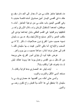 ‫ﻤﻨـﺘﺼﻔﻬﺎ ﺤﺎﺠﺯ ﺨﺸﺒـﻲ ﻤﻥ ﺍﻟـﺠﺩﺍﺭ ﺇﻟﻰ ﺍﻟﺠـﺩﺍﺭ، ﻴﻘﺒـﻊ‬
‫ﺨﻠﻔـﻪ ﻓﻲ ﺃﻗﺼﻰ ﺍﻟﻴﺴﺎﺭ ﺃﻤﻴﻥ ﺼﻨﺩﻭﻕ ﺃﻤﺎﻤﻪ ﻗﺎﺼﺔ ﺤﺩﻴﺩﻴـﺔ‬
‫ﻭﻓﻲ ﺃﻗﺼﻰ ﺍﻟﻴﻤﻴﻥ ﺒﺎﺏ ﺨﺸﺒـﻲ ﻤﻥ ﻨﻭﻋﻴﺔ ﺍﻟﺤﺎﺠﺯ. ﺃﻤﺎﻤـﻪ‬
‫ﻤﻭﻅﻔﺎﻥ، ﺃﺤﺩﻫﻤﺎ ﻻﺴﺘﻘﺒﺎل ﺍﻟﺯﺒﺎﺌﻥ ﻭﺍﺴـﺘﻼﻡ ﺍﻷﻭﺭﺍﻕ ﻭﺁﺨـﺭ‬
‫ﻟﺘﺩﻗﻴﻘﻬﺎ ﻭﻤﺭﺍﻗﺒﺘﻬﺎ. ﻓﻲ ﺍﻟﻘﺴﻡ ﺍﻟﺨﻠﻔﻲ ﺒﺎﺒﺎﻥ ﺇﺤﺩﺍﻫﻤﺎ ﻴﺅﺩﻱ ﺇﻟﻰ‬
‫ﻤﻜﺘﺏ ﺍﻟﻤﺩﻴﺭ ﻭﺍﻵﺨﺭ ﻤﺴﺘﻭﺩﻉ ﻟﻸﺭﺸﻴﻑ.ﻭﻗﺩ ﻋـﻴﻥ ﺴـﻠﻴﻤﺎﻥ‬
‫ﻨﺴﻴﺒﻪ ﺤﺴﻴﺏ ﻤﺩﻴﺭﺍ ﻟﻠﻔﺭﻉ ﺩﻭﻥ ﺼﻼﺤﻴﺎﺕ ﺘـﺫﻜﺭ. ﺇﻻ ﻓـﻲ‬
                               ‫ﹰ‬
‫ﺍﻟﺴﺤﺏ ﻭﺍﻹﻴﺩﺍﻉ، ﺃﻤﺎ ﺒﺎﻗﻲ ﺍﻷﻤﻭﺭ ﻓﻴﺒﺕ ﺒـﻬﺎ ﺴﻠﻴﻤﺎﻥ ﻜﻠﻤـﺎ‬
  ‫ﻗﺩﻡ ﺇﻟﻰ ﻋﻤﺎﻥ ﺩﻭﻨﻤﺎ ﺇﻨﺫﺍﺭ، ﻤﺒﺎﻏﺘﺎ ﺤﺴﻴﺏ ﺒـﻴﻥ ﻴﻭﻡ ﻭﺁﺨﺭ.‬
        ‫ٍ‬             ‫ﹰ‬
‫ﻋﺭﺽ ﻋﻠﻴﻪ ﺃﺒﻭﻩ ﺃﻥ ﻴﺘﻭﻟﻰ ﺃﻤﻭﺭ ﺍﻟﻔﺭﻉ، ﺤﺘﻰ ﻴﺭﻴﺤﻪ‬
‫ﻤﻥ ﺍﻟﺘـﻨﻘل ﺒـﻴﻥ ﺍﻟﻘﺩﺱ ﻭﻋﻤﺎﻥ.ﻴﻭﻤﺎ ﻫﻨﺎ ﻭﻴﻭﻤﺎ ﻫﻨﺎﻙ: ﻟﻴﺵ‬
          ‫ﹰ‬         ‫ﹰ‬
                           ‫ﺇﻨـﺕ ﺒﺘﻌﺭﻑ ﺘﻘﺭﺃ ﻭﺘﻜﺘﺏ ﻴﺎﺒﺎ؟.‬
‫ﺃﻭﻑ.ﻟﻴﺵ ﻋﺩ ﺍﻟﻤﺼﺎﺭﻱ ﺒﺩﻫﺎ ﻗﺭﺍﻴﺔ ﻭﻜﺘﺎﺒـﺔ.‬          ‫-‬
                        ‫ﻤﺴﺘﻌﺩ ﺃﻨﺴﻰ ﺍﻷﻜل ﻭﺍﻟﺸﺭﺏ ﻭﺍﻟﻨﻭﻡ،‬
‫ﻭﺃﻨﺴﻰ ﺤﺘﻰ ﺃﻤﻙ، ﺒﺱ ﺃﻗﻀﻴﻬﺎ ﻋﺩ ﻤﺼﺎﺭﻱ.ﻴﺎﺒـﻲ ﻴﺎ‬
‫ﺴﻠﻴﻤﺎﻥ ﺇﺫﺍ ﺒﺘﺤﻘﻕ ﻟﻲ ﻫﺎ ﺍﻷﻤﻨـﻴﺔ ﻗﺩﻴﺵ ﺭﺍﺡ ﺘﻜﻭﻥ ﺭﻀـﻲ‬
                                                    ‫ﻭﺍﻟﺩﻴﻥ.‬



                          ‫٠٥١‬
 