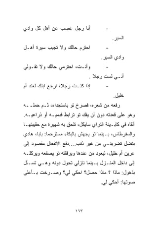 ‫ﺃﻨﺎ ﺭﺠل ﻏﺼﺏ ﻋﻥ ﺃﻫل ﻜل ﻭﺍﺩﻱ‬               ‫-‬
                                             ‫ﺍﻟﺴﻴﺭ.‬
‫ﺍﺤﺘﺭﻡ ﺤﺎﻟﻙ ﻭﻻ ﺘﺠﻴﺏ ﺴﻴﺭﺓ ﺃﻫـل‬             ‫-‬
                                       ‫ﻭﺍﺩﻱ ﺍﻟﺴﻴﺭ.‬
‫ﻭﺃﻨـﺕ، ﺍﺤﺘﺭﻤﻲ ﺤﺎﻟﻙ ﻭﻻ ﺘﻘـﻭﻟﻲ‬             ‫-‬
                                ‫ﺃﻨـﻲ ﻟﺴﺕ ﺭﺠﻼ .‬
                                  ‫ﹰ‬
‫ﺇﺫﺍ ﻜﻨـﺕ ﺭﺠ ﹰ، ﺍﺭﺠﻊ ﺍﺒﻨﻙ ﻟﻌﻨﺩ ﺃﻡ‬
                   ‫ﻼ‬                     ‫-‬
                                             ‫ﺨﻠﻴل.‬
‫ﺭﻓﻌﻪ ﻤﻥ ﺸﻌﺭﻩ، ﻓﺼﺭﺥ ﺘﻭ ﺒﺎﺴﺘﺠﺩﺍﺀ، ﺜـﻡ ﺤﻤﻠــﻪ‬
‫ﻭﻫﻭ ﻋﻠﻰ ﻗﻌﺩﺘﻪ ﺩﻭﻥ ﺃﻥ ﻴﻔﻙ ﺘﻭ ﺘﺭﺍﺒﻁ ﻗﺩﻤﻴـﻪ ﺃﻭ ﺫﺭﺍﻋﻴـﻪ.‬
‫ﺃﻟﻘﺎﻩ ﻓﻲ ﻜﺎﺒـﻴﻨﺔ ﺍﻟﺘﺭﺍﻱ ﺴﺎﻴﻜل، ﺘﻠﺤﻕ ﺒﻪ ﺸﻬﻴﺭﺓ ﻤﻊ ﺤﻘﻴﺒﺘﻬـﺎ‬
‫ﻭﺍﻟﺴﻔﺭﻁﺎﺱ، ﺒـﻴﻨﻤﺎ ﺘﻭ ﻴﺠﻬﺵ ﺒﺎﻟﺒﻜﺎﺀ ﻤﺴﺘﺭﺤﻤﺎ: ﺒﺎﺒﺎ، ﻫﺎﺩﻱ‬
            ‫ﹰ‬
‫ﺒﺘﻀل ﺘﻀﺭﺒﻨـﻲ ﻤﻥ ﻏﻴﺭ ﺫﻨﺏ....ﺩﻓﻊ ﺍﻻﻨﻔﻌﺎل ﻤﻘﺼﻭﺩ ﺇﻟﻰ‬
‫ﻋﺭﻴﻥ ﺃﻡ ﺨﻠﻴل، ﻟﻴﻌﻭﺩ ﻤﻥ ﻋﻨﺩﻫﺎ ﻭﺒﺭﻓﻘﺘﻪ ﺘﻭ ﻴﺼﻔﻌﻪ ﻭﻴﺭﻜﻠـﻪ‬
‫ﺇﻟﻰ ﺩﺍﺨل ﺍﻟﻤﻨـﺯل ﺒـﻴﻨﻤﺎ ﻨﺎﺯﻟﻲ ﺘﺤﻭل ﺩﻭﻨﻪ ﻭﻫـﻲ ﺘﺴـﺄل‬
‫ﺒﺫﻫﻭل: ﻤﺎﺫﺍ ؟ ﻤﺎﺫﺍ ﺤﺼل؟ ﺍﺤﻜﻲ ﻟﻲ؟ ﻭﺼـﺭﺨﺕ ﺒـﺄﻋﻠﻰ‬
                                      ‫ﺼﻭﺘﻬﺎ: ﺃﺤﻜﻲ ﻟﻲ.‬



                          ‫٣٦١‬
 