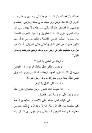 ‫ﺃﺼﻠﻙ ﻭﻻ ﻓﺼﻠﻙ ﻭﻻ ﺇﻨـﺕ ﻫﺭﺠﺕ ﻟﻲ ﻴﻭﻡ ﻋﻥ ﺭﺒﻌﻙ. ﻤـﺎ‬
‫ﺃﺩﺭﻱ ﺇﻥ ﻜﻨـﺕ ﺘﺭﻜﻲ ﻭﻟﻭ ﺠﻴﺘـﻨـﻲ ﺒﺴﻼﺡ ﺘﺭﻜﻲ، ﺍﺘﻁﻠـﻊ‬
‫ﺒﻭﺠﻬﻲ. ﻤﺎ ﻗﺼﺩﻱ ﺃﺫﻜﺭﻙ ﺒﺎﻟﻠﻲ ﺴـﻭﻴﺘﻪ ﻭﻻ ﻴﻬﻤﻨــﻲ ﺇﺵ‬
‫ﻭﺩﻙ ﺘﺴﻭﻱ، ﺘﺭﻯ ﺍﻨـﺕ ﻻ ﻗﻁﺭﻭﺯ ﻭﻻ ﻋﺒﺩ. ﺍﻟﺤﺭﺏ ﺨﻠﺼﺕ‬
‫ﻤﻥ ﺴﻨـﻴﻥ. ﺃﺨﺫﺕ ﻋﻨـﻲ ﺍﻟﻔﻼﺤﺔ ﻭﺍﻨﻁﻴﺘـﻨــﻲ ﺒﺩﺍﻟــﻬﺎ‬
‫ﻜﺜﻴﺭ. ﺼﺭﺕ ﻤﻥ ﺃﻫل ﺍﻟﺩﺍﺭ ﻭﺘﺤﻜﻲ ﺤﻜﻲ ﺍﻟﻌﺭﺒﺎﻥ. ﺃﻨـﺕ ﺤﺭ‬
‫ﻤﻥ ﻴﻭﻡ ﺤﻁﻴﺕ ﺒﺩﻴﺭﺘﻲ ﻭﺤﺭ ﻴﻭﻡ ﻭﺩﻙ ﺘﺭﺠﻊ ﻟﺩﻴﺭﺘﻙ، ﻭﻴـﺵ‬
                                                 ‫ﺘﻘﻭل؟‬
                 ‫- ﺘﺭﻴﺩﻨـﻲ ﺃﻤﺸﻲ ﻴﺎ ﺸﻴﺦ ؟‬
‫ﻻ ﺘﻀﻴﻕ ﺨﻠﻘﻲ ﻤﺜل ﺨﺎﻟﺘﻙ ﺃﻡ ﻤﺭﺯﻭﻕ. ﺇﻓﻬﻤﻨﻲ‬       ‫-‬
‫ﺯﻴﻥ، ﺇﻥ ﻜﻨـﺕ ﺘﺭﻴﺩ ﺘﻌﺎﻭﺩ ﻟﺭﺒﻌﻙ، ﺃﻨﺎ ﺍﻟﻠـﻲ ﻴﻭﺩﻴـﻙ، ﻭﺇﻥ‬
          ‫ﺘﺒﻐﻲ ﺘﻅل ‪‬ﻤﻨﺎ ﻟﺯﻭﻡ ﻨ ‪‬ﻭﺯﻙ ﻴﺎ ﻭﻟﺩ. ﻭﻴﺵ ﺘﻘﻭل؟.‬
                                ‫ﺠ‬           ‫ﻴ‬
                 ‫- ﺍﻨـﺕ ﺍﻟﻠﻲ ﺘﻘﻭل ﻴﺎ ﺸﻴﺦ.‬
‫ﺍﻨﺎ ﺃﺸﻭﻑ ﺍﻨﻙ ﺘﺘﺠﻭﺯ، ﻭﻤﻥ ﻫﺎﻟﺴﺎﻉ، ﺘﺩﻭﺭ ﻟﻴﻙ‬     ‫-‬
                    ‫ﺃﻡ ﻤﺭﺯﻭﻕ ﻋﻠﻰ ﻋﺭﻭﺴﺔ ﺯﻴﻥ. ﻓﺎﻫﻡ؟ .‬
‫ﻓﻲ ﻏﻴﺎﺒﻪ ﺘﺠﺭﺃ ﻤﺴﻠﻡ ﻋﻠﻰ ﺍﻹﻓﺼﺎﺡ. ﺍﺴﺘﺠﺩﻯ ﺘـﻤﺎﻡ‬
‫ﻜﻲ ﺘﺨﻠﺼﻪ ﻤﻥ ﻫﺫﻩ ﺍﻟﻭﺭﻁﺔ. ﺇﻨﻪ ﻻ ﻴﺭﻴﺩ ﺍﻟﺯﻭﺍﺝ ﻟﻜﻨﻪ ﺨﺸـﻲ‬
‫ﻤﻌﺎﺭﻀﺔ ﺭﻏﺒﺔ ﺍﻟﺸﻴﺦ . ﻜﺎﺩ ﻴﺒﻜﻲ ﻭﻫﻭ ﻴﻘﻭل: ﺇﻥ ﻜـﺎﻥ ﻭ ‪‬ﻩ‬
 ‫ﺩ‬


                        ‫١٨١‬
 