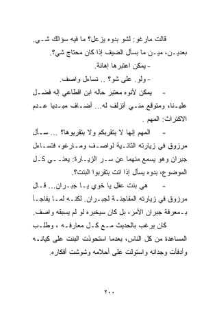 ‫ﻗﺎﻟﺕ ﻤﺎﺭﻏﻭ: ﻟﺸﻭ ﺒﺩﻭﻩ ﻴﺯﻋل؟ ﻤﺎ ﻓﻴﻪ ﺴﺅﺍﻟﻙ ﺸـﻲ.‬
      ‫ﺒﻌﺩﻴـﻥ، ﻤﻴـﻥ ﻤﺎ ﺒﺴﺄل ﺍﻟﻀﻴﻑ ﺇﺫﺍ ﻜﺎﻥ ﻤﺤﺘﺎﺝ ﺸﻲ؟.‬
                      ‫- ﻴﻤﻜﻥ ﺍﻋﺘﺒﺭﻫﺎ ﺇﻫﺎﻨﺔ.‬
         ‫- ﻭﻟﻭ. ﻋﻠﻰ ﺸﻭ؟ .. ﺘﺴﺎﺀل ﻭﺍﺼﻑ.‬
‫ﻴﻤﻜﻥ ﻷﻨﻭﻩ ﻤﻌﺘﺒﺭ ﺤﺎﻟﻪ ﺍﺒﻥ ﺍﻗﻁﺎﻋﻲ ﺇﻟﻪ ﻓﻀـل‬      ‫-‬
‫ﻋﻠﻴـﻨﺎ، ﻭﻤﺘﻭﻗﻊ ﻤﻨـﻲ ﺃﺘﺯﻟﻑ ﻟﻪ... ﺃﻀـﺎﻑ ﻤﺒـﺩﻴﺎ ﻋـﺩﻡ‬
     ‫ﹰ‬
                                       ‫ﺍﻻﻜﺘﺭﺍﺙ: ﺍﻟﻤﻬﻡ .‬
‫ﺍﻟﻤﻬﻡ ﺇﻨﻬﺎ ﻻ ﺒﺘﻘﺭﺒﻜﻡ ﻭﻻ ﺒﺘﻘﺭﺒﻭﻫﺎ؟ ... ﺴـﺄل‬    ‫-‬
‫ﻤﺭﺯﻭﻕ ﻓﻲ ﺯﻴﺎﺭﺘﻪ ﺍﻟﺜﺎﻨـﻴﺔ ﻟﻭﺍﺼـﻑ ﻭﻤـﺎﺭﻏﻭ، ﻓﺘﺴـﺎﺀل‬
‫ﺠﺒﺭﺍﻥ ﻭﻫﻭ ﻴﺴﻤﻊ ﻤﻨﻬﻤﺎ ﻋﻥ ﺴـﺭ ﺍﻟﺯﻴـﺎﺭﺓ: ﻴﻌﻨــﻲ ﻜـل‬
             ‫ﺍﻟﻤﻭﻀﻭﻉ، ﺒﺩﻭﻩ ﻴﺴﺄل ﺇﺫﺍ ﺍﻨﺕ ﺒﺘﻘﺭﺒﻭﺍ ﺍﻟﺒﻨﺕ؟.‬
‫ﻫﻲ ﺒﻨﺕ ﻋﻘل ﻴﺎ ﺨﻭﻱ ﻴـﺎ ﺠﺒـﺭﺍﻥ... ﻗـﺎل‬          ‫-‬
‫ﻤﺭﺯﻭﻕ ﻓﻲ ﺯﻴﺎﺭﺘﻪ ﺍﻟﻤﻔﺎﺠﺌـﺔ ﻟﺠﺒـﺭﺍﻥ. ﻟﻜﻨـﻪ ﻟﻤـﺎ ﻴﻔﺎﺠـﺄ‬
‫ﺒـﻤﻌﺭﻓﺔ ﺠﺒﺭﺍﻥ ﺍﻷﻤﺭ، ﺒل ﻜﺎﻥ ﺴﻴﺨﺒﺭﻩ ﻟﻭ ﻟﻡ ﻴﺴﺒﻘﻪ ﻭﺍﺼﻑ.‬
‫ﻜﺎﻥ ﻴﺭﻏﺏ ﺒﺎﻟﺤﺩﻴﺙ ﻤـﻊ ﻜـل ﻤﻌﺎﺭﻓـﻪ ، ﻭﻁﻠـﺏ‬
‫ﺍﻟﻤﺴﺎﻋﺩﺓ ﻤﻥ ﻜل ﺍﻟﻨﺎﺱ، ﺒﻌﺩﻤﺎ ﺍﺴﺘﺤﻭﺫﺕ ﺍﻟﺒﻨﺕ ﻋﻠﻰ ﻜﻴﺎﻨـﻪ‬
     ‫ﻭﺃﺩﻓﺄﺕ ﻭﺠﺩﺍﻨﻪ ﻭﺍﺴﺘﻭﻟﺕ ﻋﻠﻰ ﺃﺤﻼﻤﻪ ﻭﺸﻭﺸﺕ ﺃﻓﻜﺎﺭﻩ.‬



                         ‫٠٠٢‬
 