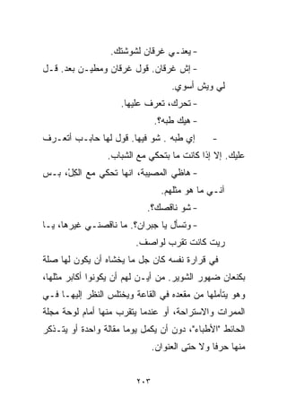 ‫- ﻴﻌﻨـﻲ ﻏﺭﻗﺎﻥ ﻟﺸﻭﺸﺘﻙ.‬
‫- ﺇﺵ ﻏﺭﻗﺎﻥ. ﻗﻭل ﻏﺭﻗﺎﻥ ﻭﻤﻁﻴـﻥ ﺒﻌﺩ. ﻗـل‬
                                    ‫ﻟﻲ ﻭﻴﺵ ﺃﺴﻭﻱ.‬
                     ‫- ﺘﺤﺭﻙ، ﺘﻌﺭﻑ ﻋﻠﻴﻬﺎ.‬
                               ‫- ﻫﻴﻙ ﻁ ‪‬ﻪ؟.‬
                                  ‫ﺒ‬
‫ﺇﻱ ﻁ ‪‬ﻪ . ﺸﻭ ﻓﻴﻬﺎ. ﻗﻭل ﻟﻬﺎ ﺤﺎﺒـﺏ ﺃﺘﻌـﺭﻑ‬
                                 ‫ﺒ‬             ‫-‬
                 ‫ﻋﻠﻴﻙ. ﺇﻻ ﺇﺫﺍ ﻜﺎﻨﺕ ﻤﺎ ﺒﺘﺤﻜﻲ ﻤﻊ ﺍﻟﺸﺒﺎﺏ.‬
‫- ﻫﺎﻅﻲ ﺍﻟﻤﺼﻴﺒﺔ، ﺍﻨﻬﺎ ﺘﺤﻜﻲ ﻤﻊ ﺍﻟﻜلْ، ﺒـﺱ‬
       ‫ِ‬
                                 ‫ﺁﻨـﻲ ﻤﺎ ﻫﻭ ﻤﺜﻠﻬﻡ.‬
                            ‫- ﺸﻭ ﻨﺎﻗﺼﻙ؟.‬
‫- ﻭﺘﺴﺄل ﻴﺎ ﺠﺒﺭﺍﻥ؟. ﻤﺎ ﻨﺎﻗﺼﻨـﻲ ﻏﻴﺭﻫﺎ، ﻴـﺎ‬
                         ‫ﺭﻴﺕ ﻜﺎﻨﺕ ﺘﻘﺭﺏ ﻟﻭﺍﺼﻑ.‬
‫ﻓﻲ ﻗﺭﺍﺭﺓ ﻨﻔﺴﻪ ﻜﺎﻥ ﺠل ﻤﺎ ﻴﺨﺸﺎﻩ ﺃﻥ ﻴﻜﻭﻥ ﻟﻬﺎ ﺼﻠﺔ‬
‫ﺒﻜﻨﻌﺎﻥ ﻀﻬﻭﺭ ﺍﻟﺸﻭﻴﺭ. ﻤﻥ ﺃﻴـﻥ ﻟﻬﻡ ﺃﻥ ﻴﻜﻭﻨﻭﺍ ﺃﻜﺎﺒﺭ ﻤﺜﻠﻬﺎ،‬
‫ﻭﻫﻭ ﻴﺘﺄﻤﻠﻬﺎ ﻤﻥ ﻤﻘﻌﺩﻩ ﻓﻲ ﺍﻟﻘﺎﻋﺔ ﻭﻴﺨﺘﻠﺱ ﺍﻟﻨﻅﺭ ﺇﻟﻴﻬـﺎ ﻓـﻲ‬
‫ﺍﻟﻤﻤﺭﺍﺕ ﻭﺍﻻﺴﺘﺭﺍﺤﺔ، ﺃﻭ ﻋﻨﺩﻤﺎ ﻴﺘﻘﺭﺏ ﻤﻨﻬﺎ ﺃﻤﺎﻡ ﻟﻭﺤﺔ ﻤﺠﻠﺔ‬
‫ﺍﻟﺤﺎﺌﻁ "ﺍﻷﻁﺒﺎﺀ"، ﺩﻭﻥ ﺃﻥ ﻴﻜﻤل ﻴﻭﻤﺎ ﻤﻘﺎﻟﺔ ﻭﺍﺤﺩﺓ ﺃﻭ ﻴﺘـﺫﻜﺭ‬
                      ‫ﹰ‬
                               ‫ﻤﻨﻬﺎ ﺤﺭﻓﺎ ﻭﻻ ﺤﺘﻰ ﺍﻟﻌﻨﻭﺍﻥ.‬
                                               ‫ﹰ‬


                         ‫٣٠٢‬
 
