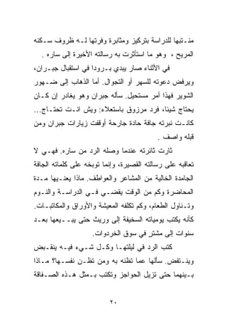 ‫ﻤﻨـﺘﺒﻬﺎ ﻟﻠﺩﺭﺍﺴﺔ ﺒﺘﺭﻜﻴﺯ ﻭﻤﺜﺎﺒﺭﺓ ﻭﻓﺭﺘﻬﺎ ﻟـﻪ ﻅﺭﻭﻑ ﺴـﻜﻨﻪ‬
                                             ‫ﹰ‬
  ‫ﺍﻟﻤﺭﻴﺢ ، ﻭﻫﻭ ﻤﺎ ﺍﺴﺘﺄﺜﺭﺕ ﺒﻪ ﺭﺴﺎﻟﺘﻪ ﺍﻷﺨﻴﺭﺓ ﺇﻟﻰ ﺴﺎﺭﻩ .‬
‫ﻓﻲ ﺍﻷﺜﻨﺎﺀ ﺼﺎﺭ ﻴﺒﺩﻱ ﺒـﺭﻭﺩﺍ ﻓﻲ ﺍﺴﺘﻘﺒﺎل ﺠﺒـﺭﺍﻥ،‬
                   ‫ﹰ‬
‫ﻭﻴﺭﻓﺽ ﺩﻋﻭﺘﻪ ﻟﻠﺴﻬﺭ ﺃﻭ ﺍﻟﺘﺠﻭﺍل. ﺃﻤﺎ ﺍﻟﺫﻫﺎﺏ ﺇﻟﻰ ﻀـﻬﻭﺭ‬
‫ﺍﻟﺸﻭﻴﺭ ﻓﻬﺫﺍ ﺃﻤﺭ ﻤﺴﺘﺤﻴل. ﺴﺄﻟﻪ ﺠﺒﺭﺍﻥ ﻭﻫﻭ ﻴﻐﺎﺩﺭ ﺇﻥ ﻜـﺎﻥ‬
‫ﻴﺤﺘﺎﺝ ﺸﻴﺌﹰ، ﻓﺭﺩ ﻤﺭﺯﻭﻕ ﺒﺎﺴﺘﻌﻼﺀ: ﻭﻴﺵ ﺍﻨـﺕ ﺘﺤﺘـﺎﺝ...‬
                                       ‫ﺎ‬
‫ﻜﺎﻨـﺕ ﻨﺒﺭﺘﻪ ﺠﺎﻓﺔ ﺤﺎﺩﺓ ﺠﺎﺭﺤﺔ ﺃﻭﻗﻔﺕ ﺯﻴﺎﺭﺍﺕ ﺠﺒﺭﺍﻥ ﻭﻤﻥ‬
                                           ‫ﻗﺒﻠﻪ ﻭﺍﺼﻑ .‬
‫ﺜﺎﺭﺕ ﺜﺎﺌﺭﺘﻪ ﻋﻨﺩﻤﺎ ﻭﺼﻠﻪ ﺍﻟﺭﺩ ﻤﻥ ﺴﺎﺭﻩ. ﻓﻬـﻲ ﻻ‬
‫ﺘﻌﺎﻗﺒﻪ ﻋﻠﻰ ﺭﺴﺎﻟﺘﻪ ﺍﻟﻘﺼﻴﺭﺓ، ﻭﺇﻨﻤﺎ ﺘﻭﺒﺨﻪ ﻋﻠﻰ ﻜﻠﻤﺎﺘﻪ ﺍﻟﺠﺎﻓﺔ‬
‫ﺍﻟﺠﺎﻤﺩﺓ ﺍﻟﺨﺎﻟﻴﺔ ﻤﻥ ﺍﻟﻤﺸﺎﻋﺭ ﻭﺍﻟﻌﻭﺍﻁﻑ. ﻤﺎﺫﺍ ﻴﻌﻨـﻴﻬﺎ ﻤـﺩﺓ‬
‫ﺍﻟﻤﺤﺎﻀﺭﺓ ﻭﻜﻡ ﻤﻥ ﺍﻟﻭﻗﺕ ﻴﻘﻀـﻲ ﻓـﻲ ﺍﻟﺩﺭﺍﺴـﺔ ﻭﺍﻟﻨـﻭﻡ‬
‫ﻭﺘـﻨﺎﻭل ﺍﻟﻁﻌﺎﻡ، ﻭﻜﻡ ﺘﻜﻠﻔﻪ ﺍﻟﻤﻌﻴﺸﺔ ﻭﺍﻷﻭﺭﺍﻕ ﻭﺍﻟﻤﻜﺎﺘﺒـﺎﺕ.‬
‫ﻜﺄﻨﻪ ﻴﻜﺘﺏ ﻴﻭﻤﻴﺎﺘﻪ ﺍﻟﺴﺨﻴﻔﺔ ﺇﻟﻰ ﻭﺭﻴﺙ ﺤﺘﻰ ﻴﺒــﻴﻌﻬﺎ ﺒﻌـﺩ‬
                    ‫ﺴﻨﻭﺍﺕ ﺇﻟﻰ ﻤﺸﺘﺭ ﻓﻲ ﺴﻭﻕ ﺍﻟﺨﺭﺩﻭﺍﺕ.‬
                                     ‫ٍ‬
‫ﻜﺘﺏ ﺍﻟﺭﺩ ﻓﻲ ﻟﻴﻠﺘﻬـﺎ ﻭﻜـل ﺸـﻲﺀ ﻓﻴـﻪ ﻴﻨﻘـﺒﺽ‬
‫ﻭﻴﻨـﺘﻔﺽ. ﺴﺄﻟﻬﺎ ﻋﻤﺎ ﺘﻅﻨﻪ ﺒﻪ ﻭﻤﻥ ﺘﻅـﻥ ﻨﻔﺴـﻬﺎ؟ ﻤـﺎﺫﺍ‬
‫ﺒـﻴﻨﻬﻤﺎ ﺤﺘﻰ ﺘﺯﻴل ﺍﻟﺤﻭﺍﺠﺯ ﻭﺘﻜﺘﺏ ﺒـﻤﺜل ﻫـﺫﻩ ﺍﻟﺼـﻔﺎﻗﺔ‬


                          ‫٠٢‬
 