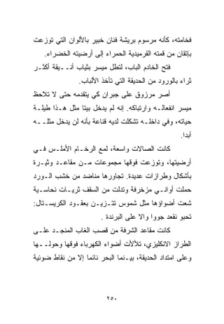 ‫ﻓﺨﺎﻤﺘﻪ، ﻜﺄﻨﻪ ﻤﺭﺴﻭﻡ ﺒﺭﻴﺸﺔ ﻓﻨﺎﻥ ﺨﺒﻴﺭ ﺒﺎﻷﻟﻭﺍﻥ ﺍﻟﺘﻲ ﺘﻭﺯﻋﺕ‬
   ‫ﺒﺈﺘﻘﺎﻥ ﻤﻥ ﻗﻤﺘﻪ ﺍﻟﻘﺭﻤﻴﺩﻴﺔ ﺍﻟﺤﻤﺭﺍﺀ ﺇﻟﻰ ﺃﺭﻀﻴﺘﻪ ﺍﻟﺨﻀﺭﺍﺀ.‬
‫ﻓﺘﺢ ﺍﻟﺨﺎﺩﻡ ﺍﻟﺒﺎﺏ، ﻟﺘﻁل ﻤﻴﺴﺭ ﺒﺜﻴﺎﺏ ﺃﻨــﻴﻘﺔ ﺃﻜﺜـﺭ‬
                ‫ﺜﺭﺍﺀ ﺒﺎﻟﻭﺭﻭﺩ ﻤﻥ ﺍﻟﺤﺩﻴﻘﺔ ﺍﻟﺘﻲ ﺘﺄﺨﺫ ﺍﻷﻟﺒﺎﺏ.‬
‫ﺃﺼﺭ ﻤﺭﺯﻭﻕ ﻋﻠﻰ ﺠﺒﺭﺍﻥ ﻜﻲ ﻴﺘﻘﺩﻤﻪ ﺤﺘﻰ ﻻ ﺘﻼﺤﻅ‬
‫ﻤﻴﺴﺭ ﺍﻨﻔﻌﺎﻟـﻪ ﻭﺍﺭﺘﺒﺎﻜﻪ. ﺇﻨﻪ ﻟﻡ ﻴﺩﺨل ﺒﻴﺘﺎ ﻤﺜل ﻫـﺫﺍ ﻁﻴﻠـﺔ‬
               ‫ﹰ‬
‫ﺤﻴﺎﺘﻪ، ﻭﻓﻲ ﺩﺍﺨﻠـﻪ ﺘﺸﻜﻠﺕ ﻟﺩﻴﻪ ﻗﻨﺎﻋﺔ ﺒﺄﻨﻪ ﻟﻥ ﻴﺩﺨل ﻤﺜﻠــﻪ‬
                                                     ‫ﺃﺒﺩﺍ.‬
                                                      ‫ﹰ‬
‫ﻜﺎﻨﺕ ﺍﻟﺼﺎﻻﺕ ﻭﺍﺴﻌﺔ، ﻟﻤﻊ ﺍﻟﺭﺨـﺎﻡ ﺍﻷﻤﻠـﺱ ﻓـﻲ‬
‫ﺃﺭﻀﻴﺘﻬﺎ، ﻭﺘﻭﺯﻋﺕ ﻓﻭﻗﻬﺎ ﻤﺠﻤﻭﻋﺎﺕ ﻤـﻥ ﻤﻘﺎﻋـﺩ ﻭﺜﻴـﺭﺓ‬
‫ﺒﺄﺸﻜﺎل ﻭﻁﺭﺍﺯﺍﺕ ﻋﺩﻴﺩﺓ. ﺘﺠﺎﻭﺭﻫﺎ ﻤﻨﺎﻀﺩ ﻤﻥ ﺨﺸﺏ ﺍﻟـﻭﺭﺩ‬
‫ﺤﻤﻠﺕ ﺃﻭﺍﻨـﻲ ﻤﺯﺨﺭﻓﺔ ﻭﺘﺩﻟﺕ ﻤﻥ ﺍﻟﺴﻘﻑ ﺜﺭﻴـﺎﺕ ﻨﺤﺎﺴـﻴﺔ‬
‫ﺸﻌﺕ ﺃﻀﻭﺍﺅﻫﺎ ﻤﺜل ﺸﻤﻭﺱ ﺘﺘـﺯﻴـﻥ ﺒﻌﻘـﻭﺩ ﺍﻟﻜﺭﻴﺴـﺘﺎل:‬
                        ‫ﺘﺤﺒﻭ ﻨﻘﻌﺩ ﺠﻭﻭﺍ ﻭﺍﻻ ﻋﻠﻰ ﺍﻟﺒﺭﻨﺩﺓ .‬
‫ﻜﺎﻨﺕ ﻤﻘﺎﻋﺩ ﺍﻟﺸﺭﻓﺔ ﻤﻥ ﻗﺼﺏ ﺍﻟﻐﺎﺏ ﺍﻟﻤﻨﺠـﺩ ﻋﻠـﻰ‬
‫ﺍﻟﻁﺭﺍﺯ ﺍﻻﻨﻜﻠﻴﺯﻱ، ﺘﻸﻷﺕ ﺃﻀﻭﺍﺀ ﺍﻟﻜﻬﺭﺒﺎﺀ ﻓﻭﻗﻬﺎ ﻭﺤﻭﻟــﻬﺎ‬
‫ﻭﻋﻠﻰ ﺍﻤﺘﺩﺍﺩ ﺍﻟﺤﺩﻴﻘﺔ، ﺒﻴـﻨﻤﺎ ﺍﻟﺒﺤﺭ ﻨﺎﺌﻤﺎ ﺇﻻ ﻤﻥ ﻨﻘﺎﻁ ﻀﻭﺌﻴﺔ‬
                 ‫ﹰ‬



                          ‫٠٥٢‬
 