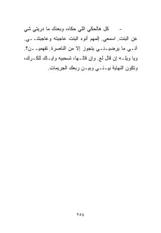 ‫ﻜل ﻫﺎﻟﺤﻜﻲ ﺍﻟﻠﻲ ﺤﻜﺎﻩ، ﻭﺒﻌﺩﻙ ﻤﺎ ﺩﺭﻴﺘﻲ ﺸﻲ‬
‫‪‬‬                                            ‫-‬
‫ﻋﻥ ﺍﻟﺒﻨﺕ. ﺍﺴﻤﻌﻲ. ﺇﻟﻤﻬﻡ ﺃﻨﻭﻩ ﺍﻟﺒﻨﺕ ﻋﺎﺠﺒﺘﻪ ﻭﻋﺎﺠﺒﺘﻨــﻲ.‬
‫ﺁﻨـﻲ ﻤﺎ ﻴﺭﻀﻴـﻨـﻲ ﻴﺘﺠﻭﺯ ﺇﻻ ﻤﻥ ﺍﻟﻨﺎﺼﺭﺓ. ﺘﻔﻬﻤﻴــﻥ؟.‬
‫ﻭﻴﺎ ﻭﻴﻠـﻪ ﺇﻥ ﻗﺎل ﻟﻊ. ﻭﺇﻥ ﻗﺎﻟـﻬﺎ، ﺘﺴﺤﺒﻴﻪ ﻭﺍﻴـﺎﻙ ﻟﻠﻜـﺭﻙ،‬
           ‫ﻭﺘﻜﻭﻥ ﺍﻟﻨﻬﺎﻴﺔ ﺒﻴـﻨـﻲ ﻭﺒﻴـﻥ ﺭﺒﻌﻙ ﺍﻟﺠﺭﻴﻤﺎﺕ.‬




                         ‫٤٥٢‬
 