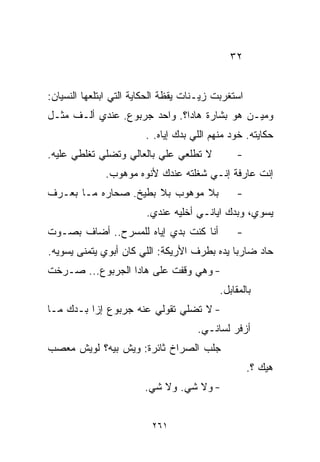 ‫٢٣‬


‫ﺍﺴﺘﻐﺭﺒﺕ ﺯﻴـﻨﺎﺕ ﻴﻘﻅﺔ ﺍﻟﺤﻜﺎﻴﺔ ﺍﻟﺘﻲ ﺍﺒﺘﻠﻌﻬﺎ ﺍﻟﻨﺴﻴﺎﻥ:‬
‫ﻭﻤﻴـﻥ ﻫﻭ ﺒﺸﺎﺭﺓ ﻫﺎﺩﺍ؟. ﻭﺍﺤﺩ ﺠﺭﺒﻭﻉ. ﻋﻨﺩﻱ ﺃﻟـﻑ ﻤﺜـل‬
                        ‫ﺤﻜﺎﻴﺘﻪ. ﺨﻭﺩ ﻤﻨﻬﻡ ﺍﻟﻠﻲ ﺒﺩﻙ ﺇﻴﺎﻩ. .‬
‫ﻻ ﺘﻁﻠﻌﻲ ﻋﻠﻲ ﺒﺎﻟﻌﺎﻟﻲ ﻭﺘﻀﻠﻲ ﺘﻐﻠﻁﻲ ﻋﻠﻴﻪ.‬          ‫-‬
              ‫ﺇﻨﺕ ﻋﺎﺭﻓﺔ ﺇﻨـﻲ ﺸﻐﻠﺘﻪ ﻋﻨﺩﻙ ﻷﻨﻭﻩ ﻤﻭﻫﻭﺏ.‬
‫ﺒﻼ ﻤﻭﻫﻭﺏ ﺒﻼ ﺒﻁﻴﺦ. ﺼ ‪‬ﺎﺭﻩ ﻤـﺎ ﺒﻌـﺭﻑ‬
             ‫ﺤ‬                                 ‫-‬
                        ‫ﻴﺴﻭﻱ، ﻭﺒﺩﻙ ﺍﻴﺎﻨـﻲ ﺃﺨﻠﻴﻪ ﻋﻨﺩﻱ.‬
‫ﺃﻨﺎ ﻜﻨﺕ ﺒﺩﻱ ﺇﻴﺎﻩ ﻟﻠﻤﺴﺭﺡ.. ﺃﻀﺎﻑ ﺒﺼـﻭﺕ‬           ‫-‬
‫ﺤﺎﺩ ﻀﺎﺭﺒﺎ ﻴﺩﻩ ﺒﻁﺭﻑ ﺍﻷﺭﻴﻜﺔ: ﺍﻟﻠﻲ ﻜﺎﻥ ﺃﺒﻭﻱ ﻴﺘﻤﻨﻰ ﻴﺴﻭﻴﻪ.‬
                                            ‫ﹰ‬
‫- ﻭﻫﻲ ﻭﻗﻔﺕ ﻋﻠﻰ ﻫﺎﺩﺍ ﺍﻟﺠﺭﺒﻭﻉ... ﺼـﺭﺨﺕ‬
                                           ‫ﺒﺎﻟﻤﻘﺎﺒل.‬
‫- ﻻ ﺘﻀﻠﻲ ﺘﻘﻭﻟﻲ ﻋﻨﻪ ﺠﺭﺒﻭﻉ ﺇﺯﺍ ﺒـﺩﻙ ﻤـﺎ‬
                                     ‫ﺃﺯﻓﺭ ﻟﺴﺎﻨـﻲ.‬
‫ﺠﻠﺏ ﺍﻟﺼﺭﺍﺥ ﺜﺎﺌﺭﺓ: ﻭﻴﺵ ﺒﻴﻪ؟ ﻟﻭﻴﺵ ﻤﻌﺼﺏ‬
                                                    ‫ﻫﻴﻙ ؟.‬
                        ‫- ﻭﻻ ﺸﻲ. ﻭﻻ ﺸﻲ.‬


                          ‫١٦٢‬
 