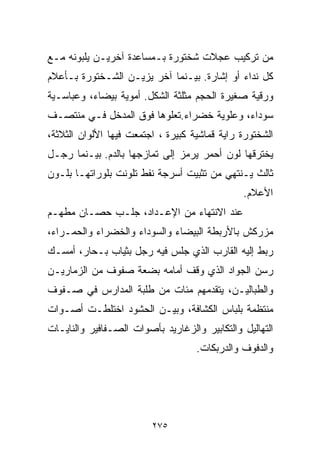 ‫ﻤﻥ ﺘﺭﻜﻴﺏ ﻋﺠﻼﺕ ﺸﺨﺘﻭﺭﺓ ﺒـﻤﺴﺎﻋﺩﺓ ﺁﺨﺭﻴـﻥ ﻴﻠﺒﻭﻨﻪ ﻤـﻊ‬
‫ﻜل ﻨﺩﺍﺀ ﺃﻭ ﺇﺸﺎﺭﺓ. ﺒﻴـﻨﻤﺎ ﺁﺨﺭ ﻴﺯﻴـﻥ ﺍﻟﺸـﺨﺘﻭﺭﺓ ﺒـﺄﻋﻼﻡ‬
‫ﻭﺭﻗﻴﺔ ﺼﻐﻴﺭﺓ ﺍﻟﺤﺠﻡ ﻤﺜﻠﺜﺔ ﺍﻟﺸﻜل. ﺃﻤﻭﻴﺔ ﺒﻴﻀﺎﺀ، ﻭﻋﺒﺎﺴـﻴﺔ‬
‫ﺴﻭﺩﺍﺀ، ﻭﻋﻠﻭﻴﺔ ﺨﻀﺭﺍﺀ.ﺘﻌﻠﻭﻫﺎ ﻓﻭﻕ ﺍﻟﻤﺩﺨل ﻓـﻲ ﻤﻨﺘﺼـﻑ‬
‫ﺍﻟﺸﺨﺘﻭﺭﺓ ﺭﺍﻴﺔ ﻗﻤﺎﺸﻴﺔ ﻜﺒﻴﺭﺓ ، ﺍﺠﺘﻤﻌﺕ ﻓﻴﻬﺎ ﺍﻷﻟﻭﺍﻥ ﺍﻟﺜﻼﺜﺔ،‬
‫ﻴﺨﺘﺭﻗﻬﺎ ﻟﻭﻥ ﺃﺤﻤﺭ ﻴﺭﻤﺯ ﺇﻟﻰ ﺘﻤﺎﺯﺠﻬﺎ ﺒﺎﻟﺩﻡ. ﺒﻴـﻨﻤﺎ ﺭﺠـل‬
‫ﺜﺎﻟﺙ ﻴـﻨﺘﻬﻲ ﻤﻥ ﺘﺜﺒﻴﺕ ﺃﺴﺭﺠﺔ ﻨﻔﻁ ﺘﻠﻭﻨﺕ ﺒﻠﻭﺭﺍﺘﻬـﺎ ﺒﻠـﻭﻥ‬
                                               ‫ﺍﻷﻋﻼﻡ.‬
‫ﻋﻨﺩ ﺍﻻﻨﺘﻬﺎﺀ ﻤﻥ ﺍﻹﻋـﺩﺍﺩ، ﺠﻠـﺏ ﺤﺼـﺎﻥ ﻤﻁﻬـﻡ‬
‫ﻤﺯﺭﻜﺵ ﺒﺎﻷﺭﺒﻁﺔ ﺍﻟﺒﻴﻀﺎﺀ ﻭﺍﻟﺴﻭﺩﺍﺀ ﻭﺍﻟﺨﻀﺭﺍﺀ ﻭﺍﻟﺤﻤـﺭﺍﺀ،‬
‫ﺭﺒﻁ ﺇﻟﻴﻪ ﺍﻟﻘﺎﺭﺏ ﺍﻟﺫﻱ ﺠﻠﺱ ﻓﻴﻪ ﺭﺠل ﺒﺜﻴﺎﺏ ﺒـﺤﺎﺭ، ﺃﻤﺴـﻙ‬
‫ﺭﺴﻥ ﺍﻟﺠﻭﺍﺩ ﺍﻟﺫﻱ ﻭﻗﻑ ﺃﻤﺎﻤﻪ ﺒﻀﻌﺔ ﺼﻔﻭﻑ ﻤﻥ ﺍﻟﺯﻤﺎﺭﻴـﻥ‬
‫ﻭﺍﻟﻁﺒﺎﻟﻴـﻥ، ﻴﺘﻘﺩﻤﻬﻡ ﻤﺌﺎﺕ ﻤﻥ ﻁﻠﺒﺔ ﺍﻟﻤﺩﺍﺭﺱ ﻓﻲ ﺼـﻔﻭﻑ‬
‫ﻤﻨﺘﻅﻤﺔ ﺒﻠﺒﺎﺱ ﺍﻟﻜﺸﺎﻓﺔ، ﻭﺒﻴـﻥ ﺍﻟﺤﺸﻭﺩ ﺍﺨﺘﻠﻁـﺕ ﺃﺼـﻭﺍﺕ‬
‫ﺍﻟﺘﻬﺎﻟﻴل ﻭﺍﻟﺘﻜﺎﺒﻴﺭ ﻭﺍﻟﺯﻏﺎﺭﻴﺩ ﺒﺄﺼﻭﺍﺕ ﺍﻟﺼـﻔﺎﻓﻴﺭ ﻭﺍﻟﻨﺎﻴـﺎﺕ‬
                                    ‫ﻭﺍﻟﺩﻓﻭﻑ ﻭﺍﻟﺩﺭﺒﻜﺎﺕ.‬




                         ‫٥٧٢‬
 