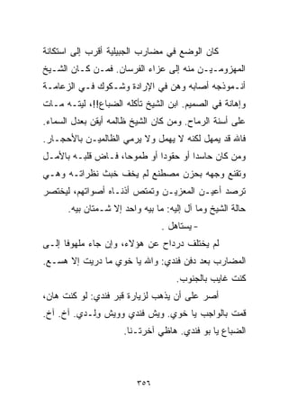 ‫ﻜﺎﻥ ﺍﻟﻭﻀﻊ ﻓﻲ ﻤﻀﺎﺭﺏ ﺍﻟﺠﺒﻴﻠﻴﺔ ﺃﻗﺭﺏ ﺇﻟﻰ ﺍﺴﺘﻜﺎﻨﺔ‬
‫ﺍﻟﻤﻬﺯﻭﻤـﻴـﻥ ﻤﻨﻪ ﺇﻟﻰ ﻋﺯﺍﺀ ﺍﻟﻔﺭﺴﺎﻥ. ﻓﻤـﻥ ﻜـﺎﻥ ﺍﻟﺸـﻴﺦ‬
‫ﺃﻨـﻤﻭﺫﺠﻪ ﺃﺼﺎﺒﻪ ﻭﻫﻥ ﻓﻲ ﺍﻹﺭﺍﺩﺓ ﻭﺸـﻜﻭﻙ ﻓـﻲ ﺍﻟﺯﻋﺎﻤـﺔ‬
‫ﻭﺇﻫﺎﻨﺔ ﻓﻲ ﺍﻟﺼﻤﻴﻡ. ﺍﺒﻥ ﺍﻟﺸﻴﺦ ﺘﺄﻜﻠﻪ ﺍﻟﻀﺒﺎﻉ!!، ﻟﻴﺘـﻪ ﻤـﺎﺕ‬
‫ﻋﻠﻰ ﺃﺴﻨﺔ ﺍﻟﺭﻤﺎﺡ. ﻭﻤﻥ ﻜﺎﻥ ﺍﻟﺸﻴﺦ ﻅﺎﻟﻤﻪ ﺃﻴﻘﻥ ﺒﻌﺩل ﺍﻟﺴﻤﺎﺀ.‬
‫ﻓﺎﷲ ﻗﺩ ﻴﻤﻬل ﻟﻜﻨﻪ ﻻ ﻴﻬﻤل ﻭﻻ ﻴﺭﻤﻲ ﺍﻟﻅﺎﻟﻤﻴـﻥ ﺒﺎﻷﺤﺠـﺎﺭ.‬
‫ﻭﻤﻥ ﻜﺎﻥ ﺤﺎﺴﺩﺍ ﺃﻭ ﺤﻘﻭﺩﺍ ﺃﻭ ﻁﻤﻭﺤﹰ، ﻓـﺎﺽ ﻗﻠﺒـﻪ ﺒﺎﻷﻤـل‬
                   ‫ﺎ‬        ‫ﹰ‬        ‫ﹰ‬
‫ﻭﺘﻘﻨﻊ ﻭﺠﻬﻪ ﺒﺤﺯﻥ ﻤﺼﻁﻨﻊ ﻟﻡ ﻴﺨﻑ ﺨﺒﺙ ﻨﻅﺭﺍﺘـﻪ ﻭﻫـﻲ‬
‫ﺘﺭﺼﺩ ﺃﻋﻴـﻥ ﺍﻟﻤﻌﺯﻴـﻥ ﻭﺘﻤﺘﺹ ﺃﺫﻨـﺎﻩ ﺃﺼﻭﺍﺘﻬﻡ، ﻟﻴﺨﺘﺼﺭ‬
      ‫ﺤﺎﻟﺔ ﺍﻟﺸﻴﺦ ﻭﻤﺎ ﺁل ﺇﻟﻴﻪ: ﻤﺎ ﺒﻴﻪ ﻭﺍﺤﺩ ﺇﻻ ﺸـﻤﺘﺎﻥ ﺒﻴﻪ.‬
                                ‫- ﻴﺴﺘﺎﻫل .‬
‫ﻟﻡ ﻴﺨﺘﻠﻑ ﺩﺭﺩﺍﺡ ﻋﻥ ﻫﺅﻻﺀ، ﻭﺇﻥ ﺠﺎﺀ ﻤﻠﻬﻭﻓﺎ ﺇﻟـﻰ‬
     ‫ﹰ‬
‫ﺍﻟﻤﻀﺎﺭﺏ ﺒﻌﺩ ﺩﻓﻥ ﻓﻨﺩﻱ: ﻭﺍﷲ ﻴﺎ ﺨﻭﻱ ﻤﺎ ﺩﺭﻴﺕ ﺇﻻ ﻫﺴـﻊ.‬
                                    ‫ﻜﻨﺕ ﻏﺎﻴﺏ ﺒﺎﻟﺠﻨﻭﺏ.‬
‫ﺃﺼﺭ ﻋﻠﻰ ﺃﻥ ﻴﺫﻫﺏ ﻟﺯﻴﺎﺭﺓ ﻗﺒﺭ ﻓﻨﺩﻱ: ﻟﻭ ﻜﻨﺕ ﻫﺎﻥ،‬
‫ﻗﻤﺕ ﺒﺎﻟﻭﺍﺠﺏ ﻴﺎ ﺨﻭﻱ. ﻭﻴﺵ ﻓﻨﺩﻱ ﻭﻭﻴﺵ ﻭﻟﹾـﺩﻱ. ﺁﺥ. ﺁﺥ.‬
              ‫ِ‬
                     ‫ﺍﻟﻀﺒﺎﻉ ﻴﺎ ﺒﻭ ﻓﻨﺩﻱ. ﻫﺎﻅﻲ ﺁﺨﺭﺘـﻨﺎ.‬



                         ‫٦٥٣‬
 