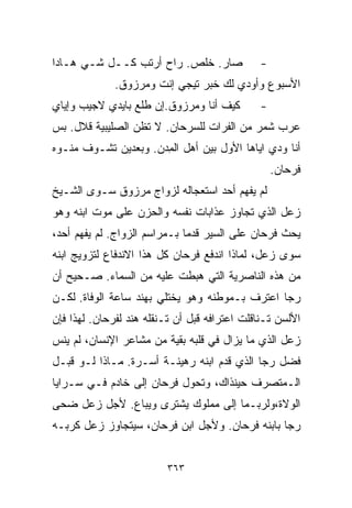 ‫ﺼﺎﺭ. ﺨﻠﺹ. ﺭﺍﺡ ﺃﺭﺘﺏ ﻜــل ﺸـﻲ ﻫـﺎﺩﺍ‬             ‫-‬
              ‫ﺍﻷﺴﺒﻭﻉ ﻭﺃﻭﺩﻱ ﻟﻙ ﺨﺒﺭ ﺘﻴﺠﻲ ﺇﻨﺕ ﻭﻤﺭﺯﻭﻕ.‬
‫ﻜﻴﻑ ﺃﻨﺎ ﻭﻤﺭﺯﻭﻕ.ﺇﻥ ﻁﻠﻊ ﺒﺎﻴﺩﻱ ﻻﺠﻴﺏ ﻭﺇﻴﺎﻱ‬        ‫-‬
‫ﻋﺭﺏ ﺸﻤﺭ ﻤﻥ ﺍﻟﻔﺭﺍﺕ ﻟﻠﺴﺭﺤﺎﻥ. ﻻ ﺘﻅﻥ ﺍﻟﺼﻠﻴﺒﻴﺔ ﻗﻼل. ﺒﺱ‬
‫ﺃﻨﺎ ﻭﺩﻱ ﺍﻴﺎﻫﺎ ﺍﻷﻭل ﺒﻴﻥ ﺃﻫل ﺍﻟ ِﺩﻥ. ﻭﺒﻌﺩﻴﻥ ﺘﺸـﻭﻑ ﻤﻨـﻭﻩ‬
                      ‫ﻤ‬
                                                  ‫ﻓﺭﺤﺎﻥ.‬
‫ﻟﻡ ﻴﻔﻬﻡ ﺃﺤﺩ ﺍﺴﺘﻌﺠﺎﻟﻪ ﻟﺯﻭﺍﺝ ﻤﺭﺯﻭﻕ ﺴـﻭﻯ ﺍﻟﺸـﻴﺦ‬
‫ﺯﻋل ﺍﻟﺫﻱ ﺘﺠﺎﻭﺯ ﻋﺫﺍﺒﺎﺕ ﻨﻔﺴﻪ ﻭﺍﻟﺤﺯﻥ ﻋﻠﻰ ﻤﻭﺕ ﺍﺒﻨﻪ ﻭﻫﻭ‬
‫ﻴﺤﺙ ﻓﺭﺤﺎﻥ ﻋﻠﻰ ﺍﻟﺴﻴﺭ ﻗﺩﻤﺎ ﺒـﻤﺭﺍﺴﻡ ﺍﻟﺯﻭﺍﺝ. ﻟﻡ ﻴﻔﻬﻡ ﺃﺤﺩ،‬
                             ‫ﹰ‬
‫ﺴﻭﻯ ﺯﻋل، ﻟﻤﺎﺫﺍ ﺍﻨﺩﻓﻊ ﻓﺭﺤﺎﻥ ﻜل ﻫﺫﺍ ﺍﻻﻨﺩﻓﺎﻉ ﻟﺘﺯﻭﻴﺞ ﺍﺒﻨﻪ‬
‫ﻤﻥ ﻫﺫﻩ ﺍﻟﻨﺎﺼﺭﻴﺔ ﺍﻟﺘﻲ ﻫﺒﻁﺕ ﻋﻠﻴﻪ ﻤﻥ ﺍﻟﺴﻤﺎﺀ. ﺼـﺤﻴﺢ ﺃﻥ‬
‫ﺭﺠﺎ ﺍﻋﺘﺭﻑ ﺒـﻤﻭﻁﻨﻪ ﻭﻫﻭ ﻴﺨﺘﻠﻲ ﺒﻬﻨﺩ ﺴﺎﻋﺔ ﺍﻟﻭﻓﺎﺓ. ﻟﻜـﻥ‬
‫ﺍﻷﻟﺴﻥ ﺘـﻨﺎﻗﻠﺕ ﺍﻋﺘﺭﺍﻓﻪ ﻗﺒل ﺃﻥ ﺘـﻨﻘﻠﻪ ﻫﻨﺩ ﻟﻔﺭﺤﺎﻥ. ﻟﻬﺫﺍ ﻓﺈﻥ‬
‫ﺯﻋل ﺍﻟﺫﻱ ﻤﺎ ﻴﺯﺍل ﻓﻲ ﻗﻠﺒﻪ ﺒﻘﻴﺔ ﻤﻥ ﻤﺸﺎﻋﺭ ﺍﻹﻨﺴﺎﻥ، ﻟﻡ ﻴﻨﺱ‬
‫ﻓﻀل ﺭﺠﺎ ﺍﻟﺫﻱ ﻗﺩﻡ ﺍﺒﻨﻪ ﺭﻫﻴﻨـﺔ ﺃﺴـﺭﺓ. ﻤـﺎﺫﺍ ﻟـﻭ ﻗﺒـل‬
‫ﺍﻟـﻤﺘﺼﺭﻑ ﺤﻴﻨﺫﺍﻙ، ﻭﺘﺤﻭل ﻓﺭﺤﺎﻥ ﺇﻟﻰ ﺨﺎﺩﻡ ﻓـﻲ ﺴـﺭﺍﻴﺎ‬
‫ﺍﻟﻭﻻﺓ،ﻭﻟﺭﺒـﻤﺎ ﺇﻟﻰ ﻤﻤﻠﻭﻙ ﻴﺸﺘﺭﻯ ﻭﻴﺒﺎﻉ. ﻷﺠل ﺯﻋل ﻀﺤﻰ‬
‫ﺭﺠﺎ ﺒﺎﺒﻨﻪ ﻓﺭﺤﺎﻥ. ﻭﻷﺠل ﺍﺒﻥ ﻓﺭﺤﺎﻥ، ﺴﻴﺘﺠﺎﻭﺯ ﺯﻋل ﻜﺭﺒـﻪ‬


                         ‫٣٦٣‬
 