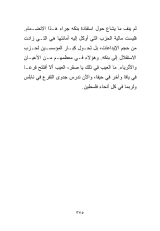 ‫ﻟﻡ ﻴﻨﻑ ﻤﺎ ﻴﺸﺎﻉ ﺤﻭل ﺍﺴﺘﻔﺎﺩﺓ ﺒﻨﻜﻪ ﺠﺭﺍﺀ ﻫـﺫﺍ ﺍﻻﻨﻀـﻤﺎﻡ.‬
‫ﻓﻠﻴﺴﺕ ﻤﺎﻟﻴﺔ ﺍﻟﺤﺯﺏ ﺍﻟﺘﻲ ﺃﻭﻜل ﺇﻟﻴﻪ ﺃﻤﺎﻨﺘﻬﺎ ﻫﻲ ﺍﻟﺘـﻲ ﺯﺍﺩﺕ‬
‫ﻤﻥ ﺤﺠﻡ ﺍﻹﻴﺩﺍﻋﺎﺕ، ﺒل ﺘﺤـﻭل ﻜﺒـﺎﺭ ﺍﻟﻤﺅﺴﺴـﻴﻥ ﻟﺤـﺯﺏ‬
‫ﺍﻻﺴﺘﻘﻼل ﺇﻟﻰ ﺒﻨﻜﻪ. ﻭﻫﺅﻻﺀ ﻓـﻲ ﻤﻌﻅﻤﻬـﻡ ﻤـﻥ ﺍﻷﻋﻴـﺎﻥ‬
‫ﻭﺍﻷﺜﺭﻴﺎﺀ. ﻤﺎ ﺍﻟﻌﻴﺏ ﻓﻲ ﺫﻟﻙ ﻴﺎ ﺼﻘﺭ، ﺍﻟﻌﻴﺏ ﺃﻻ ﺃﻓﺘﺘﺢ ﻓﺭﻋـﺎ‬
‫ﹰ‬           ‫ﹼ‬
‫ﻓﻲ ﻴﺎﻓﺎ ﻭﺁﺨﺭ ﻓﻲ ﺤﻴﻔﺎ، ﻭﺍﻵﻥ ﻨﺩﺭﺱ ﺠﺩﻭﻯ ﺍﻟﺘﻔﺭﻉ ﻓﻲ ﻨﺎﺒﻠﺱ‬
                           ‫ﻭﻟﺭﺒﻤﺎ ﻓﻲ ﻜل ﺃﻨﺤﺎﺀ ﻓﻠﺴﻁﻴﻥ.‬




                         ‫٥٧٣‬
 