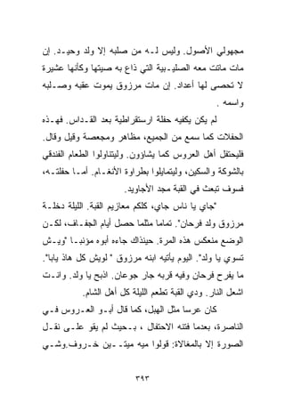 ‫ﻤﺠﻬﻭﻟﻲ ﺍﻷﺼﻭل. ﻭﻟﻴﺱ ﻟـﻪ ﻤﻥ ﺼﻠﺒﻪ ﺇﻻ ﻭﻟﺩ ﻭﺤﻴـﺩ. ﺇﻥ‬
‫ﻤﺎﺕ ﻤﺎﺘﺕ ﻤﻌﻪ ﺍﻟﺼﻠﻴـﺒﻴﺔ ﺍﻟﺘﻲ ﺫﺍﻉ ﺒﻪ ﺼﻴﺘﻬﺎ ﻭﻜﺄﻨﻬﺎ ﻋﺸﻴﺭﺓ‬
‫ﻻ ﺘﺤﺼﻰ ﻟﻬﺎ ﺃﻋﺩﺍﺩ. ﺇﻥ ﻤﺎﺕ ﻤﺭﺯﻭﻕ ﻴﻤﻭﺕ ﻋﻘﺒﻪ ﻭﺼـﻠﺒﻪ‬
                                                  ‫ﻭﺍﺴﻤﻪ .‬
‫ﻟﻡ ﻴﻜﻥ ﻴﻜﻔﻴﻪ ﺤﻔﻠﺔ ﺍﺭﺴﺘﻘﺭﺍﻁﻴﺔ ﺒﻌﺩ ﺍﻟﻘـﺩﺍﺱ. ﻓﻬـﺫﻩ‬
‫ﺍﻟﺤﻔﻼﺕ ﻜﻤﺎ ﺴﻤﻊ ﻤﻥ ﺍﻟﺠﻤﻴﻊ، ﻤﻅﺎﻫﺭ ﻭﻤﺠﻌﺼﺔ ﻭﻗﻴل ﻭﻗﺎل.‬
‫ﻓﻠﻴﺤﺘﻔل ﺃﻫل ﺍﻟﻌﺭﻭﺱ ﻜﻤﺎ ﻴﺸﺎﺅﻭﻥ. ﻭﻟﻴﺘﻨﺎﻭﻟﻭﺍ ﺍﻟﻁﻌﺎﻡ ﺍﻟﻔﻨﺩﻗﻲ‬
‫ﺒﺎﻟﺸﻭﻜﺔ ﻭﺍﻟﺴﻜﻴﻥ، ﻭﻟﻴﺘﻤﺎﻴﻠﻭﺍ ﺒﻁﺭﺍﻭﺓ ﺍﻷﻨﻐـﺎﻡ. ﺃﻤـﺎ ﺤﻔﻠﺘـﻪ،‬
                       ‫ﻓﺴﻭﻑ ﺘﺒﻌﺙ ﻓﻲ ﺍﻟﻘﺒﺔ ﻤﺠﺩ ﺍﻷﺠﺎﻭﻴﺩ.‬
‫"ﺠﺎﻱ ﻴﺎ ﻨﺎﺱ ﺠﺎﻱ، ﻜﻠﻜﻡ ﻤﻌﺎﺯﻴﻡ ﺍﻟﻘﺒﺔ. ﺍﻟﻠﻴﻠﺔ ﺩﺨﻠـﺔ‬
‫ﻤﺭﺯﻭﻕ ﻭﻟﺩ ﻓﺭﺤﺎﻥ". ﺘﻤﺎﻤﺎ ﻤﺜﻠﻤﺎ ﺤﺼل ﺃﻴﺎﻡ ﺍﻟﺠﻔـﺎﻑ، ﻟﻜـﻥ‬
                             ‫ﹰ‬
‫ﺍﻟﻭﻀﻊ ﻤﻨﻌﻜﺱ ﻫﺫﻩ ﺍﻟﻤﺭﺓ. ﺤﻴﻨﺫﺍﻙ ﺠﺎﺀﻩ ﺃﺒﻭﻩ ﻤﺅﻨﺒـﺎ "ﻭﻴـﺵ‬
      ‫ﹰ‬
‫ﺘﺴﻭﻱ ﻴﺎ ﻭﻟﺩ". ﺍﻟﻴﻭﻡ ﻴﺄﺘﻴﻪ ﺍﺒﻨﻪ ﻤﺭﺯﻭﻕ " ﻟﻭﻴﺵ ﻜل ﻫﺎﺫ ﻴﺎﺒﺎ".‬
‫ﻤﺎ ﻴﻔﺭﺡ ﻓﺭﺤﺎﻥ ﻭﻓﻴﻪ ﻗﺭﺒﻪ ﺠﺎﺭ ﺠﻭﻋﺎﻥ. ﺍﺫﺒﺢ ﻴﺎ ﻭﻟﺩ. ﻭﺍﻨـﺕ‬
           ‫ﺍﺸﻌل ﺍﻟﻨﺎﺭ. ﻭﺩﻱ ﺍﻟﻘﺒﺔ ﺘﻁﻌﻡ ﺍﻟﻠﻴﻠﺔ ﻜل ﺃﻫل ﺍﻟﺸﺎﻡ.‬
‫ﻜﺎﻥ ﻋﺭﺴﺎ ﻤﺜل ﺍﻟﻬﺒل، ﻜﻤﺎ ﻗﺎل ﺃﺒـﻭ ﺍﻟﻌـﺭﻭﺱ ﻓـﻲ‬
                                    ‫ﹰ‬
‫ﺍﻟﻨﺎﺼﺭﺓ، ﺒﻌﺩﻤﺎ ﻓﺘﻨﻪ ﺍﻻﺤﺘﻔﺎل ، ﺒـﺤﻴﺙ ﻟﻡ ﻴﻘﻭ ﻋﻠـﻰ ﻨﻘـل‬
‫ﺍﻟﺼﻭﺭﺓ ﺇﻻ ﺒﺎﻟﻤﻐﺎﻻﺓ: ﻗﻭﻟﻭﺍ ﻤ ‪‬ﻪ ﻤﻴﺘــﻴﻥ ﺨـﺭﻭﻑ.ﻭﺸـﻲ‬
                    ‫ﻴ‬


                          ‫٣٩٣‬
 