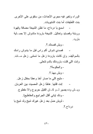 ‫ﺍﻟﻭﺭﺍﺀ ﻭﺘﻐﻴﺭ ﻓﻴﻪ ﻤﺠﺭﻯ ﺍﻷﺤﺩﺍﺙ، ﻤﻥ ﺴﺘﻘﻭﻯ ﻋﻠﻰ ﺍﻷﺨﺭﻯ.‬
                         ‫ﺒﻨﺕ ﺍﻟﻠﻁﻴﻔﺎﺕ ﺃﻤﺎ ﺒﻨﺕ ﺍﻟﺸﺘﻴﻭﻴﺎﺕ.‬
‫ﺍﺴﻤﻊ ﻴﺎ ﺩﺭﺩﺍﺡ، ﻤﺎ ﺘﻅﻥ ﺍﻟﺸﻴﺨﺔ ﻤﻀﺎﻓﺔ ﻭﻗﻬﻭﺓ‬       ‫-‬
‫ﻭﺭﺒﺎﺒﺔ ﻭﻗﺼﺎﻴﺩ ﻭﺘﻌﺎﻟﻴل. ﺍﻟﺸﻴﺨﺔ ﺒﺎﺭﻭﺩﺓ ﻤﺎﺘﺩﻭﺵ ﺇﻻ ﺒﺼـﻠﻴﺔ‬
                                                   ‫ﺒﺎﺭﻭﺩ.‬
                           ‫- ﻭﻴﺵ ﻗﺼﺩﻙ.؟.‬
‫ﻗﺼﺩﻱ ﺘﺩﻭﺵ ﺃﻜﻡ ﺭﺍﺱ ﻗﺒل ﻤﺎ ﻴﻨﺩﻭﺵ ﺭﺍﺴﻙ‬            ‫-‬
‫ﺒﺎﻟﺴﻭﺍﻟﻴﻑ. ﻭﺇﻥ ﻜﺎﻨﺕ ﺒﺎﺭﻭﺩﺓ ﺯﻋل ﻤﺎ ﺘﺴﺘﻨﻰ. ﺯﻋل ﻤـﺎﺕ.‬
                     ‫ﻭﺇﻨﺕ ﺍﻟﻠﻲ ﻗﻠﺕ، ﺒﺎﺭﻭﺩﺘﻙ ﺒﺎﻟﺩﻡ ﺘﺘﺤﻠﻰ.‬
                                ‫- ﻭﺍﻟﺤﻜﻭﻤﺔ؟.‬
                              ‫- ﻭﻴﺵ ﺒﻴﻬﺎ.؟.‬
  ‫- ﻤﻠﻴﺢ ﺍﻟﻠﻲ ﻤﺎ ﺼﺎﺭ ﺃﺨﺫ ﻭﻋﻁﺎ ﺒﻤﻘﺘل ﺯﻋل.‬
‫ﺇﻨﺕ ﻗﻠﺘﻬﺎ. ﻫﺎﻅﺎ ﺯﻋل ﺍﻟﻤﺼ ‪‬ﺕ ﺒﻴﻥ ﺍﻟﻌﺭﺒﺎﻥ.‬
              ‫ﻴ‬                                ‫-‬
  ‫ﻭﻴـﺵ ﻭ ‪‬ﻩ ﻴﺼﻴﺭ ﻟـﻭ ﻜـﺎﻥ ﺍﻟﻘﺘﻴل ﺠﺭﺒﻭﻉ ﻭﺍﻻ ﻤﻘﻁﻭﻉ.‬
                                         ‫ﺩ‬
       ‫- ﻭﺩﻙ ﺇﻴﺎﻨﻲ ﺃﻗﺘل ﺍﻟﺠﺭﺍﺒﻴﻊ ﻭﺍﻟﻤﻘﺎﻁﻴﻊ!.‬
‫- ﻟﻭﻴﺵ ﻀل ﺒﻌﺩ ﺯﻋل ﻏﻴﺭﻙ ﺸﻴﺦ ﻭﻟﺩ ﺸﻴﺦ ﻴﺎ‬
                                           ‫ﺩﺭﺩﺍﺡ.؟.‬



                          ‫٠٣٤‬
 