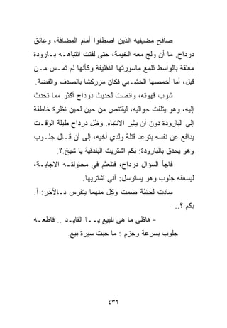 ‫ﺼﺎﻓﺢ ﻤﻀﻴﻔﻴﻪ ﺍﻟﺫﻴﻥ ﺍﺼﻁﻔﻭﺍ ﺃﻤﺎﻡ ﺍﻟﻤﻀﺎﻓﺔ، ﻭﻋﺎﻨﻕ‬
‫ﺩﺭﺩﺍﺡ. ﻤﺎ ﺃﻥ ﻭﻟﺞ ﻤﻌﻪ ﺍﻟﺨﻴﻤﺔ، ﺤﺘﻰ ﻟﻔﺘﺕ ﺍﻨﺘﺒﺎﻫـﻪ ﺒـﺎﺭﻭﺩﺓ‬
‫ﻤﻌﻠﻘﺔ ﺒﺎﻟﻭﺍﺴﻁ ﺘﻠﻤﻊ ﻤﺎﺴﻭﺭﺘﻬﺎ ﺍﻟﻨﻅﻴﻔﺔ ﻭﻜﺄﻨﻬﺎ ﻟﻡ ﺘﻤـﺱ ﻤـﻥ‬
‫ﻗﺒل، ﺃﻤﺎ ﺃﺨﻤﺼﻬﺎ ﺍﻟﺨﺸـﺒﻲ ﻓﻜﺎﻥ ﻤﺯﺭﻜﺸﺎ ﺒﺎﻟﺼﺩﻑ ﻭﺍﻟﻔﻀﺔ.‬
               ‫ﹰ‬
‫ﺸﺭﺏ ﻗﻬﻭﺘﻪ، ﻭﺃﻨﺼﺕ ﻟﺤﺩﻴﺙ ﺩﺭﺩﺍﺡ ﺃﻜﺜﺭ ﻤﻤﺎ ﺘﺤﺩﺙ‬
‫ﺇﻟﻴﻪ، ﻭﻫﻭ ﻴﺘﻠﻔﺕ ﺤﻭﺍﻟﻴﻪ، ﻟﻴﻘﺘﻨﺹ ﻤﻥ ﺤﻴﻥ ﻟﺤﻴﻥ ﻨﻅﺭﺓ ﺨﺎﻁﻔﺔ‬
‫ﺇﻟﻰ ﺍﻟﺒﺎﺭﻭﺩﺓ ﺩﻭﻥ ﺃﻥ ﻴﺜﻴﺭ ﺍﻻﻨﺘﺒﺎﻩ. ﻭﻅل ﺩﺭﺩﺍﺡ ﻁﻴﻠﺔ ﺍﻟﻭﻗـﺕ‬
‫ﻴﺩﺍﻓﻊ ﻋﻥ ﻨﻔﺴﻪ ﺒﺘﻭﻋﺩ ﻗﺘﻠﺔ ﻭﻟﺩﻱ ﺃﺨﻴﻪ، ﺇﻟﻰ ﺃﻥ ﻗـﺎل ﺠﻠـﻭﺏ‬
       ‫ﻭﻫﻭ ﻴﺤﺩﻕ ﺒﺎﻟﺒﺎﺭﻭﺩﺓ: ﺒﻜﻡ ﺍﺸﺘﺭﻴﺕ ﺍﻟﺒﻨﺩﻗﻴﺔ ﻴﺎ ﺸﻴﺦ.؟.‬
‫ﻓﺎﺠﺄ ﺍﻟﺴﺅﺍل ﺩﺭﺩﺍﺡ، ﻓﺘﻠﻌﺜﻡ ﻓﻲ ﻤﺤﺎﻭﻟﺘـﻪ ﺍﻹﺠﺎﺒـﺔ،‬
                ‫ﻟﻴﺴﻌﻔﻪ ﺠﻠﻭﺏ ﻭﻫﻭ ﻴﺴﺘﺭﺴل: ﺁﻨﻲ ﺍﺸﺘﺭﻴﻬﺎ.‬
‫ﺴﺎﺩﺕ ﻟﺤﻅﺔ ﺼﻤﺕ ﻭﻜل ﻤﻨﻬﻤﺎ ﻴﺘﻔﺭﺱ ﺒـﺎﻵﺨﺭ: ﺁ.‬
                                                 ‫ﺒﻜﻡ ؟..‬
‫- ﻫﺎﻅﻲ ﻤﺎ ﻫﻲ ﻟﻠﺒﻴﻊ ﻴــﺎ ﺍﻟﻘﺎﻴـﺩ .. ﻗﺎﻁﻌـﻪ‬
           ‫ﺠﻠﻭﺏ ﺒﺴﺭﻋﺔ ﻭﺤﺯﻡ : ﻤﺎ ﺠﺒﺕ ﺴﻴﺭﺓ ﺒﻴﻊ.‬




                         ‫٦٣٤‬
 