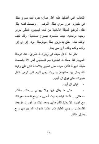 ‫ﺍﻟﻠﻌﻨﺎﺕ ﺍﻟﺘﻲ ﺃﻏﺩﻗﻬﺎ ﻋﻠﻴﻪ ﺃﻫل ﻋﻤﺎﻥ: ﺒ ‪‬ﻭﻩ ﺇﻨﺕ ﻴﺴﻭﻱ ﺒﻁل‬
               ‫ﺩ‬
‫ﻓﻲ ﻁ ‪‬ﺎﺭﺓ. ﻫﻭﻥ ﺴﻭﻱ ﺒﻁل ﺃﺸﻭﻑ.... ﻭﻀﻐﻁ ﻗﺩﻤﻪ ﺒﻜل‬
                                       ‫ﻴ‬
‫ﺜﻘﻠﻪ، ﻟﺘﺭﺘﻔﻊ ﺍﻟﻌﺠﻠﺔ ﺍﻷﻤﺎﻤﻴﺔ ﻤﻥ ﺸﺩﺓ ﺍﻟﻬﻴﺠﺎﻥ، ﻓﻐﻁﻰ ﺠﺭﻴﺭ‬
‫ﻭﺠﻬﻪ ﺒﺭﺍﺤﺘﻴﻪ، ﺒﻴﻨﻤﺎ ﻤﻘﺼﻭﺩ ﻴﺼﺭﺥ ﻤﺴﺘﻐﻴﺜﺎ: ﻭﻟﻙ ﻜﻴﻑ‬
         ‫ﹰ‬
‫ﺃﻭﻗﻑ ﻫﺎﺩﺍ. ﻋﹼﻕ ﺒﻨـﺯﻴﻥ. ﺒ ﹼل ﻤﻭﺘﻭﺴﻜل ﻴﺭﺩ. ﺇﻱ ﺇﻱ ﺇﻱ.‬
                        ‫ﻁ‬            ‫ﻠ‬
                          ‫ﻭﻟﻙ، ﻭﻟﻙ، ﻭﻟﻙ، ﺁﺥ. ﺴﻲ ﺒﺨﺎ.‬
‫ﺃﻜﺜﺭ ﻤﺎ ﺃﺫﻫل ﺴﻴﻑ ﻓﻲ ﺯﻴﺎﺭﺘـﻪ ﻟﻠﻌﺭﺍﻕ، ﺘﻠﻙ ﺍﻟﺭﺤﻠﺔ‬
‫ﺍﻟﺠﻭﻴﺔ. ﻓﻘﺩ ﺤﻤﻠﺘـﻪ ﺍﻟﻁﺎﺌﺭﺓ ﻤﻊ ﻓﻠﺴﻁﻴﻨﻲ ﺁﺨﺭ ﻻﺫ ﺒﺎﻟﺼﻤﺕ‬
‫ﻁﻴﻠﺔ ﺍﻟﺠﻭﻟﺔ ﻓﺄﺜﻘل ﺴﻴﻑ ﻋﻠﻰ ﺍﻟﻁﻴﺎﺭ ﺒﺎﻷﺴﺌﻠﺔ ﺍﻟﺘﻲ ﻅﻥ ﺭﻓﻴﻘﻪ‬
‫ﺃﻨﻪ ﻴﺴﺘﺭ ﺒﻬﺎ ﻤﺨﺎﻭﻓﻪ: ﻴﺎ ﺭﻴﺕ ﻴﺠﻲ ﺍﻟﻴﻭﻡ ﺍﻟﻠﻲ ﺘﺭﻤﻲ ﻗﻨﺎﺒل‬
                               ‫ﻁﻴﺎﺭﺘﻙ ﻫﺎﻱ ﻓﻭﻕ ﺘل ﺃﺒﻴﺏ.‬
                                     ‫ﻟﻴﺵ ﺘل ﺃﺒﻴﺏ.‬    ‫-‬
‫ﺤﺘﻰ ﻤﺎ ﻴﻅل ﻓﻴﻬﺎ ﻭﻻ ﻴﻬﻭﺩﻱ... ﻤﺎﻟﻙ ﺴﻜﺕ.‬                ‫-‬
‫ﺴﻤﻌﺘﻨﻲ... ﻓﺄﻋﺎﺩ ﻗﻭﻟﻪ ﺒﺼﻭﺕ ﺃﻋﻠﻰ: ﻤﺎ ﺭﺍﺡ ﺘﻨﺤﺴﻡ ﻤﻌﺭﻜﺘﻨﺎ‬
‫ﻤﻊ ﺍﻟﻴﻬﻭﺩ ﺇﻻ ﺒﻁﻴﺎﺭﺍﺘﻜﻡ ﻫﺎﻱ. ﻴﺴﻌﺩ ﺩﻴﻨﻙ ﻴﺎ ﺃﻨﻭﺭ ﻟﻭ ﺘﺭﺠﻌﻨﺎ‬
‫ﻟﻔﻠﺴﻁﻴﻥ ﺒـﻬﺎﻱ ﺍﻟﻁﻴﺎﺭﺍﺕ. ﺨﻠﻴﻨﺎ ﻨﺸﻭﻑ ﻜﻡ ﻴﻬﻭﺩﻱ ﺭﺍﺡ‬
                                            ‫ﻴﻀل ﻫﻨﺎﻙ.‬



                         ‫٠٥٢‬
 