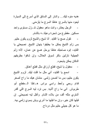 ‫ﻫﺩﻴﻪ ﻤﻨﻭﻩ ﻟﻴﻙ... ﻭﺍﺸﺎﺭ ﺇﻟﻰ ﺍﻟﺴﺎﺌﻕ ﺍﻟﺫﻱ ﺃﺴﺭﻉ ﺇﻟﻰ ﺍﻟﺴﻴﺎﺭﺓ‬
               ‫ﻟﻴﻌﻭﺩ ﻤﻨﻬﺎ ﺒﺎﻟﺴﺭﺝ: ﻫﺎﻅﺎ ﺍﻟﺴﺭﺝ ﻤﺎ ﻴﻠﺯﻤﻨﻲ.‬
‫ﺍﻟﺭﺠل ﻴﻌﺘﺫﺭ، ﻭﺍﻨﺕ ﻤﺎﻫﻭ ﻤﻌﻘﻭل ﺘﻨـﺯل ﻤﺴﺘﻭﻯ ﻭﺍﺤﺩ‬        ‫-‬
               ‫ﻤﺴﻜﻴﻥ. ﻤﻘﻁﻭﻉ ﻤﻥ ﺸﺠﺭﺓ ﻭﻋﻴﻠﺘـﻪ ﺒﺎﻟﺸﺎﻡ.‬
‫ﺘﻘﻭل ﺼﺞ ﻴﺎ ﺍﻟﻘﺎﻴﺩ. ﺃﻨﺎ ﺸﻴﺦ ﻭﺍﻟﺸﻴﺦ ﻟﺯﻭﻡ ﻴﻜﻭﻥ ﺤﻠﻴﻡ.‬    ‫-‬
‫ﺒﺱ ﺯﻟﻡ ﺍﻟﺸﻴﺦ ﻴﻤﻜﻥ ﻤﺎ ﻴﻁﻴﻘﻭﺍ ﻴﻨﻬﺎﻥ ﺍﻟﺸﻴﺦ. ﻨﺼﻴﺤﺘﻲ ﻴﺎ‬
‫ﺍﻟﻘﺎﻴﺩ، ﺇﻨﻭﻩ ﺼﺎﺤﺒﻙ ﻫﺎﻅﺎ ﻴﺭﺤل ﻫﺴﻊ ﻋﻥ ﻋﻤﺎﻥ، ﻷﻨﻪ ﺯﻟﻡ‬
‫ﺍﻟﺠﺒﻴﻠﻴﺔ ﻨﺎﺯﻟﻴﻥ ﺒﺎﻜﺭ ﻟﺴﻭﻕ ﺍﻟﺤﻼل، ﻭﺇﻥ ﺸﺎﻓﻭﺍ ﺒﻁﺭﻴﻘﻬﻡ‬
                                    ‫ﺍﻟﺩﻜﺎﻥ ﻴﻤﻜﻥ ﻴﺫﺒﺤﻭﻩ.‬
         ‫ﻤﻌﻘﻭل ﻴﺎ ﺸﻴﺦ، ﻗﻁﻊ ﺃﺭﺯﺍﻕ ﻤﺜل ﻗﻁﻊ ﺃﻋﻨﺎﻕ.‬      ‫-‬
‫ﺍﺴﻤﻊ ﻴﺎ ﺍﻟﻘﺎﻴﺩ، ﺁﻨﻲ ﻤﺜل ﻤﺎ ﻗﻠﺕ ﻟﻴﻙ. ﻟﺯﻭﻡ ﺍﻟﺸﻴﺦ‬       ‫-‬
‫ﻴﻜﻭﻥ ﺤﻠﻴﻡ، ﺒﺱ ﻤﺎ ﺃﻀﻤﻥ ﺯﻟﻤﻲ. ﻤﻨﺸﺎﻥ ﻫﻴﻙ ﻤﺎ ﺭﺍﺡ ﺃﺼﻐﺭ‬
‫ﻗﺩﺍﻡ ﺭﺒﻌﻲ ﻭﺃﺤﻁ ﺭﺍﺴﻲ ﺒﺭﺍﺱ ﻫـﺎﻅﺎ ﺍﻟـﻤﻘ ﹼﻊ ﺃﺒﻭ‬
     ‫ﻁ‬
‫ﻁﺭﺒﻭﺵ. ﺁﻨﻲ ﻤﺎ ﺭﺍﺡ ﺃﺃﺫﻴﻪ. ﺒﺱ ﺘﺭﺩ ﻟﻴﻪ ﺍﻟﺴﺭﺝ ﺍﻟﻠﻲ ﺃﻗﺩﺭ‬
‫ﺃﺸﺘﺭﻱ ﻤﺜﻠﻪ ﺃﻟﻑ ﻤﻥ ﺒﻼﺩﻩ ﺍﻟﺸﺎﻡ. ﻭﺃﻨﻘل ﻟﻴﻪ ﻨﺼﻴﺤﺘﻲ. ﺇﻥ‬
‫ﻗﺒﻠﻬﺎ ﻜﺎﻥ ﺨﻴﺭ، ﻭﺇﻥ ﻤﺎ ﻗﺒﻠﻬﺎ ﻤﺎ ﺃﺩﺭﻱ ﻭﻴﺵ ﻴﺴﻭﻱ ﺯﻟﻤﻲ ﺒﻴﻪ.‬
                        ‫ﻤﺎ ﻫﻭ ﻜل ﺠﺒﻴﻠﻲ ﺤﻠﻴﻡ ﻤﺜل ﺩﺭﺩﺍﺡ.‬



                         ‫٠٢٣‬
 