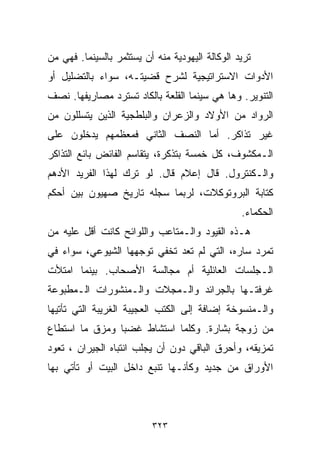 ‫ﺘﺭﻴﺩ ﺍﻟﻭﻜﺎﻟﺔ ﺍﻟﻴﻬﻭﺩﻴﺔ ﻤﻨﻪ ﺃﻥ ﻴﺴﺘﺜﻤﺭ ﺒﺎﻟﺴﻴﻨﻤﺎ. ﻓﻬﻲ ﻤﻥ‬
‫ﺍﻷﺩﻭﺍﺕ ﺍﻻﺴﺘﺭﺍﺘﻴﺠﻴﺔ ﻟﺸﺭﺡ ﻗﻀﻴﺘـﻪ، ﺴﻭﺍﺀ ﺒﺎﻟﺘﻀﻠﻴل ﺃﻭ‬
‫ﺍﻟﺘﻨﻭﻴﺭ. ﻭﻫﺎ ﻫﻲ ﺴﻴﻨﻤﺎ ﺍﻟﻘﻠﻌﺔ ﺒﺎﻟﻜﺎﺩ ﺘﺴﺘﺭﺩ ﻤﺼﺎﺭﻴﻔﻬﺎ. ﻨﺼﻑ‬
‫ﺍﻟﺭﻭﺍﺩ ﻤﻥ ﺍﻷﻭﻻﺩ ﻭﺍﻟﺯﻋﺭﺍﻥ ﻭﺍﻟﺒﻠﻁﺠﻴﺔ ﺍﻟﺫﻴﻥ ﻴﺘﺴﻠﻠﻭﻥ ﻤﻥ‬
‫ﻏﻴﺭ ﺘﺫﺍﻜﺭ. ﺃﻤﺎ ﺍﻟﻨﺼﻑ ﺍﻟﺜﺎﻨﻲ ﻓﻤﻌﻅﻤﻬﻡ ﻴﺩﺨﻠﻭﻥ ﻋﻠﻰ‬
‫ﺍﻟـﻤﻜﺸﻭﻑ، ﻜل ﺨﻤﺴﺔ ﺒﺘﺫﻜﺭﺓ، ﻴﺘﻘﺎﺴﻡ ﺍﻟﻔﺎﺌﺽ ﺒﺎﺌﻊ ﺍﻟﺘﺫﺍﻜﺭ‬
‫ﻭﺍﻟـﻜﻨﺘﺭﻭل. ﻗﺎل ﺇﻋﻼﻡ ﻗﺎل. ﻟﻭ ﺘﺭﻙ ﻟﻬﺫﺍ ﺍﻟﻔﺭﻴﺩ ﺍﻷﺩﻫﻡ‬
‫ﻜﺘﺎﺒﺔ ﺍﻟﺒﺭﻭﺘﻭﻜﻼﺕ، ﻟﺭﺒﻤﺎ ﺴﺠﻠﻪ ﺘﺎﺭﻴﺦ ﺼﻬﻴﻭﻥ ﺒﻴﻥ ﺃﺤﻜﻡ‬
                                                 ‫ﺍﻟﺤﻜﻤﺎﺀ.‬
‫ﻫـﺫﻩ ﺍﻟﻘﻴﻭﺩ ﻭﺍﻟـﻤﺘﺎﻋﺏ ﻭﺍﻟﻠﻭﺍﺌﺢ ﻜﺎﻨﺕ ﺃﻗل ﻋﻠﻴﻪ ﻤﻥ‬
‫ﺘﻤﺭﺩ ﺴﺎﺭﻩ، ﺍﻟﺘﻲ ﻟﻡ ﺘﻌﺩ ﺘﺨﻔﻲ ﺘﻭﺠﻬﻬﺎ ﺍﻟﺸﻴﻭﻋﻲ، ﺴﻭﺍﺀ ﻓﻲ‬
‫ﺍﻟـﺠﻠﺴﺎﺕ ﺍﻟﻌﺎﺌﻠﻴﺔ ﺃﻡ ﻤﺠﺎﻟﺴﺔ ﺍﻷﺼﺤﺎﺏ. ﺒﻴﻨﻤﺎ ﺍﻤﺘﻸﺕ‬
‫ﻏﺭﻓﺘـﻬﺎ ﺒﺎﻟﺠﺭﺍﺌﺩ ﻭﺍﻟـﻤﺠﻼﺕ ﻭﺍﻟـﻤﻨﺸﻭﺭﺍﺕ ﺍﻟـﻤﻁﺒﻭﻋﺔ‬
‫ﻭﺍﻟـﻤﻨﺴﻭﺨﺔ ﺇﻀﺎﻓﺔ ﺇﻟﻰ ﺍﻟﻜﺘﺏ ﺍﻟﻌﺠﻴﺒﺔ ﺍﻟﻐﺭﻴﺒﺔ ﺍﻟﺘﻲ ﺘﺄﺘﻴﻬﺎ‬
‫ﻤﻥ ﺯﻭﺠﺔ ﺒﺸﺎﺭﺓ. ﻭﻜﻠﻤﺎ ﺍﺴﺘﺸﺎﻁ ﻏﻀﺒﺎ ﻭﻤﺯﻕ ﻤﺎ ﺍﺴﺘﻁﺎﻉ‬
               ‫ﹰ‬
‫ﺘﻤﺯﻴﻘﻪ، ﻭﺃﺤﺭﻕ ﺍﻟﺒﺎﻗﻲ ﺩﻭﻥ ﺃﻥ ﻴﺠﻠﺏ ﺍﻨﺘﺒﺎﻩ ﺍﻟﺠﻴﺭﺍﻥ ، ﺘﻌﻭﺩ‬
‫ﺍﻷﻭﺭﺍﻕ ﻤﻥ ﺠﺩﻴﺩ ﻭﻜﺄﻨـﻬﺎ ﺘﻨﺒﻊ ﺩﺍﺨل ﺍﻟﺒﻴﺕ ﺃﻭ ﺘﺄﺘﻲ ﺒﻬﺎ‬



                          ‫٣٢٣‬
 